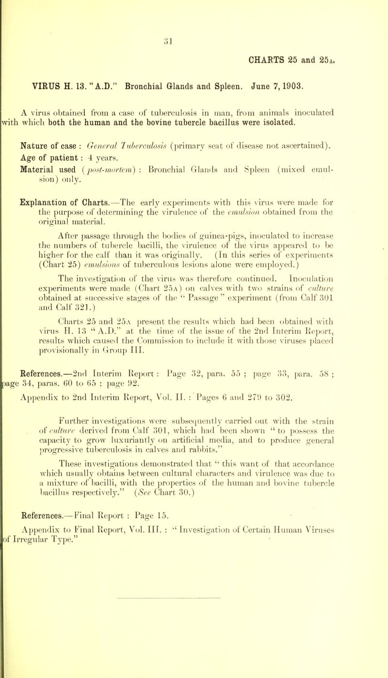 3] CHARTS 25 and 25a. VIRUS H. 13.  A.D. Bronchial Glands and Spleen. June 7,1903. A virus obtained from a case of tuberculosis in man, from animals inoculated with which both the human and the bovine tubercle bacillus were isolated. Nature of case : General Juberculosis (primary seat of disease not ascertained). Age of patient : 4 years. Material used {post-mortem): Bronchial Glands and Spleen (mixed emul- sion) only. Explanation of Charts.—The early experiments with this virus were made for the purpose of determining the virulence of the emulsion obtained from the original material. After passage through the bodies of guinea-pigs, inoculated to increase the numbers of tubercle bacilli, the virulence of the virus appeared to be higher for the calf than it was originally. (In this series of experiments (Chart 25) emulsions of tuberculous lesions alone were employed.) The investigation of the virus was therefore continued. Inoculation experiments were made (Chart 25a) on calves with two strains of culture obtained at successive stages of the  Passage experiment (from Calf .301 and Calf 321.) Charts 25 and 25a |)resent the results which had been obtained with virus H. 13  A.D. at the time of the issue of the 2nd Interim Report, results which caused the Commission to include it with those viruses placed provisionally in Group III. References.—2nd Interim Report: Page 32, para. 55 ; page 33, para. 58 ; mge 34, paras. 60 to 65 ; page 92. Appendix to 2nd Interim Report, Vol. II. : Pages 6 and 271J to 302. Further investigations were subse(|uently carried out with the strain of vulture derived from Calf 301, which had been shown  to possess the capacity to grow luxuriantly on artificial media, and to produce general proo;'ressive tuberculosis in calves and rabbits. These investigations demonstrated that  this want of that accordance which usually obtains between cultural characters and virulence was due to a mixture of bacilli, with the properties of the human and bovine tubercle bacillus respectively. {See Chart 30.) References.—Final Report : Page 15. Appendix to Final Report, Vol. III. :  Investigation of Certain Human Viruses of Irregular Type.