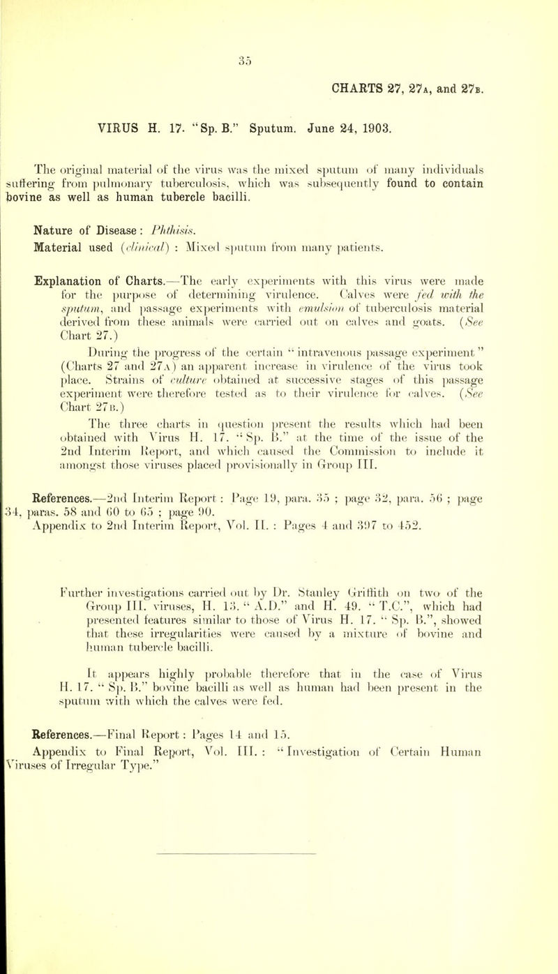 35 CHARTS 27, 27a, and 27b. VIRUS H. 17. Sp. B. Sputum. June 24, 1903. The original material of the virus was the mixed sputum of many individuals suffering from ixdmonarj tuberculosis, which was subsequently found to contain ]3ovine as well as human tubercle bacilli. Nature of Disease : Phthisis. Material used {clinicdl) : Mixed s])utum from many patients. Explanation of Charts.—The early experiments with this virus were made for the purpose of determining viridence. Clalves were fed with the sputum^ and ])assage experiments Avith enwlsio)/ of tuberculosis material derived from these animals were carried out on calves and goats. [See Chart 27.) During the progress of the certain  intravenous passage experiment (Charts 27 and 27a) an apparent increase in virulence of the virus took place. Strains of culture obtained at successive stages of this passage experiment were therefore tested as to their virulence for calves. {See Chart 27 b.) The three charts in question present the results which had been obtained with A irus H. 17. Sp. B. at the time of the issue of the 2nd Interim Iveport, and Avhich caused the Commission to include it amongst those viruses placed provisionally in Group III. References.—2nd Interim Report: Page 19, para. 85 ; page 32, para. 56 ; page 34, paras. 58 and (JO to ()5 ; page 00. Appendix to 2nd Interim Report, Vol. IL : Pages 4 and 3!)7 to 452. Further investigations carried out by Dr. Stanley Gritiith on tAvo of the Group III. viruses, H. 13.  A.D. and H. 49.  T.C., which had presented features similar to those of Virus H. 17.  Sp. B., showed that these irregularities were caused by a mixture of bovine and human tubercle bacilli. [t appears highly probable therefore that in the case of Virus H. 17.  Sp. B. bovine bacilli as well as human had been present in the sputum with AAdiich the calves were fed. References.—Final Report : Pages 14 and 15. Appendix to Final Report, Vol. III. :  Investigation of Certain Human \'iruses of Irregular Type.