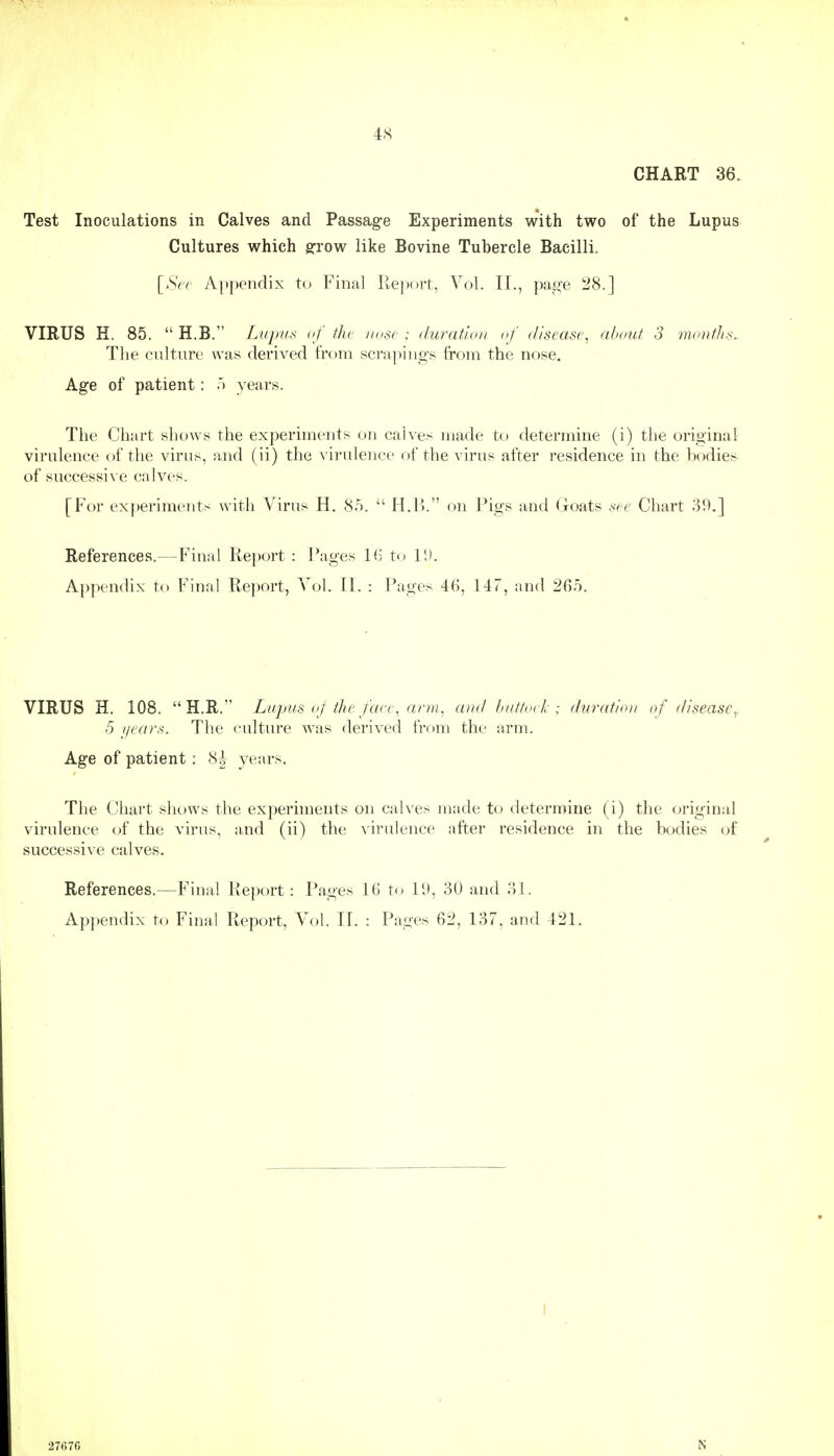 48 CHART 36. Test Inoculations in Calves and Passage Experiments with two of the Lupus Cultures which g-row like Bovine Tubercle Bacilli. [Sec Appendix to Final liejun-t, Vol. II., pa$j;e 28.] VIRUS H. 85.  H.B. Lupui< of flu nose ; duration of disease^ about. 3 montlis. The culture was derived from scrapings from the nose. Age of patient: years. The Chart shows the experiments on calves made to determine (i) tlie original virulence of the virus, and (ii) the virulence of the virus after residence in the bodies of successive calves. [For experiments with Virus H. 85.  H.l>. on Pigs and (loats .sy^(^ Chart 39.] References.—Final Re])ort : Pages 16 to 1*). Appendix to Final Report, Vol. Tl. : Pages 46, 147, and 265. VIRUS H. 108.  H.R. Luyus oj the face^ arm^ and hnttock ; duration of disease^ 5 f/rars. The culture was derived from the arm. Age of patient: 8^ years. The Chart shows the experiments on calves made to determine (i) the original virulence of the virus, and (ii) the N'irulence after residence in the bodies of successive calves. References.—Final Report: Pages 16 to ID, 30 and 31. Appendix to Final Report, Vol. II. : Pages 62, 137, and 421.