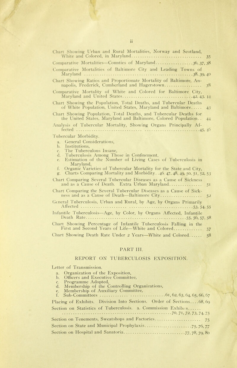 Chart Showing Urban and Rural Mortalities, Norway and Scotland, White and Colored, in Maryland 35 Comparative Mortalities—Counties of Maryland 36,37,38 Comparative Mortalities of Baltimore City and Leading Towns of Maryland 38, 39, 40 Chart Showing Ratios and Proportionate Mortality of Baltimore, An- napolis, Frederick, Cumberland and Hagerstown 38 Comparative Mortality of White and Colored for Baltimore City, Maryland and United States 42,43, 14 Chart Showing the Population, Total Deaths, and Tubercular Deaths of White Population, United States, Maryland and Baltimore 43 Chart Showing Population, Total Deaths, and Tubercular Deaths for the United States, Maryland and Baltimore, Colored Population. . 44 Analysis of Tubercular Mortality, Showing Organs Principally Af- fected 45,46 Tubercular Morbidity. a. General Considerations, b. Institutions, c. The Tuberculous Insane, d. - Tuberculosis Among Those in Confinement, e. Estimation of the Number of Living Cases of Tuberculosis in Maryland, f. Organic Varieties of Tubercular Mortality for the State and City, g. Charts Comparing Mortality and Morbidity. .46, 47, 48, 49, 50, 51, 52, 53 Chart Comparing Several Tubercular Diseases as a Cause of Sickness and as a Cause of Death. Extra Urban Maryland 51 Chart Comparing the Several Tubercular Diseases as a Cause of Sick- ness and as a Cause of Death—Baltimore City 52 General Tuberculosis, Urban and Rural, by Age, by Organs Primarily Affected 53, 54, 55 Infantile Tuberculosis—Age, by Color, by Organs Affected, Infantile Death Rate ; 55, 56, 57, 58 Chart Showing Percentage of Infantile Tuberculosis Falling in the First and Second Years of Life—White and Colored 57 Chart Showing Death Rate Under 2 Years—White and Colored =18 PART III. REPORT ON TUBERCULOSIS EXPOSITION. Letter of Transmission. a. Organization of the Exposition, b. Officers and Executive Committee, c. Programme Adopted, d. Membership of the Controlling Organizations, e. Membership of Auxiliary Committee, f. Sub-Committees 61,62,63,64,65,66,67 Placing of Exhibits. Division Into Sections. Order of Sections... .68, 69 Section on Statistics of Tuberculosis, a. Commission Exhibus 70,71,72,73,74,75 Section on Tenements, Sweatshops and Factories 75 Section on State and Municipal Prophylaxis 75,76, 77 Section on Hospital and Sanatoria -77, 78, 79, 80