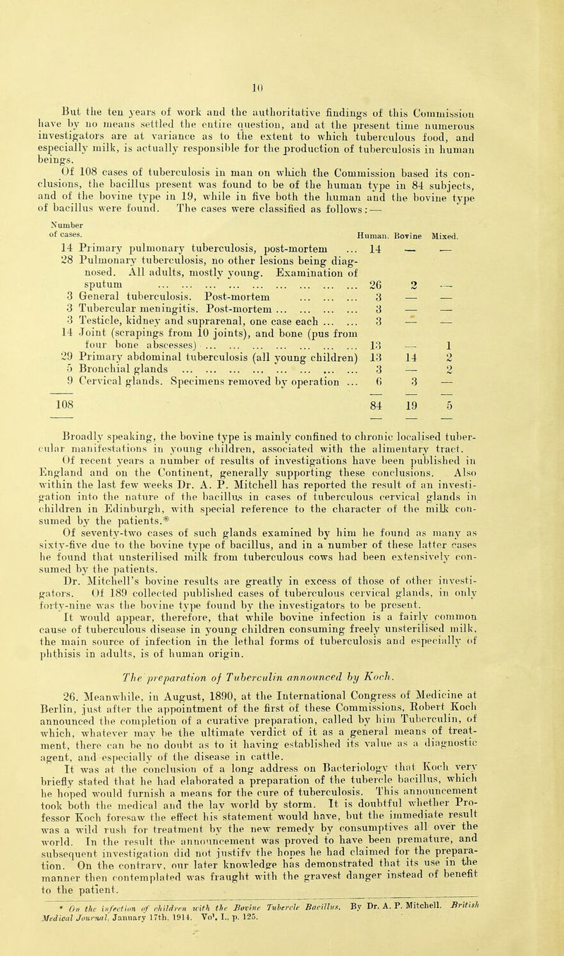 But the ten years of work and the authoritative findings of this Commission have by no means settled the entire question, and at the present time numerous investigators are at variance as to the extent to which tuberculous food, and especially milk, is actually responsible for the production of tuberculosis in human beings. Of 108 cases of tuberculosis in man on wliich the Commission based its con- clusions, the bacillus present was found to be of the human type in 84 subjects, and of the bovine type in 19, while in five both the human and the bovine type of bacillus were found. The cases were classified as follows: — Number of cases. Human. Bovine Mixed. 14 Primary pulmonary tuberculosis, post-mortem 28 Pulmonary tiiberculosis, no other lesions being diag- nosed. All adults, mostly young. Examination of sputum 3 General tuberculosis. Post-mortem 3 Tubercular meningitis. Post-mortem 3 Testicle, kidney and .suprarenal, one case each 14 Joint (scrapings from 10 joints), and bone (pus from four bone abscessesj 29 Primary abdominal tuberculosis (all young children) 5 Bronchial glands 9 Cervical glands. Specimens removed by operation ... 108 14 26 2 3 3 3 13 1 13 14 2 3 o 6 3 84 19 5 Broadly speaking, the bovine type is mainly confined to chronic localised tuber- cular manifestations in young children, associated with the alimentary tract. Of recent years a number of results of investigations have been published in England and on the Continent, generally supporting these conclusions. Also within the last few weeks Dr. A. P. Mitchell has reported the result of an investi- gation into the natiire of the bacillu.s in cases of tuberculous cervical glands in children in Edinburgh, with special reference to the character of the millv con- sumed by the patients.* Of seventy-two cases of such glands examined by him he found as many as sixty-five due to the bovine type of bacillus, and in a number of these latter oases he found that unsterilised milk from tiiberculous cows had been extensively con- sumed by the patients. Dr. Mitchell's bovine results are greatly in excess of those of othei- investi- gators. Of 189 collected published cases of tuberculous cervical glands, in only forty-nine was the bovine type found hj the investigators to be present. It would appear, therefore, that while bovine infection is a fairly common cause of tuberculous disease in young children consuming freely unsterilised milk, the main source of infection in the lethal forms of tuberculosis and especially of phthisis in adults, is of human origin. The preparation of Tuberculin announced hy Koch. 26. Meanwhile, in August, 1890, at the International Congress of Medicine at Berlin, just after the appointment of the first of these Commissions, Eobert Koch announced the completion of a curative preparation, called by him Tuberculin, of which, whatever may be the ultimate verdict of it as a general means of treat- ment, there can be no doxtbt as to it having established its value as a diagnostic agent, and-especially of the disease in cattle. It^was at the conclusion of a long address on Bacteriology ihat Koch very briefly stated that he had elaborated a preparation of the tubercle bacillus, which he hoped would furnish a means for the cure of tuberculosis. This announcement took both the medical and the lay world by storm. It is doubtful whether Pro- fessor Koch foresaw the effect his'statement would have, but the immediate result was a wild rush for treatment by the new remedy by consumptives all over the world. In the result the announcement was proved to have been premature, and subsequent investigation did not justifv the hopes he had claimed for the prepara- tion. On the contrarv, our later knowledge has demonstrated that its use m the manner then contemplated was fraught with the gravest danger instead of benefit to the patient. * 0» the infection of chUdrrn ivith th>; Bovive Tiilerch BaeiUvs. By Dr. A. P. Mitchell. British Medical Journal, January 17th, 1914. Vo\ I., p. 125.