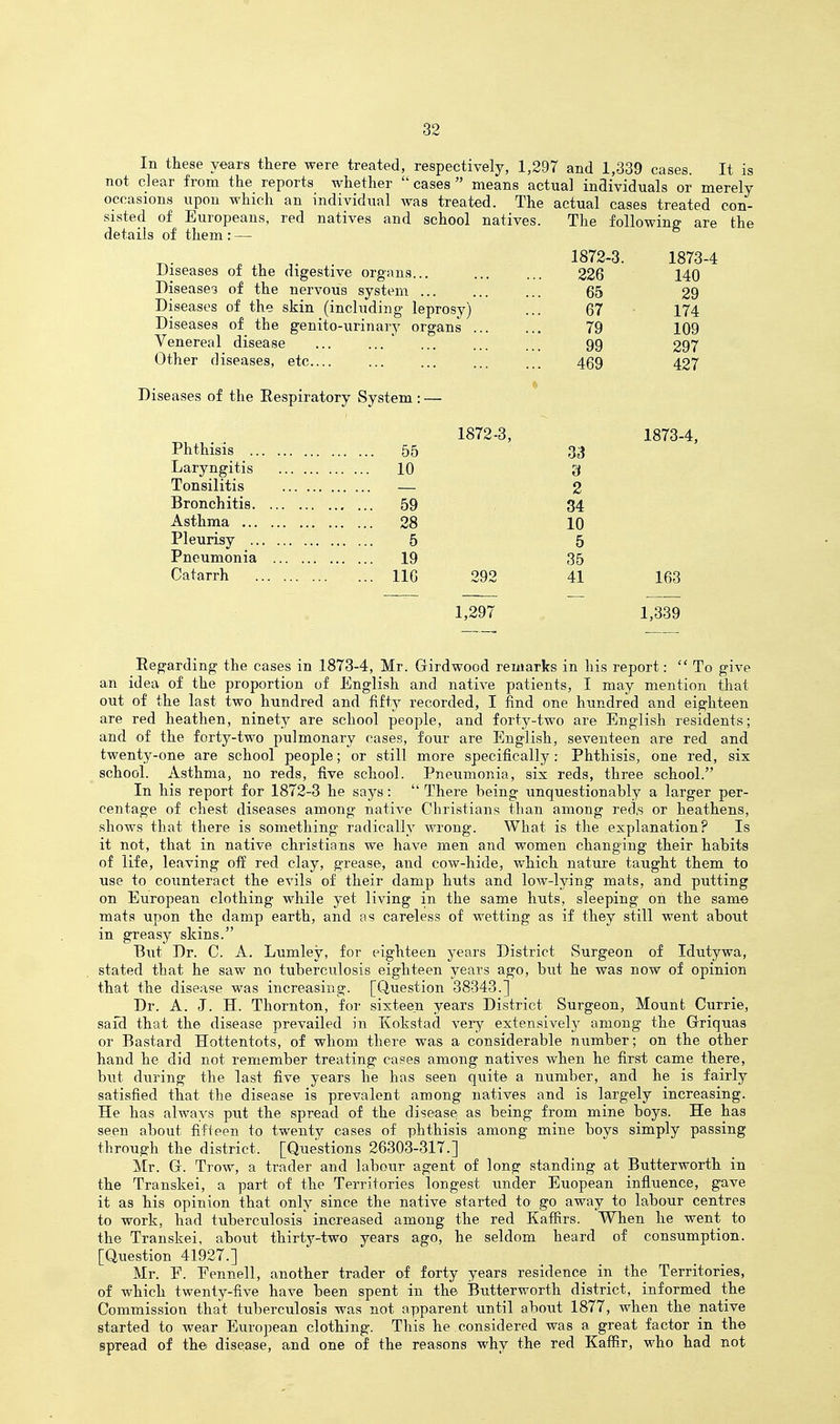 In these years there were treated, respectively, 1,297 and 1,339 cases. It is not clear from the reports whether  cases  means actual individuals or merely occasions upon which an individual was treated. The actual cases treated con- sisted of Europeans, red natives and school natives details of them : — Diseases of the digestive organs... Diseases of the nervous system ... Diseases of the skin (including leprosy) Diseases of the genito-urinary organs Venereal disease ... ... ' Other diseases, etc Disea.ses of the Respiratory System: — 1872-3, Phthisis 55 Laryngitis 10 Tonsilitis — Bronchitis 59 Asthma 28 Pleurisy 5 Pneumonia 19 Catarrh IIG 292 1,297 Regarding the cases in 1873-4, Mr. Girdwood remarks in his report:  To give an idea of the proportion of English and native patients, I may mention that out of the last two hundred and fifty recorded, I find one hundred and eighteen are red heathen, ninety are school people, and forty-two are English residents; and of the forty-two pulmonary cases, four are English, seventeen are red and twenty-one are school people; or still more specifically: Phthisis, one red, six school. Asthma, no reds, five school. Pneumonia, six reds, three school. In his report for 1872-3 he says:  There being unquestionably a larger per- centage of chest diseases among native Christians than among red.s or heathens, shows that there is something radically wrong. What is the explanation? Is it not, that in native christians we have men and women changing their habits of life, leaving olf red clay, grease, and cow-hide, which nature taught them to use to counteract the evils of their damp huts and low-lying mats, and putting on European clothing while yet living in the same huts, sleeping on the same mats upon the damp earth, and as careless of wetting as if they still went about in greasy skins. But Dr. C. A. Lumley, for eighteen years District Surgeon of Idutywa, stated that he saw no tuberculosis eighteen years ago, but he was now of opinion that the disease was increasing. [Question 38343.] Dr. A. J. H. Thornton, for sixteen years District Surgeon, Mount Currie, safd that the disease prevailed in Kokstad very extensively among the Grriquas or Bastard Hottentots, of whom there was a considerable number; on the other hand he did not remember treating cases among natives when he first came there, but during the last five years he has seen quite a number, and he is fairly satisfied that the disease is prevalent among natives and is largely increasing. He has always put the spread of the disease as being from mine boys. He has seen about fi^fteen to twenty cases of phthisis among mine boys simply passing through the district. [Questions 26303-317.] Mr. G. Trow, a trader and labour agent of long standing at Butterworth in the Transkei, a part of the Territories longest under Euopean influence, gave it as his opinion that only since the native started to go away to labour centres to work, had tuberculosis' increased among the red Kaffirs. When he went to the Transkei, about thirty-two years ago, he seldom heard of consumption. [Question 41927.] Mr. E. Eennell, another trader of forty years residence in the Territories, of which twenty-five have been spent in the Butterworth district, informed the Commission that tuberculosis was not apparent until about 1877, when the native started to wear European clothing. This he considered was a great factor in the spread of the disease, and one of the reasons why the red Kaffir, who had not The following are the 1872-3. 1873-4 226 140 65 29 67 • l74 79 109 99 297 469 427 1873-4, 33 d 2 34 10 5 35 41 163 1,339