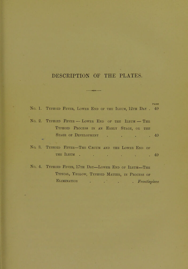 DESCRIPTION OF THE PLATES. PAGE No. 1. Typhoid Fevee, Lower End of the Ileum, 12th Day . 49 No. 2. Typhoid Fever — Lower End of the Ileum — The Typhoid Process in an Early Stage, or the Stage of Development . . . .49 No. 3. Typhoid Fever—The CiECUM and the Lower End of THE Ileum . . , . , .49 No. 4. Typhoid Fever, 17th Day—Lower End of Ileum—The Typical, Yellow, Typhoid Matter, in Process of Elimination . . ■ . . Frontispiece