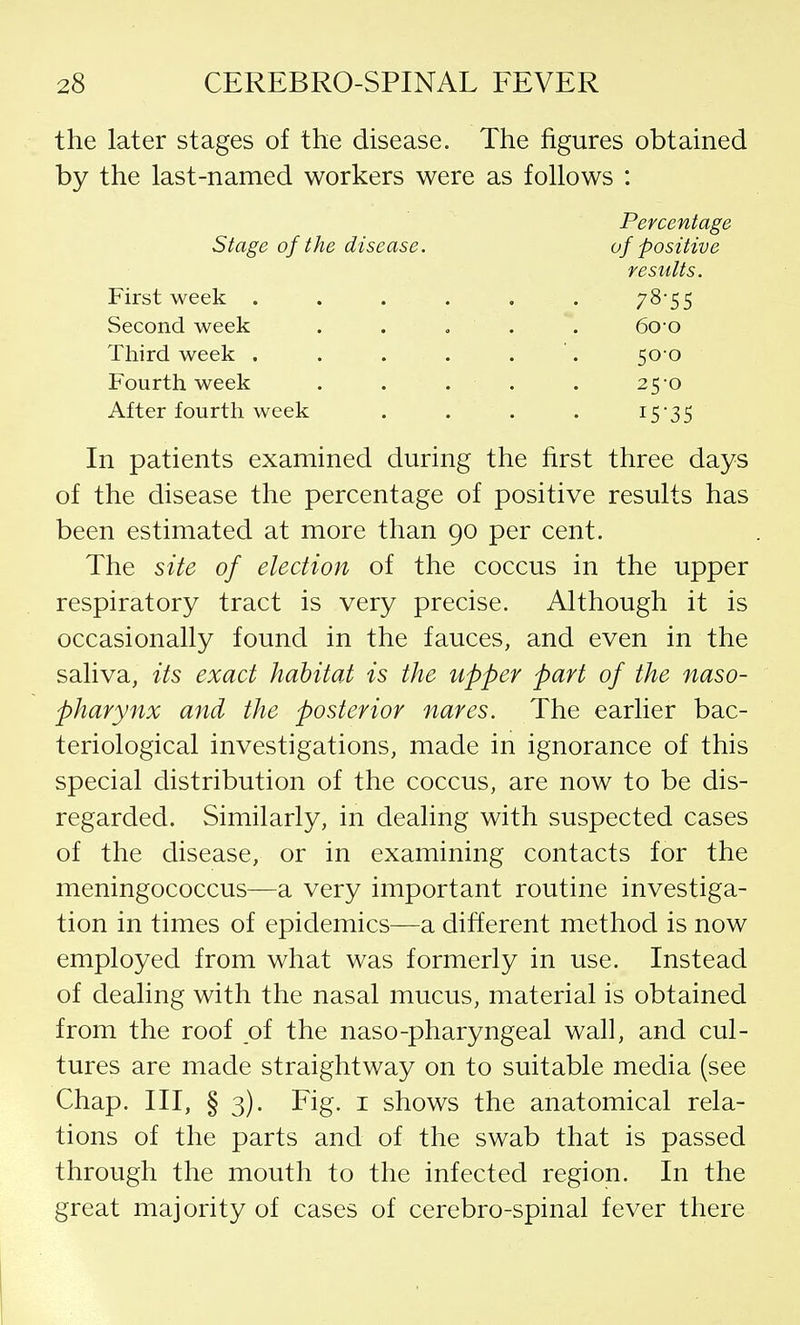 the later stages of the disease. The figures obtained by the last-named workers were as follows : Stage of the disease. First week . Second week Third week . Fourth week After fourth week Percentage of positive results. 78-55 600 50-0 25-0 I5-3S In patients examined during the first three days of the disease the percentage of positive results has been estimated at more than 90 per cent. The site of election of the coccus in the upper respiratory tract is very precise. Although it is occasionally found in the fauces, and even in the saliva, its exact habitat is the upper part of the naso- pharynx and the posterior nares. The earlier bac- teriological investigations, made in ignorance of this special distribution of the coccus, are now to be dis- regarded. Similarly, in dealing with suspected cases of the disease, or in examining contacts for the meningococcus—a very important routine investiga- tion in times of epidemics—a different method is now employed from what was formerly in use. Instead of dealing with the nasal mucus, material is obtained from the roof of the naso-pharyngeal wall, and cul- tures are made straightway on to suitable media (see Chap. Ill, § 3). Fig. 1 shows the anatomical rela- tions of the parts and of the swab that is passed through the mouth to the infected region. In the great majority of cases of cerebro-spinal fever there