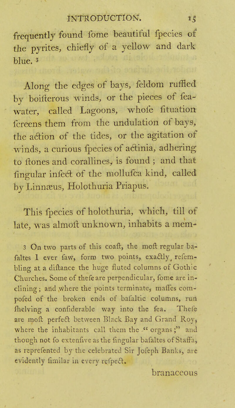 frequently found fome beautiful fpecies of the pyrites, chiefly of a yellow and dark blue. 3 Along the edges of bays, feldom ruffled by boifterous winds, or the pieces of fea- water, called Lagoons, whofe fituation fcreens them from the undulation of bays, the aclion of the tides, or the agitation of winds, a curious fpecies of aclinia, adhering to Hones and corallines, is found ; and that Angular infecT: of the mollufca kind, called by Linnaeus, Holothuria Priapus. This fpecies of holothuria, which, till of late, was almolt unknown, inhabits a mem- 3 On two parts of this coaft, the moll regular ba- faltes 1 ever faw, form two points, exa£tly# refem- blinsr at a diftance the hutre fluted columns of Gothic Churches. Some of thefeare perpendicular, fome are in- clining; artd where the points terminate^ maffes com- pofed of the broken ends of bafaltic columns, run fhelving a confiderable way into the fea. Theie are moft perfect between Black Bay and Grand Roy, where the inhabitants call them the  organs; and though not fo extenfive as the lingular bafaltes of Staffa, as reprefented by the celebrated Sir Jofeph Banks, are evidently fimilar in every refpett. branaccous