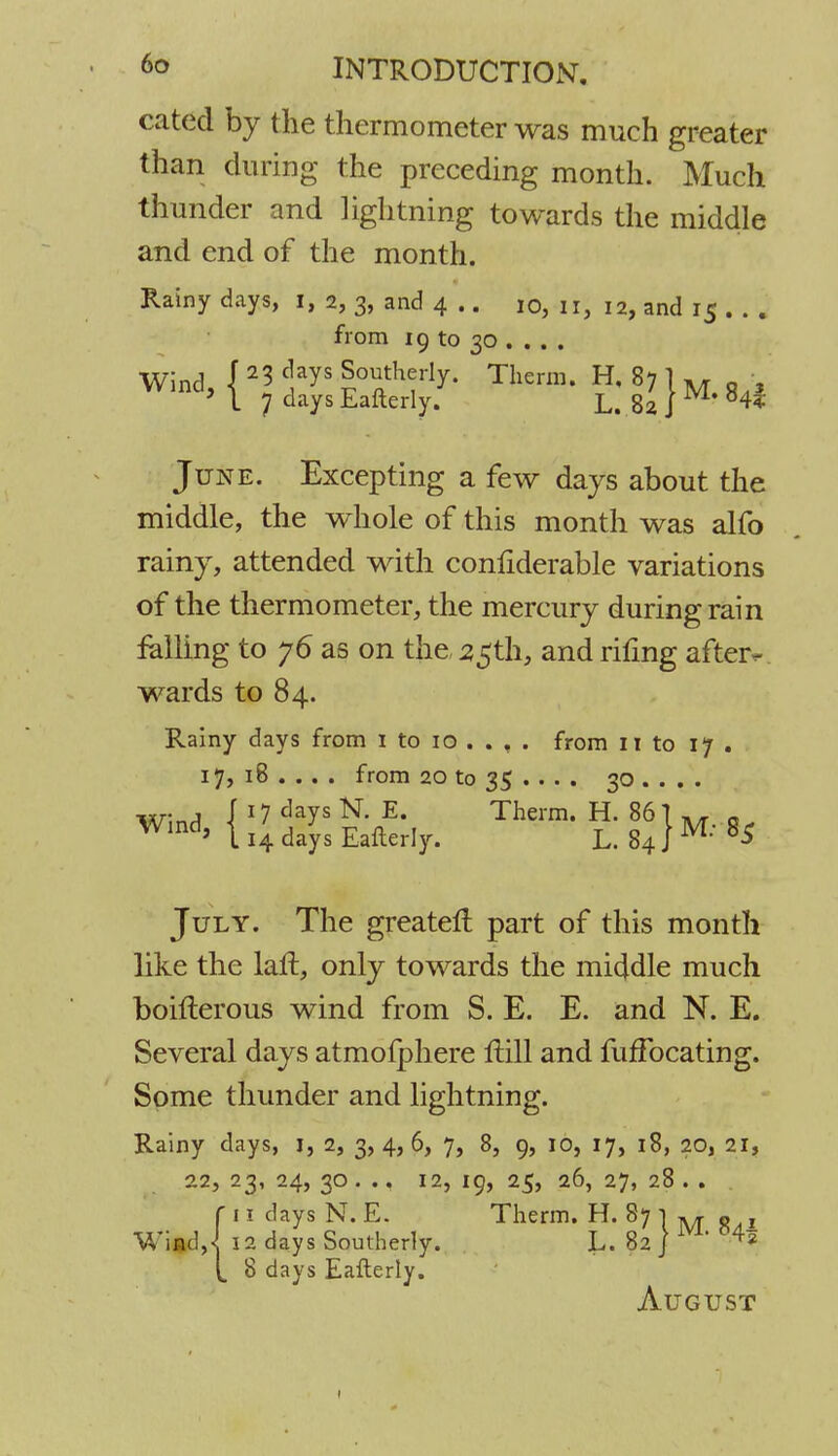 cated by the thermometer was much greater than during the preceding month. Much thunder and lightning towards the middle and end of the month. Rainy days, I, 2, 3, and 4 .. 10, u, 12, and 15 . . . from 19 to 30 Wind, { 23 **Y* Southerly. Therm. H, 87 1 M ■ ' L 7 days Eafterly. L. 82 J 4* June. Excepting a few days about the middle, the whole of this month was alfo rainy, attended with conliderable variations of the thermometer, the mercury during rain falling to 76 as on the 25th, and riling after- wards to 84. Rainy days from 1 to 10 ... . from 11 to 17 . 17, 18 ... . from 20 to 35 ... . 30 ... . . , f 17 days N. E. Therm. H. 86 7 c Wmd> 114 days Eafterly. L. 84 J M; 8* July. The greatefl part of this month like the laft, only towards the middle much boilterous wind from S. E. E. and N. E. Several days atmofphere ftill and fufFocating. Some thunder and lightning. Rainy days, i, 2, 3,4,6, 7, 8, 9, 10, 17, 18, 20, 21, 22, 23, 24, 30 . .. 12, 19, 25, 26, 27, 28 . . (11 days N. E. Therm. H. 87 l M « , 12 days Southerly. L. 82 J m' 4* 8 days Eafterly. August 1