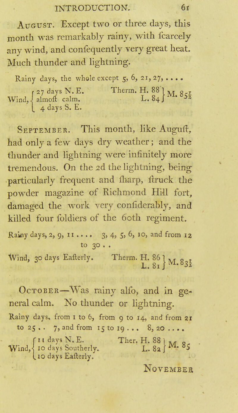 August. Except two or three days, this month was remarkably rainy, with fcarcely any wind, and confequently very great heat. Much thunder and lightning. Rainy days, the whole except 5, 6, 21, 27, ... . r 27 days N. E. Therm. H. 88 1 M fi , Wind, J almoft calm. L. 84 J m* [_ 4 days S. E. September. This month, like Auguft, had only a few days dry weather; and the thunder and lightning were infinitely more tremendous. On the 2d the lightning, being particularly frequent and fharp, ftruck the powder magazine of Richmond Hill fort, damaged the work very confiderably, and killed four foldiers of the 60th regiment. Rakiy days, 2, 9, 11 .... 3, 4, 5, 6, 10, and from 12 to 30 . . Wind, 30 days Eafterly. Therm. H. 86 1 g r L. 81J  October—Was rainy alfo, and in ge- neral calm. No thunder or lightning. Rainy days, from 1 to 6, from 9 to 14, and from 21 to 25 . . 7, and from 15 to 19 . . . 8, 20 .... r 11 days N. E. Ther. H. 88 ) A/r Q Wind,] 10 days Southerly. L. 82 J M* 8$ kiO days Eafterly. November