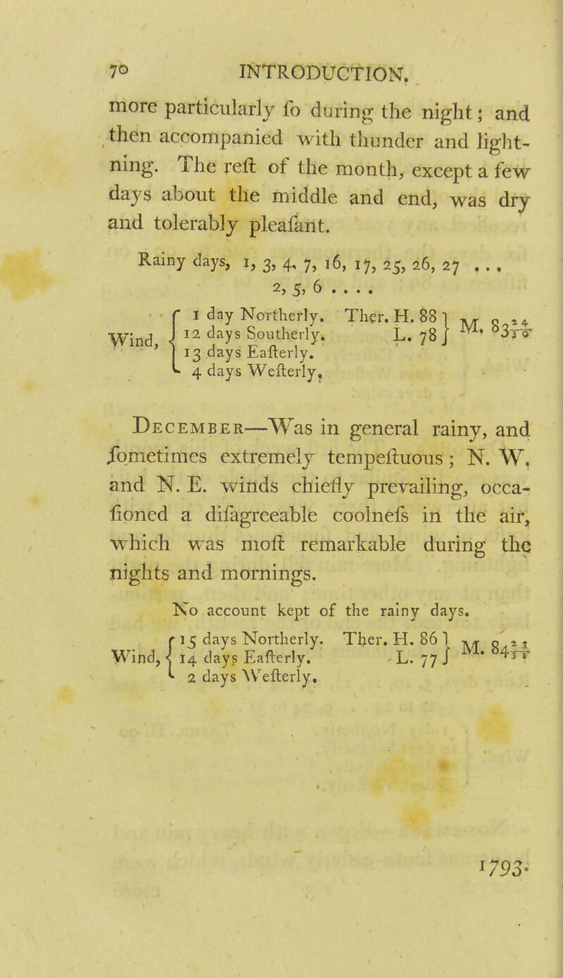 more particularly fo during the night; and then accompanied with thunder and light- ning. The reft of the month, except a few days about the middle and end, was dry and tolerably pleafant. Rainy days, i, 3, 4, 7, 16, 17, 25, 26, 27 . . . 2> 5' 6 . . . , - I day Northerly. Ther. H. 88 I M „ H 12 days Southerly. L. 78 j '* ^T* 13 days Eafterly. » 4 days Wefterly, Wind, December—Was in general rainy, and JTometimes extremely tempeftuous; N. W, and N. E. winds chiefly prevailing, occa- sioned a difagreeable coolnefs in the air, which was moft remarkable during the nights and mornings. No account kept of the rainy days. {15 days Northerly. Ther. H. 86 1 K* « , 3 14 days Eafterly. L. 77 i M' 84^' 2 days Wefterly. 1793-
