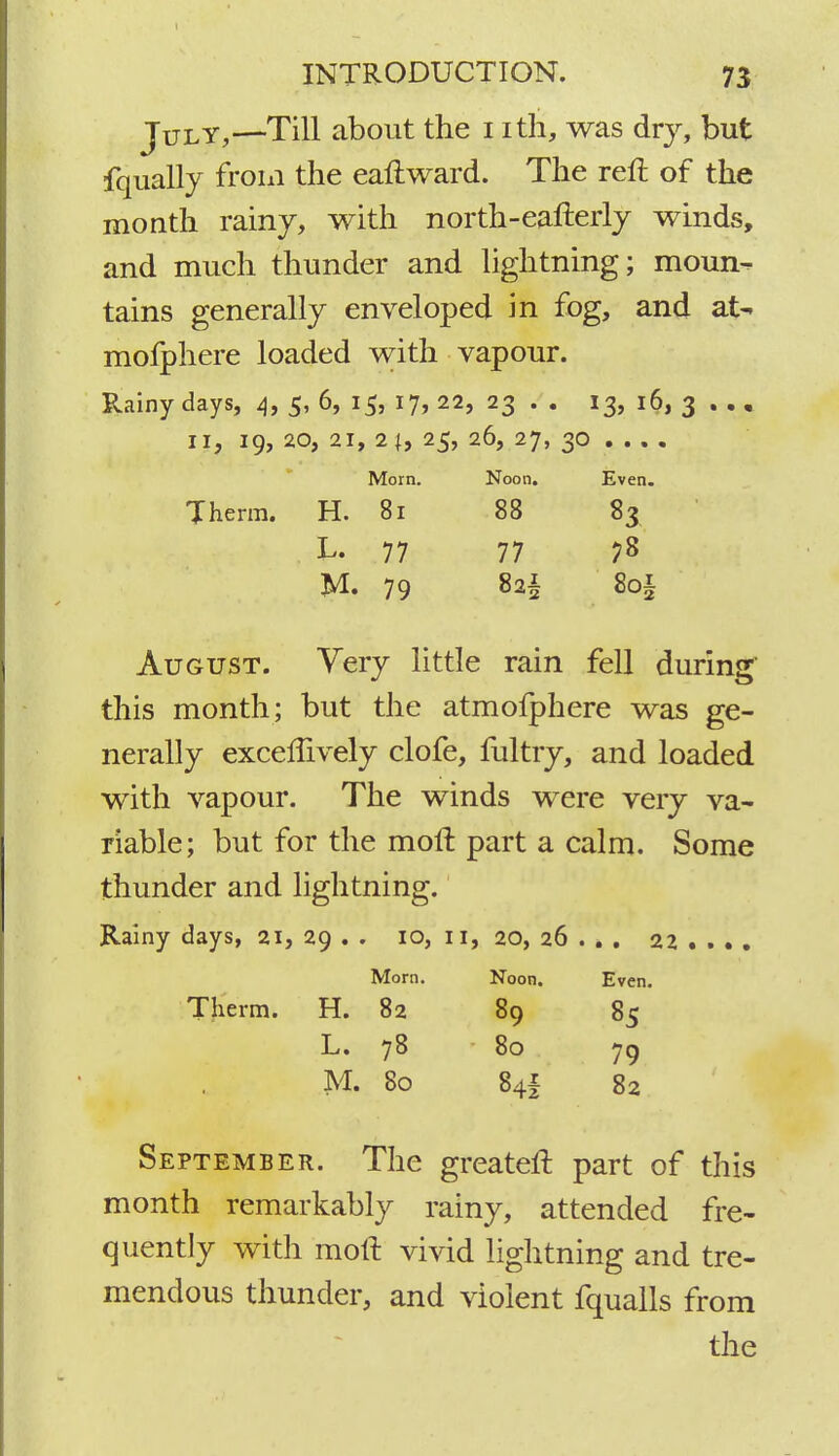 July,—Till about the 1 ith, was dry, but fqually from the eaftward. The reft of the month rainy, with north-eafterly winds, and much thunder and lightning; moun- tains generally enveloped in fog, and at- mofphere loaded with vapour. Rainy days, 4, 5, 6, 15, 17, 22, 23 . . 13, 16, 3 . ., 11, 19, 20, 21, 2 |, 25, 26, 27, 30 ... . Morn. Noon. Even. Therm. H. 81 88 83 L. 77 77 ?8 M. 79 82^ 8o§ August. Very little rain fell during' this month; but the atmofphere was ge- nerally exceffively clofe, fultry, and loaded with vapour. The winds were very va- riable; but for the moft part a calm. Some thunder and lightning. Rainy days, 21, 29 . . 10, 11, 20, 26 . . . 22 ... . Morn. Noon. Even. Therm. H. 82 89 85 L. 78 80 79 M. 80 84| 82 September. The greateft part of this month remarkably rainy, attended fre- quently with moft vivid lightning and tre- mendous thunder, and violent fqualls from the