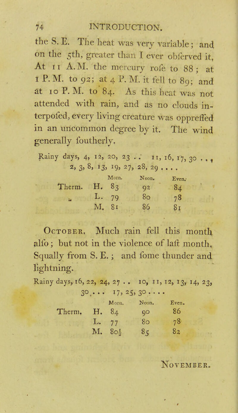 the S. E. The heat was very variable; and on the 5th, greater than I ever obferved it, At ii A.M. the mercury rofe to 88; at i P. M. to 93; at 4 P. M. it fell to 8o; and at 10 P. M. to 84. As this heat was not attended with rain, and as no clouds rii- terpofed, every living creature was oppreffed in an uncommon degree by it. The wind generally foutherly. Rainy days, 4, 12, 20, 23 . ; n, ^ 17, 30 . . , 2, 3, 8, 13, 19, 27, 28, 29 ... . Morn. Noon. Even.' Therm. H. 83 92 84 L. 79 80 78 M. 81 86 81 October. Much rain fell this month alfo; but not in the violence of lafl month, Squally from S. E.; and fome thunder and lightning. Rainy days, 16, 22, 24, 27 . . 10, 11, 12, 13, 14, 23, 30... 17,25,30 Morn. Noon. Even. Therm. H. 84 90 86 L. 77 80 78 M. 8o| 85 82 November.