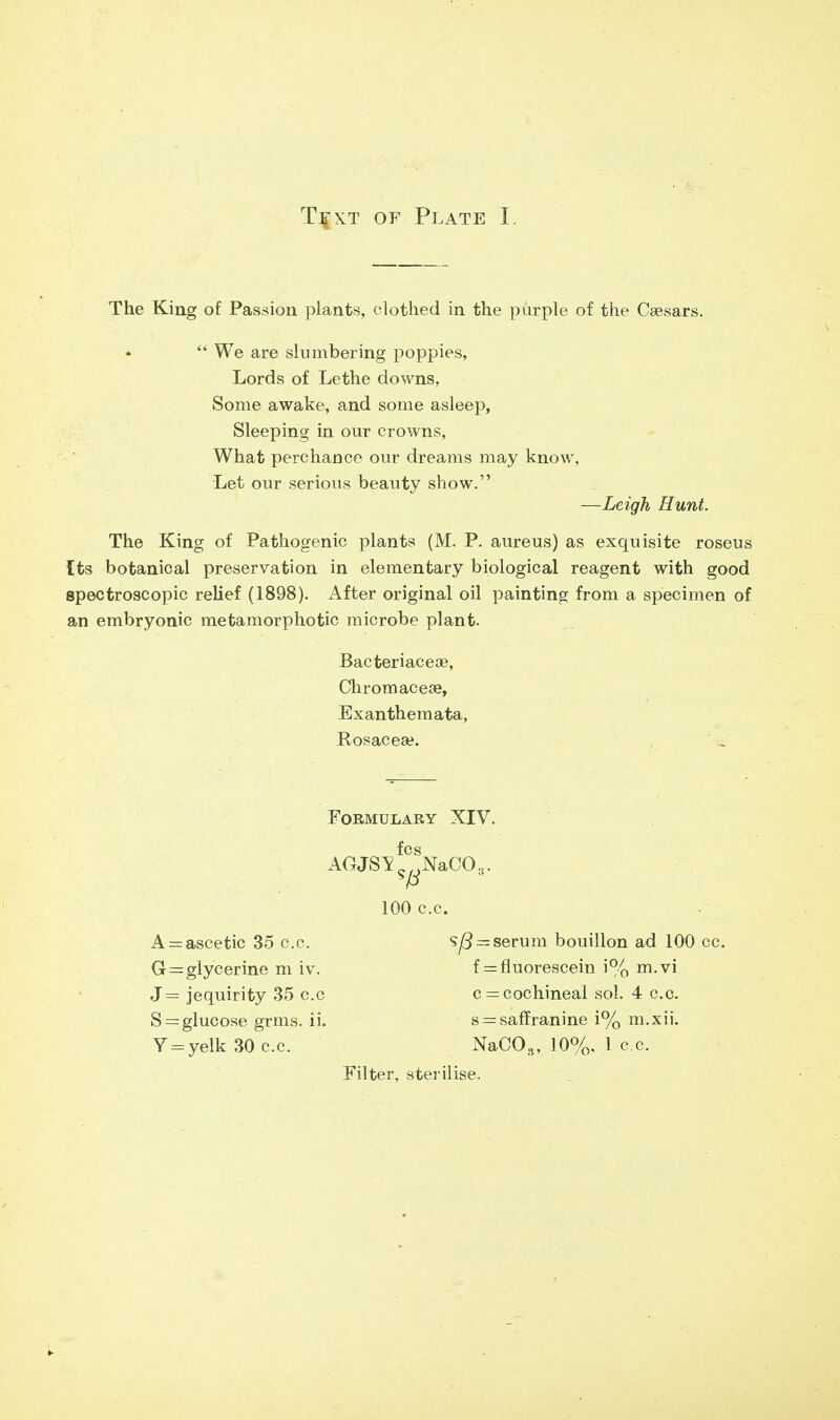 The King of Passion plants, clothed in the purple of the Caesars.  We are slumbering poppies, Lords of Lethe downs, Some awake, and some asleep, Sleeping in our crowns, What perehance our dreams may know, Let our serious beauty show. —Leigh Hunt. The King of Pathogenic plants (M. P. aureus) as exquisite roseus Its botanical preservation in elementary biological reagent with good spectroscopic relief (1898). After original oil painting from a specimen of an embryonic metamorphotic microbe plant. Bacteriaceae, Chromaceoe, Exanthemata, Rosacea?. Formulary XIV. f cs AGJS^ NaCO. P A = ascetic 35 c.c. G = glycerine m iv. J - jequirity 35 c.c S = glucose grins, ii. Y=yelk 30 c.c. 100 c.c. = serum bouillon ad 100 cc. f = fluorescein i% m.vi c = cochineal sol. 4 c.c. s = saffranine i% m.xii. NaCOs, 10%, 1 cc. Filter, sterilise.