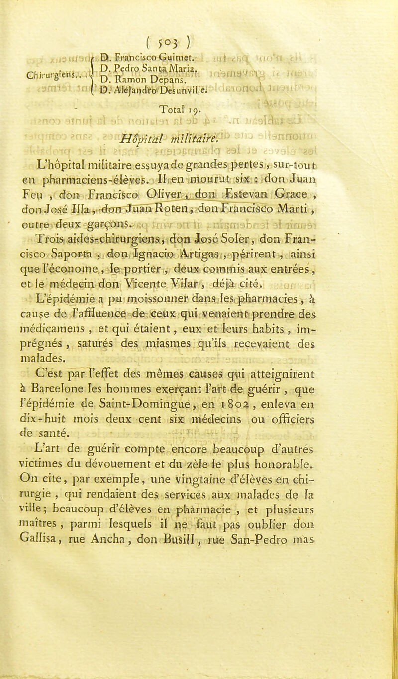 ( 5°3 ) r D. Francisco Guimct. . . ] D. Pedro Santa Avaria. Ch.rurg.cns.,.,» D. Ramon Depans. ( D. Alejandro Desunville. Total 19. d?noo ^înni c\ ôh noitKbi fil t»o ^ 1 -ri Jïcalchiîiis'J. ; Hôpital militaire. ■jMudoiq-îdà ii È'.ijïf ; ën^pEriii£rI<7 891 ét.i\»9là',aô(. L'hôpital militaire essuya de grandes pertes , sur-tout en pharmaciens-élèves. II en mourut six : don Juan Feu , don Francisco Oliver , don Estevan Grâce , don José IIIa, don JuanRoten, don Francisco Marti , outre deux garçons. ,u| imv 9tf1ij ^ruçrnabftaî aliimjâ-î Trois aides-chirurgiens, don JoséSoler, don Fran- cisco Saporta , don Ignacio Artigas , périrent, ainsi que l'économe , ie portier , deux commis aux entrées, et le médecin don Vicente Vilar , déjà cité. L'épidémie a pu moissonner dans les pharmacies , à cause de l'afïïuence de ceux qui venaient prendre des médicamens , et qui étaient, eux et leurs habits , im- prégnés , saturés des miasmes qu'ils recevaient des malades. C'est par l'effet des mêmes causes qui atteignirent à Barcelone les hommes exerçant l'art de guérir , que l'épidémie de Saint-Domingue, en 1802, enleva en dbohuit mois deux cent six médecins ou officiers de santé. L'art de guérir compte encore beaucoup d'autres victimes du dévouement et du zèle le plus honorable. On cite, par exemple, une vingtaine d'élèves en chi- rurgie , qui rendaient des services aux malades de la ville; beaucoup d'élèves en pharmacie , et plusieurs maîtres , parmi lesquels il ne faut pas oublier don Gallisa, rue Ancha, don Busill, rue San-Pedro mas