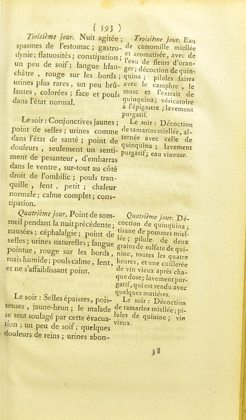 Troisième jour. Nuit agitée ; Troisième jour. Eau spasmes de l'estomac ; gastro- de camomille miellée dynie; flatuosités; constipation • f.r aromatisée, avec de un peu de soif; langue Wan- ieTdé^r^'0™* ^■5fM - r , &er> aecoction dequin- châtre rouge sur les bords ; quina ; piluies Les urines plus rares, un peu brû- avec le camphre , le James, colorées ; face et poufs musc et Extraie de dans l'état normal. quinquina; vésicatoire a 1 epigastre ; lavement purgatif Le soir : Conjonctives jaunes ; Le soir : Décoction point de selles; urines comme de marins miellée, al- dans l'état de santé ; point de ternée avec ceI[e de douleurs , seulement un senti- Sif ; ment de pesanteur, d'embarras ? ê ' dans le ventre, sur-tout au côté droit de l'ombilic ; pouls tran- quille , lent , petit ; chaleur normale ; calme complet ; cons- tipation. Quatrième jour. Point de som- Quatrième jour Dé meil pendant ia nuit précédente ; c.°ction de quinquina ; nausées ; céphalalgie ; point de isane de P°mmes miel- selles ; urines naturelles ; langue l!!/ PjIuleir de deux pointue, rouge sur fa^S?^ mais humide; poufs calme, lent, heures, et une cuillerée et ne s'affaiblissant point. de vin vieux après cha- que dose; Iavementpur* qui est rendu avec T„o • c ir , . quelques matières. Le soir : Selles épaisses, pois- Le soir : Décoction seuses , jaune-brun ; le mafade de marins miellée ; pi- sé sent soulagé par cette évacua- IuIes de quinine ; vin non ; un peu de soif; quelques VieX doufeurs de reins ; urines abon- 3§