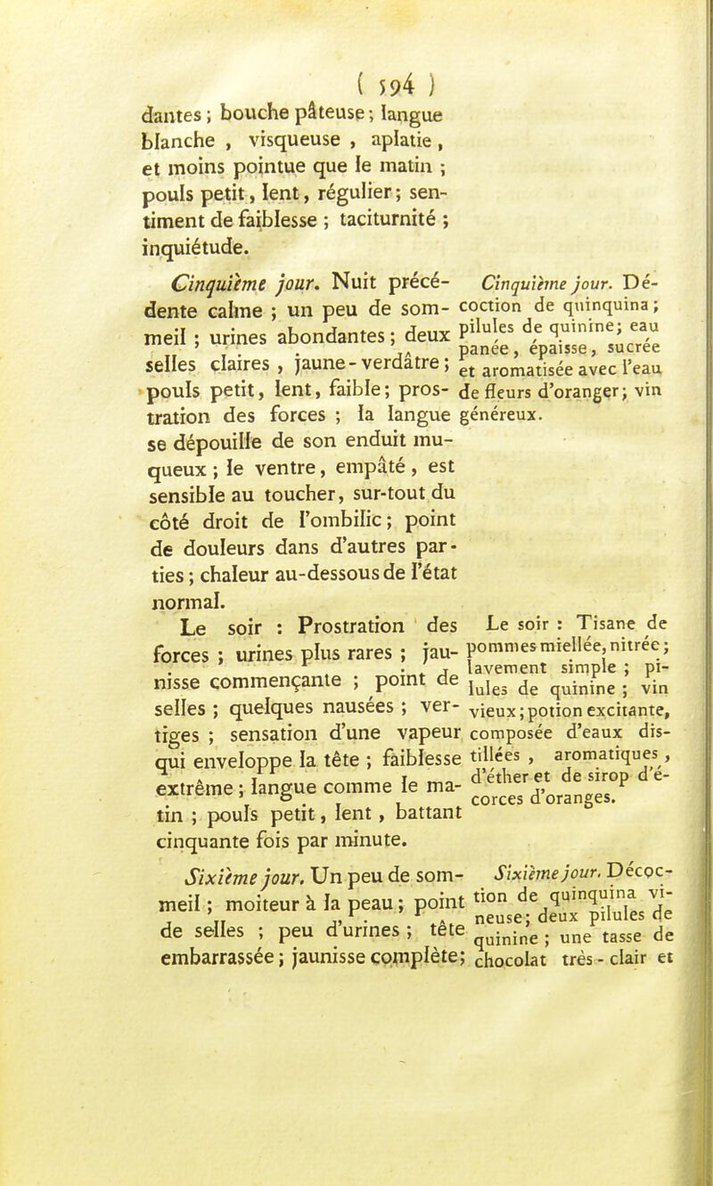 dantes ; bouche pâteuse ; langue blanche , visqueuse , aplatie, et moins pointue que le matin ; pouls petit, lent, régulier ; sen- timent de faiblesse ; taciturnité ; inquiétude. Cinquième jour. Nuit précé- Cinquième jour. Dé- dente calme ; un peu de som- coction de quinquina ; meii, urines abondantes; deux g^^tS^ selles claires, jaune-verdatre ; £t aromatisée avec l'eau pouls petit, lent, faible; pros- de fleurs d'oranger ; vin tration des forces ; la langue généreux, se dépouille de son enduit mu- queux ; le ventre, empâté, est sensible au toucher, sur-tout du côté droit de l'ombilic; point de douleurs dans d'autres par- ties ; chaleur au-dessous de l'état normal. Le soir : Prostration des Le soir : Tisane de forces ; urines plus rares ; jau- pommes miellée, nitrée; . t lavement simple ; pi- msse commençante ; point de ^ de quinfne . vin selles ; quelques nausées ; ver- vieux; potion excitante, tiges ; sensation d'une vapeur composée d'eaux dis- qui enveloppe la tête ; faiblesse tillées , aromatiques, «.rtme ; iangue co,nme le ma- d * tin ; pouls petit, lent, battant cinquante fois par minute. Sixième jour. Un peu de som- Sixième jour. Décoc- meil ; moiteur à la peau; point tion de quinquina vi- , '„ r. neuse; deux pilules de de selles ; peu d urines ; tete quinine. une tasse de embarrassée; jaunisse complète; chocolat très-clair et