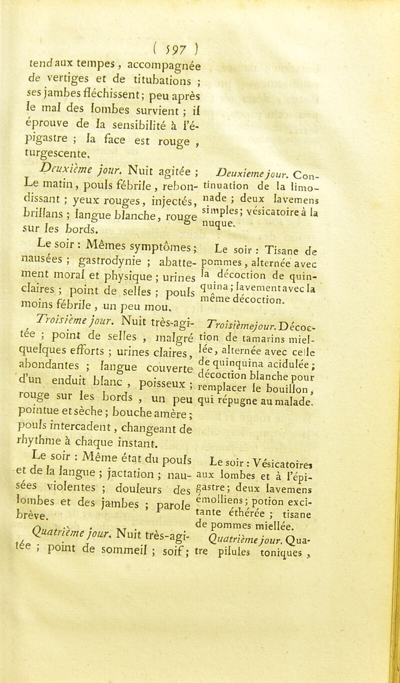tend aux tempes, accompagnée de vertiges et de titubations ; ses jambes fléchissent; peu après le mal des lombes survient ; il éprouve de la sensibilité à l'é- pigastre ; Ja face est rouge , turgescente. Deuxième jour. Nuit agitée ; Deuxième jour. Con- Le matin, pouls fébrile , rebon- tinuation de la limo- dissant ; yeux rouges, injectés, na<*e > deux lavemens briffans ; langue blanche, rouge simPIesî vésicatoireà la sur les bords. ë nu^ue- Le soir : Mêmes symptômes ; Le soir : Tisane de nausées; gastrodynie ; abatte- pommes, alternée'avec ment moral et physique ; urines Ia décoction de quin- daires ; point de selles ; pouls <IuAina;J^ementavecIa moins fébrile , un peu mou. meme decoctron- Troisième jour. Nuit très-agi- Troisièmejour.Décoc* tée ; point de selles , malgré tion. de tamarins mi'el- quelques efforts ; urines claires, lée> a»ernée avec celle abondantes; langue couverte quinquina aciduIéei d'un enduit blanc, poisseux • dpecoion Manche pour rnn„Q j l J t,0,sseux » remplacer le bouillon, rouge sur les bords , un peu qui répugne au malade, pointue et sèche ; bouche amère i poufs intercadent, changeant de rhythme à chaque instant. Le soir : Même état du poufs Le soir : Vésicatorre, et de ia langue ; jactation ; nau- aux lombes et à l'épi- sées violentes ; doufeurs des ë^tre; deux lavemens lombes et des jambes ; parofe émolliens; P°tion exci- brève. tante etnérée ; tisane n„nt„-\ * tvt • de Pomrnes miellée. quatrième jour. Nuit très-par- n,.^ • ^ tx . j un ires agi- Quatrième jour. Qua- »ee , pomt de sommeif ; soif; tre pilules toniques ,
