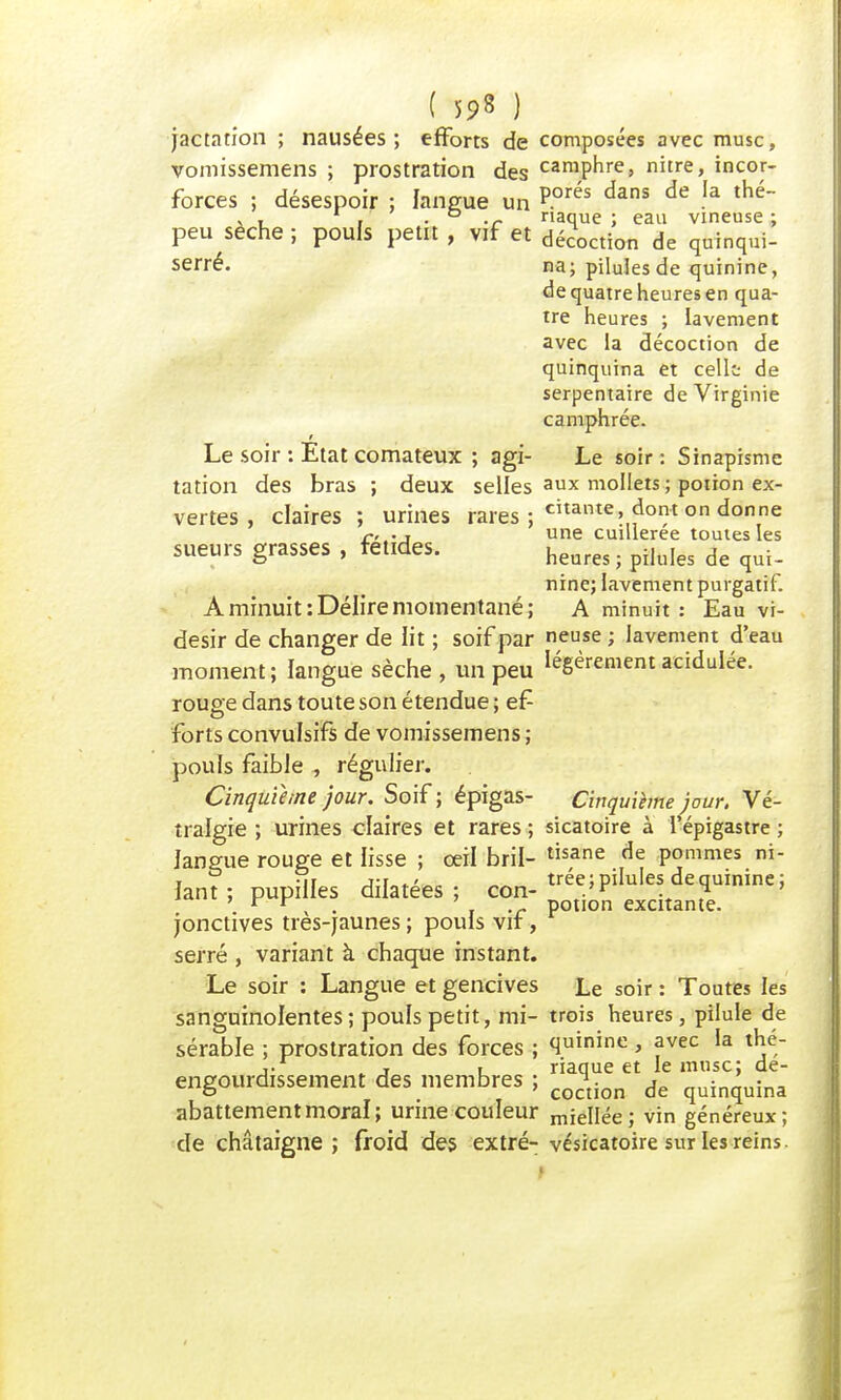 jactation ; nausées; efforts de composées avec musc, vomissemens ; prostration des camPnre> nitre, incor- forces ; désespoir ; langue un porés dans de .Ia tlîé~ , , 1 . ° .r naque : eau vineuse; peu sèche ; pouls petit, vif et décoction de qWriqiri- serré. na; pilules de quinine, de quatre heures en qua- tre heures ; lavement avec la décoction de quinquina et celle de serpentaire de Virginie camphrée. Le soir : Etat comateux ; agi- Le soir: Sinapisme tation des bras ; deux selles aux mollets; potion ex- vertes , claires ; urines rares ; cante dont on donne r, .j une cuillerée toutes les sueurs grasses , fétides. heures. pi,u,es de qui_ nine; lavement purgatif. A minuit: Délire momentané; A minuit: Eau vi- desir de changer de lit ; soif par neuse ; lavement d'eau moment; langue sèche , un peu légèrement acidulée, rouge dans toute son étendue ; ef- forts convulsifs de vomissemens ; pouls faible , régulier. Cinquième jour. Soif; épigas- Cinquième jour. Vé- tralgie ; urines claires et rares ; sicatoire à l'épigastre ; langue rouge et lisse ; oeil bril- tisane de pommes ni- iant ; pupilles dilatées; con. trée) pilules de quinine; > r r ».'/• potion excitante, jonctives tres-jaunes ; pouls vif, serré , variant à chaque instant. Le soir : Langue et gencives Le soir : Toutes les sanguinolentes; pouls petit, mi- trois heures, pilule de sérable ; prostration des forces ; quinine, avec la thé- j. j i riaque et le musc; de- engourdissement des membres ; co^ion de quinquina abattement moral; urine couleur miellée; vin généreux; de châtaigne; froid des extré- vésicatoire sur les reins.