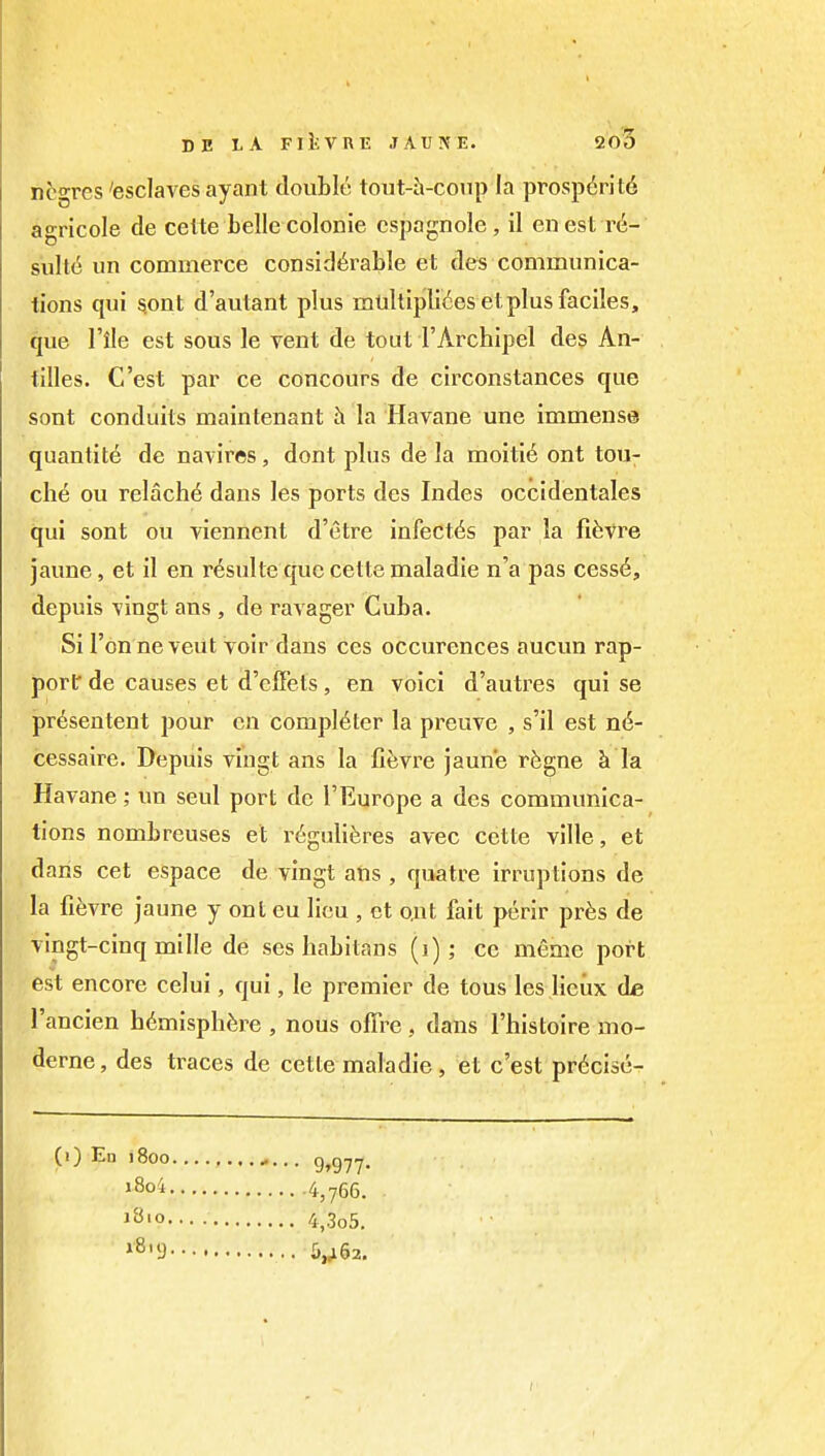 ncgrcs'esclaves ayant double tout-h-coiip la prosp6rit6 agricole de celte belle colonic cspagnole, il en est r6- sult6 un commerce considerable et des communica- tions qui ^ont d'autant plus mullipliies etplus faciles, que I'lle est sous le vent de tout I'Archipel des An- tilles. C'est par ce concours de circonstances que sont conduits maintenant la Havane une immense quantite de navires, dent plus de la moiti6 ont tou- ch.6 ou relach6 dans les ports des Indes occidentales qui sont ou viennent d'etre infect^s par la fifevre jaune, et il en rdsulte que cette maladie n'a pas cess^, depuis vingt ans , de ravager Cuba. Si ronneveiit voir dans ces occurences aucun rap- port de causes et d'elFels, en voici d'autres qui se pr^sentent pour en completer la preuve , s'il est n6- cessaire. Depuis vingt ans la fitjvre jaune r^gne k la Havane; un seul port do 1'Europe a des communica- tions nombreuses et r^guliferes avec cette ville, et dans cet espace de vingt atis , quatre irruptions de la fievre jaune y onl eu lieu , et o.nt fait perir pr^s die vingt-cinq mille de ses Iiabitans (i); cc meme port est encore celui, qui, le premier de tons les lieiix de I'ancien h6misphfere , nous offre, dans I'histoire mo- derne, des traces de cette maladie, et c'est pr6ci3e- (0 Ell 1800 i8o4, 1810. 9»977- 4,766, 4,3o5.