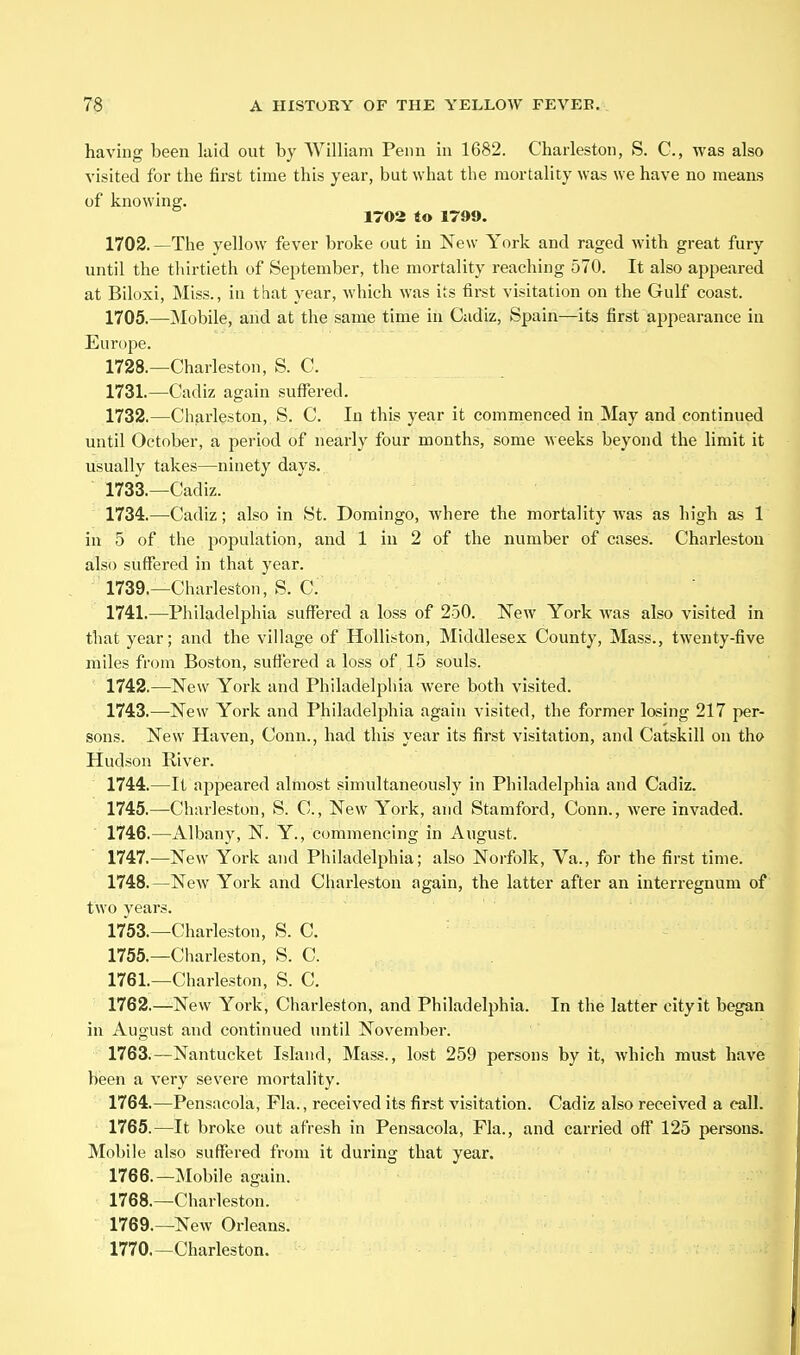 having been laid out by William Penn in 1682. Charleston, S. C, was also visited for the first time this year, but what the mortality was we have no means of knowing. 1702 4o 1799. 1702. —The yellow fever broke out in New York and raged with great fury until the thirtieth of September, the mortality reaching 570. It also appeared at Biloxi, Miss., in that year, which was its first visitation on the Gulf coast. 1705.—Mobile, and at the same time in Cadiz, Spain—its first appearance in Europe. 1728.—Charleston, S. C. 1731. —Cadiz again suflfered. 1732. —Charleston, S. C. In this year it commenced in May and continued until October, a period of nearly four months, some weeks beyond the limit it usually takes—ninety days. ' 1733.—Cadiz. 1734.—^Cadiz; also in St. Domingo, where the mortality Avas as high as 1 in 5 of the population, and 1 in 2 of the number of cases. Charleston also suffered in that year. 1739.—Charleston, S. C. 1741. —Philadelphia suffered a loss of 250. New York was also visited in that year; and the village of HoUiston, Middlesex County, Mass., twenty-five miles from Boston, suffered a loss of 15 souls. 1742. —^New York and Philadelphia were both visited. 1743. —New York and Philadeljihia again visited, the former losing 217 per- sons. New Haven, Conn., had this year its first visitation, and Catskill on tho Hudson River. 1744. —It appeared almost simultaneously in Philadelphia and Cadiz. 1745. —Charleston, S. C, New York, and Stamford, Conn., were invaded. 1746. —Albany, N. Y., commencing in August. 1747. —New York and Philadelphia; also Norfolk, Va., for the first time. 1748. —New York and Charleston again, the latter after an interregnum of two years. 1753.—Charleston, S. C. 1755.—Charleston, S. C. 1761. —Charleston, S. C. 1762. —New York, Charleston, and Philadelphia. In the latter city it began in August and continued until November. 1763. —Nantucket Island, Mass., lost 259 persons by it, which must have been a very severe mortality. 1764. —Pensacola, Fla., received its first visitation. Cadiz also received a call. 1765. —It broke out afresh in Pensacola, Fla., and carried off 125 persons. Mobile also suffered from it during that year. 1766. —Mobile again. 1768. —Charleston. 1769. —New Orleans. 1770. —Charleston.