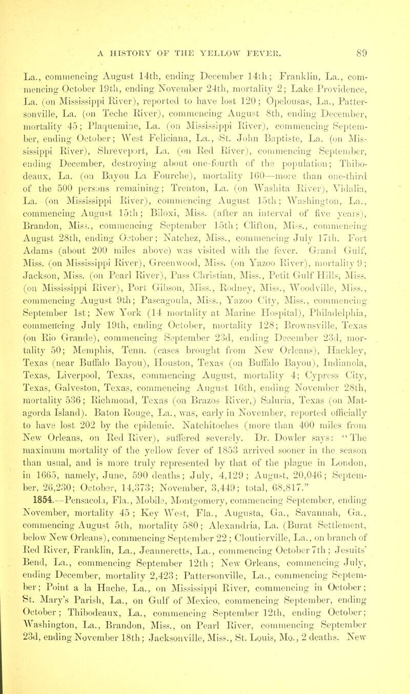 La., coiuinencing August 14th, ending December 14th; FrankHu, La., com- menchig October 19th, ending November 24th, mortality 2; Lake Providence, La. (on Mississippi River), reported to have lost 120; 02)elousas, La., Patter- sonville. La. (on Teche River), commencing August 8th, ending December, mortality 4-5; Plaquemine, La. (on Mississippi River), commencing Septem- ber, ending October; West Feliciana, La., -St. John Baptiste, La. (on Mis- sissippi River), Shrevep;>rt, La. (on Red River), commencing September, ending December, destroying about one-fourth of the population; Tiiiho- deaux. La. (on Bayou La Fourche), mortality 160—moic than one-third of the 500 persons remaining; Trenton, La. (on Washita River), Vidalin, La. (on Mississippi River), commencing August 15th; Washington, La., commencing August 15th; Biloxi, Miss, (after an interval of five years), Brandon, Miss., commencing September 15th; Clifton, Mi-s., commencing August 28th, ending October; Natchez, Miss., commencing July 17th. Foi-t Adams (about 200 miles above) vas visited vith the fever. Grand Gulf, Miss, (on Mississippi River), Greenwood, Miss, (on Yazoo River), mortality 9; Jackson, Miss, (on Pearl River), Pass Christian, Miss., Petit Gulf Hills, Miss, (on Mississippi River), Port Gibson, Miss., Ri)dney, Miss., Woodville, Miss., commencing August 9tli; Pascagoula, JMiss., Yazoo City, ]\Iiss., commencing September 1st; New York (14 mortality at IMarine Hospital), Philadel})hia, commencing July 19th, ending October, mortality 128; Brownsville, Texas (on Rio Grande), commencing September 23d, ending December 23d, mor- tality 50; Memphis, Tenn. (cases brought from New Orleans), Hackley, Texas (near Buffalo Bayou), Houston, Texas (on Buffalo Bayou), Lidianola, Texas, Liverpool, Texas, commencing August, mortality 4; Cypress City, Texas, Galve.ston, Texas, commencing August 16th, ending November 28th, mortality 536; Richmond, Texas (on Brazos River,) Saluria, Texas (on Mat- agorda Island). Baton Rouge, La., was, early in November, reported officially to have lost 202 by the epidemic. Natchitoches (more than 400 miles from New Orleans, on Red River), suffered severely. Dr. Dowler says: The maximum mortality of the yellow fever of 1853 arrived sooner in the season than usual, and is more truly represented by that of the plague in London, in 1665, namely, June, 590 deaths; July, 4,129; Augu,-.t, 20,046; Septem- ber, 26,230; Octob9r, 14,373; November, 3,449; total,''68,817. 1854.—Pensacola, Fla., IMobile, ]\Iontgomery, commencing September, ending November, mortality 45; Key West, Fla., Augusta, Ga., Savannah, Ga., commencing August 5th, mortality 580; Alexandria, La. (Burat Settlement, below New Orleans), commencing September 22 ; Cloutierville, La., on branch of Red River, Franklin, La., Jeanneretts, La., commencing October 7th; Jesuits' Bend, La., commencing September 12th ; New Orleans, commencing July, ending December, mortality 2,423; Pattersonville, La., commencuig Septem- ber; Point a la Hache, La., on INIississippi River, commencing in October; St. Mary's Parish, La., on Gulf of Mexico, commencing Sejitember, ending October; Thibodeaux, La., commencing September 12th, ending October; AVashington, La., Brandon, Miss., on Pearl River, commencing September 23d, ending November 18th; Jacksonville, Miss., St. Louis, Mo., 2 deaths. New