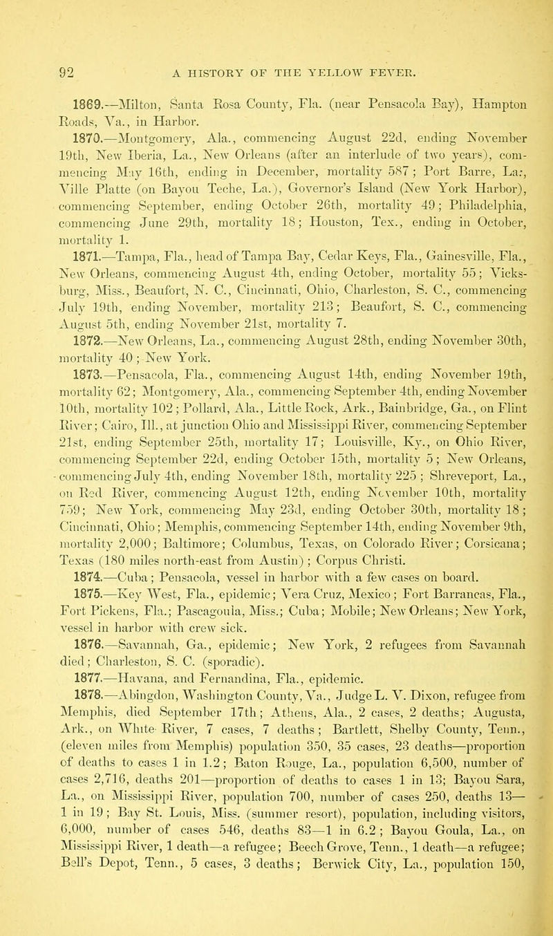 1869. —Milton, Santa Rosa County, Fla. (near Pensacola Eaj-), Hampton Roads, Va., in Harbor. 1870. —Montgomery, Ala., commencing August 22d, ending November 19tli, New Iberia, La., New Orleans (after an interlude of two years), com- mencing Muy 16tli, ending in December, mortality 587 ; Port Barre, La;, Ville Platte (on Bayou Teche, La.), Governor's Island (New York Harbor), commencing September, ending October 26th, mortality 49; Philadelphia, commencing June 29th, mortality 18; Houston, Tex., ending in October, mortality 1. 1871. —Tampa, Fla., head of Tampa Bay, Cedar Keys, Fla., Gainesville, Fla., New Orleans, commencing August 4th, ending October, mortality 55; Vicks- burg. Miss., Beaufort, N. C, Cincinnati, Ohio, Charleston, S. C, commencing July 19th, ending November, mortality 213; Beaufort, S. C, commencing August 5th, ending November 21st, mortality 7. 1872. —New Orleans, La., commencing August 28th, ending November 30th, mortality 40 ; New York. 1873. —Pensacola, Fla., commencing August 14th, ending November 19th, mortality 62; Montgomery', Ala., commencing September 4th, ending Nov-ember 10th, mortality 102; Pollard, Ala., Little Rock, Ark., Bainbridge, Ga., on Flint River; Cairo, 111., at junction Ohio and Mississippi River, commencing September 21st, ending September 25th, mortality 17; Louisville, Ky., on Ohio River, commencing September 22d, ending October 15th, mortality 5; New Orleans, commencing July 4th, ending November 18th, mortalit}-225 ; Shreveport, La., on Red River, commencing August 12th, ending November 10th, mortality 759; New York, commencing May 23d, ending October 30th, mortality 18; Cincinnati, Ohio; Memphis, commencing September 14th, ending November 9th, mortality 2,000; Baltimore; Columbus, Texas, on Colorado River; Corsicana; Texas (180 miles north-east from Austin) ; Corpus Christi. 1874. —Cuba; Pensacola, vessel in harbor with a few cases on board. 1875. —Key West, Fla., epidemic; Vera Cruz, Mexico; Fort Barrancas, Fla., Fort Pickens, Fla.; Pascagoula, Miss.; Cuba; Mobile; New Orleans; New York, vessel in harbor with crew sick. 1876. —Savannah, Ga., epidemic; New York, 2 refugees fi'om Savannah died; Cliarleston, S. C. (sporadic). 1877. —Havana, and Fernandina, Fla., epidemic. 1878. —Abingdon, Washington County, Va., JudgeL. V. Dixon, refugee from Memphis, died September 17th; Athens, Ala., 2 cases, 2 deaths; Augusta, Ark., on White-River, 7 cases, 7 deaths; Bartlett, Shelby County, Tenn., (eleven miles from Memphis) population 350, 35 cases, 23 deaths—proportion of deaths to cases 1 in 1.2; Baton Rouge, La., jiopulation 6,500, number of cases 2,716, deaths 201—proportion of deaths to cases 1 in 13; Bayou Sara, La., on Mississippi River, population 700, number of cases 250, deaths 13— - 1 in 19 ; Bay St. Louis, Miss, (summer resort), population, including visitors, 6,000, number of cases 546, deaths 83—1 in 6.2 ; Bayou Goula, La., on Mississippi River, 1 death—a refugee; Beech Grove, Tenn., 1 death—a refugee; Bell's Depot, Tenn., 5 cases, 3 deaths; Berwick City, La., population 150,