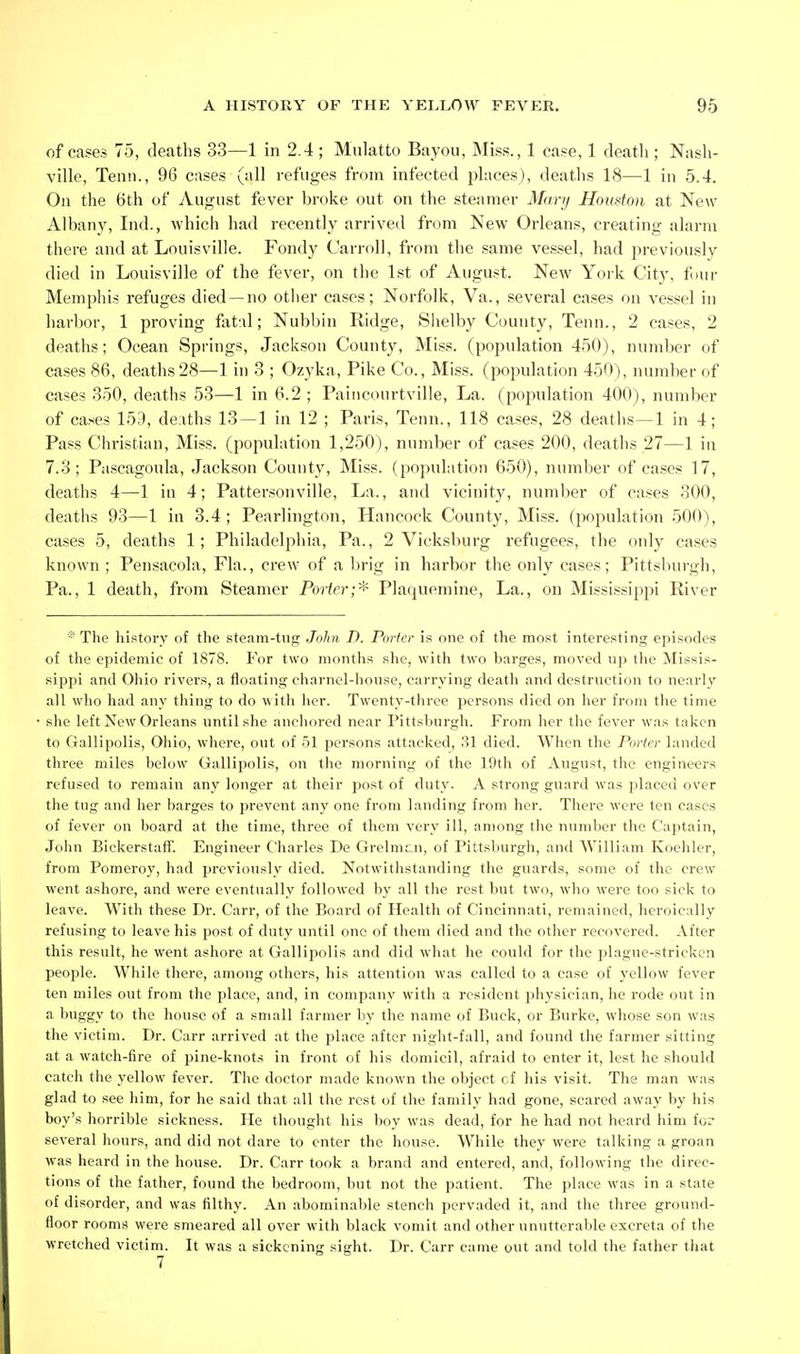 of cases 75, deaths 33—1 in 2.4 ; Mulatto Bayou, Miss., 1 case, 1 deatli; Nash- ville, Tenn., 96 cases (all refuges from infected places), deaths 18—1 in 5.4. On the 6th of August fever broke out on the steamer Manj Houston at New Albany, Ind., which had recently arrived from New Orleans, creating alarm there and at Louisville. Fondy Carroll, from the same vessel, had previously died in Louisville of the fever, on the 1st of August. New Yoi'k City, four Memphis refuges died—no otiier cases; Norfolk, Va., several cases on vessel in harbor, 1 proving fatal; Nubbin Ridge, Slielby County, Tenn., 2 cases, 2 deaths; Ocean Springs, Jackson County, Miss, (population 450), number of cases 86, deaths 28—1 in 3 ; Ozyka, Pike Co., Miss, (population 450), number of cases 350, deaths 53—1 in 6.2 ; Paincourtville, La. (population 400), number of cases 159, deaths 13—1 in 12 ; Paris, Tenn., 118 cases, 28 deaths—1 in 4; Pass Christian, Miss, (population 1,250), number of cases 200, deaths 27—1 in 7.3; Pascagoula, Jackson County, Miss, (population 650), number of cases 17, deaths 4—1 in 4; Pattersonville. La., and vicinity, number of cases 300, deaths 93—1 in 3.4; Pearlington, Hancock County, Miss, (population 500), cases 5, deaths 1; Philadelphia, Pa., 2 Vicksburg refugees, the only cases known; Pensacola, Fla., crew of a brig in harbor the only cases; Pittsburgh, Pa., 1 death, from Steamer Porter;'-^ Plaquemine, La., on Mississippi River ® The history of the steam-tug John I). Porter is one of the most interesting episodes of the epidemic of 1878. For two months she, with two barges, moved up the Missis- sippi and Ohio rivers, a floating charnel-house, carrying death and destruction to nearly all who had any thing to do with lier. Twenty-three persons died on her from the time she left New Orleans until she ancliored near Pittsburgh. From her the fever was taken to Gallipolis, Ohio, where, out of 51 persons attacked, 31 died. When the Porter landed three miles below Gallipolis, on the morning of the 19th of August, the engineers refused to remain any longer at their post of duty. A strong guard was placed over the tug and her barges to prevent any one from landing from her. There were ten cases of fever on board at the time, three of them very ill, among the number the Captain, John Bickerstaff. Engineer Charles De Grelmr n, of Pittsburgh, and William Koehler, from Pomeroy, had previously died. Notwithstanding the guards, some of the crew- went ashore, and were eventually followed by all the rest but two, who were too sick to leave. With these Dr. Carr, of the Board of Health of Cincinnati, remained, heroically refusing to leave his post of duty until one of them died and the other recovered. After this result, he went ashore at Gallipolis and did what he could for the plague-stricken people. While there, among others, his attention was called to a case of yellow fever ten miles out from the place, and, in company with a resident physician, he rode out in a buggy to the house of a small farmer by the name of Buck, or Burke, whose son was the victim. Dr. Carr arrived at the place after night-fall, and found the farmer sitting at a watch-fire of pine-knots in front of his domicil, afraid to enter it, lest he should catch the yellow fever. The doctor made known the object of his visit. The man was glad to see him, for he said that all the rest of the family had gone, scared away by his boy's horrible sickness. He thought his boy was dead, for he had not heard him for several hours, and did not dare to enter the house. While they were talking a groan was heard in the house. Dr. Carr took a brand and entered, and, following the direc- tions of the father, found the bedroom, but not the patient. The place was in a state of disorder, and was filthy. An abominable stench pervaded it, and the three ground- floor rooms were smeared all over with black vomit and other unutterable excreta of the wretched victim. It was a sickening sight. Dr. Carr came out and told the father that