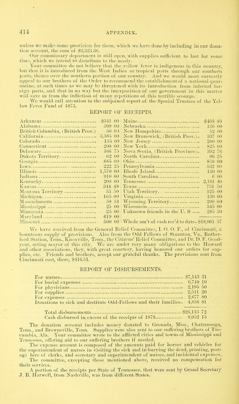 unless we mak? f5ome provision for tliera. which we have done by including incur dona- tion uccount, the sum of §2,323.36. Our commissary department is still open, with supplies sufficient to last for some time, which we intend to distribute to the needy. Your committee do not believe that the yellow fever is indigenous to this countrv, but that it is introduced from the West Indies or tropical ports through our soutliern ])orts, thence over the southern portion of our country. And we would most earnestlv appeal to our brothers of the Order to recommend the establishment of a national quar- antine, at such times as we may be threatened with its introduction from infected for- eign ports, and that in no way but the interposition of our government in this matter will save us from the intiiction of many repetitions of this terrible scourge. Wc would call attention to the subjoined report of the Special Trustees of the Yel- low Fever Fund of 1873. EEPORT OF EECEIPTS. Arkansas $341 00 Alabama 309 00 British Columbia, (British Pro v.) 60 00 California 3,385 00 135 00 200 00 166 75 02 00 685 00 222 25 Illinois 1,570 00 Colorado ■ Connecticut Delaware Dakota Territory. Georgia Iowa Indiana Kentucky Kansas Montana Territory. Michigan Massachusetts Mississippi Minnesota Maryland Missouri 910 00 200 00 344 48 53 50 105 00 58 34 25 00 25 00 619 00 500 00 136 00 52 00 337 00 Maine $408 89 Nebraska New Hampshire New Brunswick, (British Prov. New Jersey 200 00 New York 825 00 Nova Scotia, (British Province).. 392 76 North Carolina 96 25 Ohio 850 00 Pennsylvania. 532 00 Rhode Island... South Cai'olina. 130 00 6 00 Tennessee 2,161 40 Texas Utah Territory. Virginia 731 50 125 00 130 00 Wyoming Territory 290 60 345 00 285 30 Wisconsin . Unknown friends in the U. S Whole am't of cash rec'd to date.. $18,061 57 We have received from the General Relief Committee, I. O. O. F., of Cincinnati, a bounteous supply of provisions. Also from the Odd Fellows of Staunton, Va., Ruther- ford Station, Tenn., Kno-xville, Tenn., the Citizens' Relief Committee, and Dr. D. F. Good- year, acting mayor of this city. We are under very many obligations to the Howard and other associations, they, with great courtesy, having honored our orders for sup- plies, etc. Friends and brothers, accept our grateful thanks. The provisions sent from Cincinnati cost, there, .$416.51. REPORT OF DISBURSEMENTS. For nurses $7,143 31 For burial expenses 6,749 10 For physicians 2,195 50 For supplies 2,511 20 For expenses 2,677 80 Donations to sick and destitute Odd-Fellows and their families.. 4,836 81 Total disbursements $26,113 72 Cash disbursed in excess of the receipts of 1878 8,052 15 The donation account includes money donated to Grenada, Miss., Chattanooga, Tenn., and Brownsville, Tenn. Supplies were also sent to our suffering brothers of Tus- cunibia, Ala. Your committee wrote to the afHicted cities and towns of Mississippi and Tennessee, offering aid to our suffering brothers if needed. The expense account is composed of the amounts paid for horses and vehicles for the superintendent of nurses in visiting the sick and in burying the dead, printing, post- age hire of clerks, and secretary and superintendent of nurses, and incidental expenses. The committee, excepting those mentioned above, received no compensation for their services. A portion of the receipts per State of Tennessee, that were sent by Grand Secretary J. R. Harwell, from Nashville, was from different States,