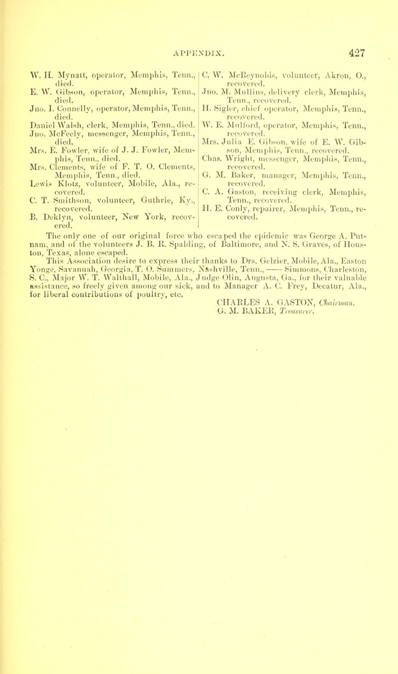 \V. n. Mynatt, operalnr, Memphis, Tenn., died. E. W. Gibrton, operator, Memphis, Tenn., died. Jno. I. Connelly, operator, Memphis, Tenn., died. Daniel Walsh, clerk, Memphis, Tenn., died. Jno. McFeely, mes.senger, Memphis, Tenn., died. Mrs. E. Fowler, wife of J. J. Fowler, Mem- phis, Tenn., died. Mrs. Clements, wife of F. T. O. Clements, Memphis, Tenn., died. Lewis Klotz, volunteer, Mobile, Ala., re- covered. C. T. Smithson, volnnteer, Guthrie, Ky., recovered. B. Deklyn, volunteer, New York, recov- C. W. McReynnlds, volunteer, Akron, 0., recovered. Jno. M. Mullins, delivery clerk, Memphis, Tenn., recos'ered. H. Sigler, cliief operator, IMemphis, Tenn., recovered. W. E. Mnlford, operator, Memjjhis, Tenn., recovered. Mrs. Julia E. Gibson, wife of E. W. Gib- son, Memphis, Tenn., recovered. Chas. Wright, messenger, Memphis, Tenn., recovered. G. M. Baker, manager, Memphis, Tenn., recovered. C. A. Gaston, receiving clerk, Memphis, Tenn., recovered. II. E. C'only, repairer, Memphis, Tenn., re- covered. ered. The only one of our original force who escaped the epidemic was George A. Put- nam, and of the volunteers J. B. R. Spalding, of Baltimore, and N. S. Graves, of Hous- ton, Texas, alone escaped. This As.sociation desire to express their thanks to Drs. Gelzier, Mobile, Ala., Easton Yonge, Savannah, Georgia, T. O. Summers, Nfishville, Tenn., Simmons, Charleston, S. C, Major W. T. Walthall, Mobile, Ala., Judge Olin, Augusta, Ga., for their valuable assistance, so freely given among our sick, and to Manager A. C. Frey, Decatur, Ala., for liberal contributions of poultry, etc. CHARLES A. GASTOX, ClMirman. G. M. BAKEE, Treasura: