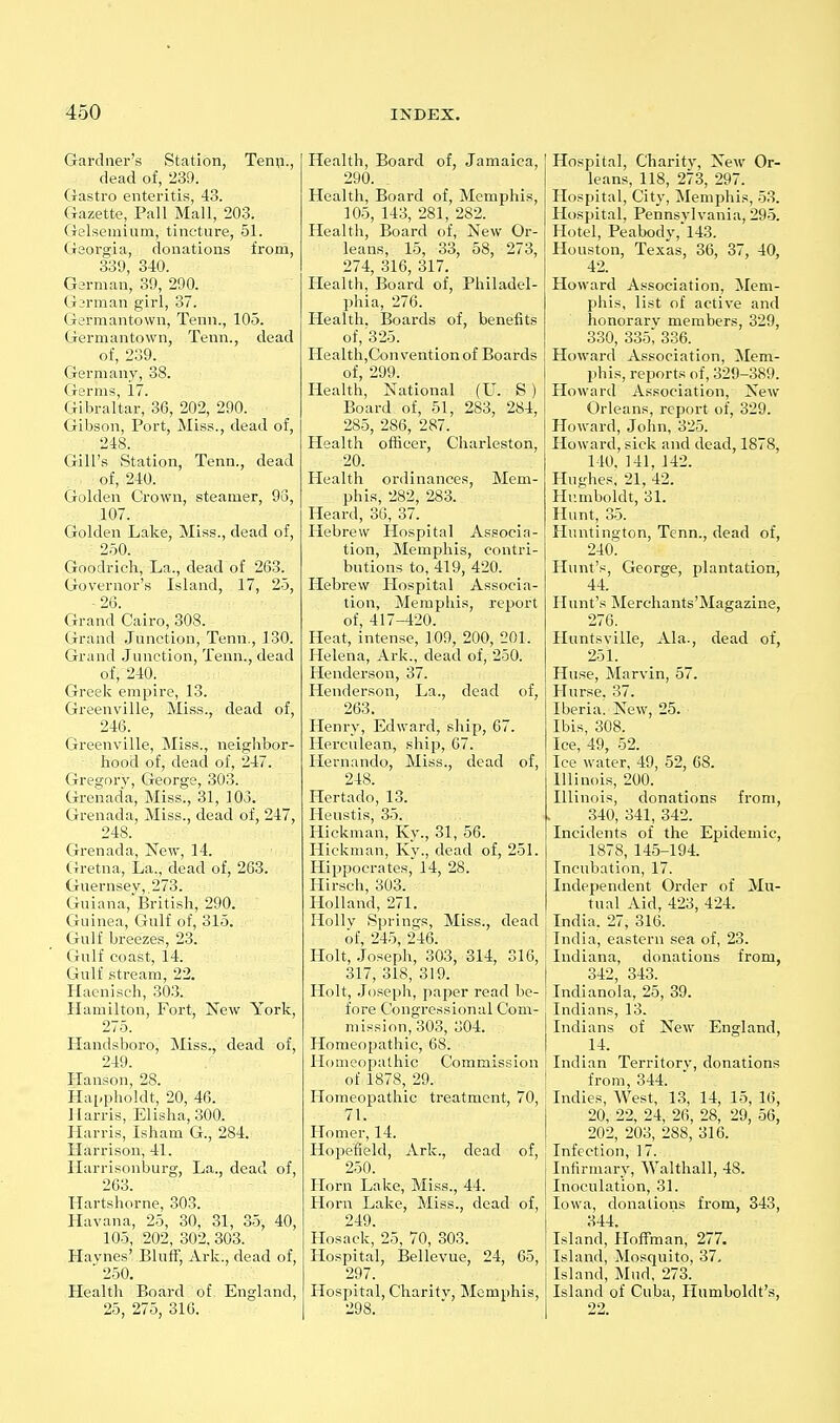 Gardner's Station, Tenn., dead of, 239. Gastro enteritis, 43. Gazette, Pall Mall, 203. Gelsemium, tincture, 51. Georgia, donations from, 339, 340. German, 39, 290. German girl, 37. Germantown, Tenn., 105. Germantown, Tenn., dead of, 239. Germany, 88. Germs, 17. Gibraltar, 36, 202, 290. Gibson, Port, Miss., dead of, 248. Gill's Station, Tenn., dead of, 240. Golden Crown, steamer, 93, 107. Golden Lake, Miss., dead of, 250. Goodrich, La., dead of 263. Governor's Island, 17, 25, ■26. Grand Cairo, 308. Grand Junction, Tenn., 130. Grand Junction, Tenn., dead of, 240. Greek empire, 13. Greenville, Miss., dead of, 246. Greenville, Miss., neighbor- hood of, dead of, 247. Gregory, George, 303. Grenada, Miss., 31, 103. Grenada, Miss., dead of, 247, 248. Grenada, New, 14. Gretna, La., dead of, 263. Guernsey,. 273. Guiana,British, 290. Guinea, Gulf of, 315. Gulf breezes, 23. Gulf coast, 14. Gulf stream, 22. Haenisch, 303. Hamilton, Fort, New York, 275. Handsboro, Miss., dead of, 249. Hanson, 28. Happholdt, 20, 46. Harris, Elisha, 300. Harris, Isham G., 284. Harrison, 41. Harrisonburg, La., dead of, 263. Hartshorne, 303. Havana, 25, 30, 31, 35, 40, 105, 202, 302, 303. Haynes' Bluff, Ark., dead of, ■ 250. Health Board of England, 25, 275, 316. Health, Board of, Jamaica, 290. Health, Board of, Memphis, 105, 143, 281, 282. Health, Board of, New Or- leans, 15, 33, 58, 273, 274, 316, 317. Health, Board of, Philadel- phia, 276. Health. Boards of, benefits of, 325. Health,Convention of Boards of, 299. Health, National (U. S ) Board of, 51, 283, 284, 285, 286, 287. Health officer, Charleston, 20. Health ordinances, Mem- phis, 282, 283. Heard, 36, 37. Hebrew Hospital Associa- tion, Memphis, contri- butions to, 419, 420. Hebrew Hospital Associa- tion, Memphis, report of, 417-420. Heat, intense, 109, 200, 201. Helena, Ark., dead of, 250. Henderson, 37. Henderson, La., dead of, 263. Henry, Edward, ship, 67. Herculean, ship, 67. Hernando, Miss., dead of, 248. Hertado, 13. Heustis, 35. Hickman, Ky., 31, 56. Hickman, Ky., dead of, 251. Hippocrates, 14, 28. Hirsch, 303. Holland, 271. Holly Springs, Miss., dead of, 245, 246. Holt, .Joseph, 303, 314, 316, 317, 318, 319. Holt, .Joseph, paper read be- fore Congressional Com- mission, 303, 304. Homeopathic, 68. Homcfipathic Commission of 1878, 29. Homeopathic treatment, 70, 71. Homer, 14. Hopefield, Ark., dead of, 250. Horn Lake, Miss., 44. Horn Lake, Miss., dead of, 249. Hosack, 25, 70, 303. Hospital, Bellevue, 24, 65, 297. Hospital, Charitv, Memphis, 298. Hospital, Charity, New Or- leans, 118, 273, 297. Hospital, City, Memphis, 53. Hospital, Pennsylvania, 295. Hotel, Peabody,l43. Houston, Texas, 36, 37, 40, 42. Howard Association, Mem- phis, list of active and honorarv members, 329, 330, 335; 336. Howard Association, Mem- phis, reports of, 329-389. Howard Association, New Orleans, report of, 329. Howard, John, 325. Howard, sick and dead, 1878, 140. 141, 142. Hughes, 21, 42. Humboldt, 31. Hunt, 35. Huntington, Tenn., dead of, 240. Hunt's, George, plantation, 44. Hunt's Merchants'Magazine, 276. Huntsville, Ala., dead of, 251. Huse, Marvin, 57. Hurse, 37. Iberia. New, 25. Ibis, 308. Ice, 49, 52. Ice water, 49, 52, 68. Illinois, 200. Illinois, donations from, 340, 341, 342. Incidents of the Epidemic, 1878, 145-194. Incubation, 17. Independent Order of Mu- tual Aid, 423, 424. India. 27, 316. India, eastern sea of, 23. Indiana, donations from, 342, 343. Indianola, 25, 39. Indians, 13. Indians of New England, 14. Indian Territory, donations from, 344. Indies, West, 13, 14, 15, 16, 20, 22, 24, 26, 28, 29, 56, 202, 203, 288, 316. Infection, 17. Infirmary, Walthall, 48. Inoculation, 31. Iowa, donations from, 343, 344. Island, HofFman, 277. Island, Mosquito, 37. Island, Mud, 273. Island of Cuba, Humboldt's, 22.