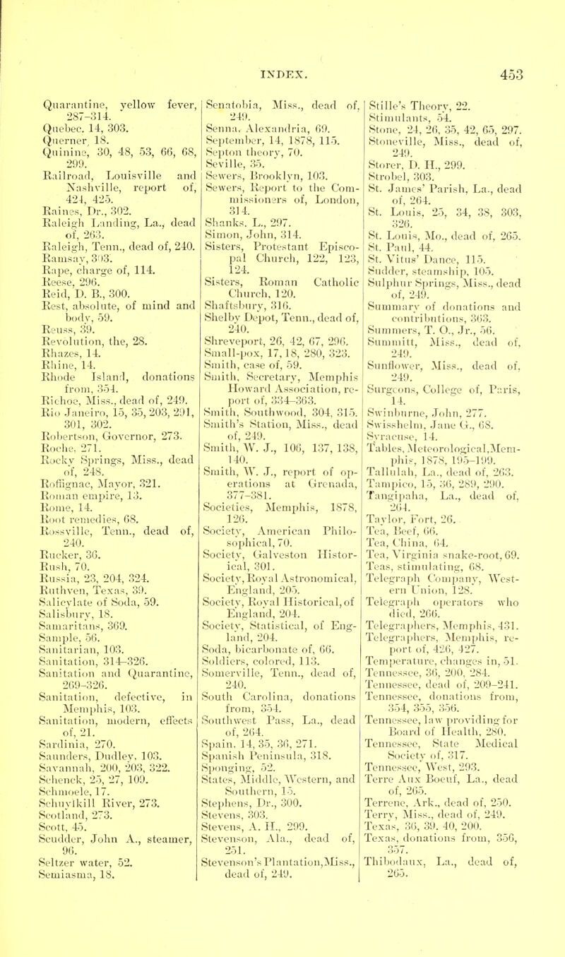 Quarantine, yellow fever, 287-314. Quebec. 14, 303. Querner 18. Quinine, 30, 48, 53, 66, 68, 299. Railroad, Louisville and Jfashville, report of, 424, 425. Raines, Dr., 302. Raleigh Landing, La., dead of, 263. Raleigh, Tenn., dead of, 240. Raiu.say> 303. Rape, charge of, 114. Reese, 296. Reid, D. B., 300. Rest, absolute, of mind and bodv, 59. Reuss, 39. Revolution, the, 28. Rhazes, 14. Rhine, 14. Rhode Island, donations from, 354. Richoe, Miss., dead of, 249. Rio .Janeiro, 15, 35, 203, 291, 301, 302. Robertson, Governor, 273. Roche, 271. Ruckv Springs, Miss., dead of, 248. RofKgnac, Mayor, 321. Roman empire, 13. Rome, 14. Root remedies, 68. Rossvillc, Tenn., dead of, 240. Rueker, 36. Rush, 70. Russia, 23, 204, 324. Ruthven, Texas, 39. Salicylate of Soda, 59. Salisbury, 18. Samaritans, 369. Sample, 56. Sanitarian, 103. Sanitation, 314-326. Sanitation and Quarantine, 209-326. Sanitation, defective, in Memphis, 103. Sanitation, modern, effects of, 21. Sardinia, 270. Saunders, Dudlev, 103. Savannah, 200, 203, 322. Sciienck, 25, 27, 109. Schmoele, 17. SchuvlkiU River, 273. Scotland, 273. Scott, 45. Scuddcr, John A., steamer, 96. Seltzer water, 52. Semiasnia, IS. Scnatobia, Jliss., dead of, 249. Senna, Alexandria, 69. September, 14, 1878, 115. Septon theory, 70. Seville, 35. Sewers, Brooklyn, 103. Sewers, Report to the Com- missioners of, London, 314. Shanks. L., 297. Simon, John, 314. Sisters, Protestant Episco- pal Church, 122, 123, 124. Sisters, Roman Catholic Church, 120. Shafts]>ury, 31 (i. Shelby Depot, Tenn., dead of, 240. Shreveport, 20, 42, 67, 296. Small-pox, 17,18, 280, o23. Smith, case of, 59. Smith, Secretary, Memphis Howard Association, re- port t)f, 334-363. Smith, Southwood, 304, 315. Smith's Station, Miss., dead of, 249. Smith, W. J., 106, 137, 138, 140. Smith, \V. .1., report of op- erations at Grenada, 377-381. Societies, Memphis, 1878, 126. Society, American Philo- sophical, 70. Societv, Galveston Histor- ical, 301. Society,Royal Astronomical, England, 205. Society, Roval Historical, of England, 2(14. Society, Statistical, of Eng- land, 204. Soda, bicarbonate of, 06. Soldiers, colored, 113. Somerville, Tenn., dead of, 240. South Carolina, donations from, 354. Soutliwest Pass, La., dead of, 264. Si)ain, 14, 35, 36, 271. Spanish Peninsula, 318. Sponging, 52. States, Middle, Western, and Soutiicrn, 15. Stephens, Dr., 300. Stevens, 303. Stevens, A. H., 299. Stevenson, Ala., dead of, 251. Stevenson's Plantation,Miss., dead of, 249. Stille's Theory, 22. Stimulants, 54. Stone, 24, 26, 35, 42, 05, 297. Stoneville, Miss., dead of, 249. Storer, D. H., 299. Strobel, 303. St. James' Parish, La., dead of, 264. St. Louis, 25, 34, 38, 303, 326. St. Louis, Mo., dead of, 265. St. Paul, 44. St. Vitus' Dance, 115. Sudder, steamsiiip, 105. Sulphur Springs, Miss., dead of, 249. Summary of donations and contributions, 363, Summers, T. O., Jr., 56. Summitt, Miss., dead of, 249. Sunflower, Miss., dead of. 249. Surgeons, College of, Paris, 14. Swinburne, John, 277. Swisshelm, Jane G., 68. Syracuse, 14. Tables, .M eteoro 1 ogi ea 1,Mem - phis, 1878, 195-199. Tallulaii, La., dead of, 263. Tampieo, 15, 36, 289, 290. Tangi|)aha, La., dead of, 264. Taylor, Fort, 26. Tea, Beef, 66. Tea, China, ()4, Tea, Virginia snake-root, 69. Teas, stimulating, 68. Telegraiih ( 'onijiany, West- ern Union, 128. Telegraph operators who died, 266. Telegraphers, Memphis, 431. Telegra])her.s, Memphis, re- port of, 426, 427. Temperature, changes in, 51. Tennessee, 36, 200, 284. Tennessee, dead of, 209-241. Tennessee, donations from, 354, 355, 356. Tennessee, law providing for Board of Health, 280. Tennes.sec, State Medical Societv of, 317. Tennessee, West, 293. Terre Aux Boenf, La., dead of, 265. Terrene, Ark., dead of, 250. Terry, Miss., dead of, 249. Texas, 36, 39. 40, 200. Texas, donations from, 350, 357. Thibodaux, La., dead of, 265.