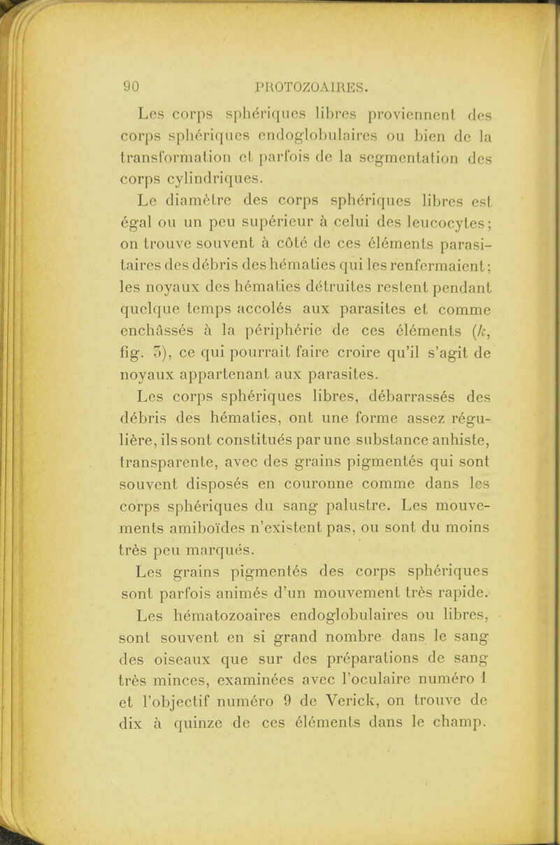 Los corps sphériques libres proviennent des corps sphériques endoglobulaires ou bien de la transformation et parfois de la segmentation des corps cylindriques. Le diamètre des corps sphériques libres est égal ou un peu supérieur à celui des leucocytes; on trouve souvent à côté de ces éléments parasi¬ taires des débris des hématies qui les renfermaient ; les noyaux des hématies détruites restent pendant quelque temps accolés aux parasites et comme enchâssés à la périphérie de ces éléments (k, fig. 5), ce qui pourrait faire croire qu’il s’agit de noyaux appartenant aux parasites. Les corps sphériques libres, débarrassés des débris des hématies, ont une forme assez régu¬ lière, ils sont constitués par une substance anhiste, transparente, avec des grains pigmentés qui sont souvent disposés en couronne comme dans les corps sphériques du sang palustre. Les mouve¬ ments amiboïdes n’existent pas, ou sont du moins très peu marqués. Les grains pigmentés des corps sphériques sont parfois animés d’un mouvement très rapide. Les hématozoaires endoglobulaires ou libres, sont souvent en si grand nombre dans le sang des oiseaux que sur des préparations de sang très minces, examinées avec l’oculaire numéro 1 et l’objectif numéro 9 de Verick, on trouve de dix à quinze de ces éléments dans le champ.