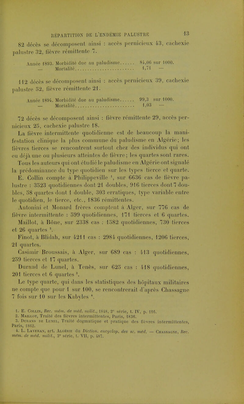 82 décès se décomposent ainsi : accès pernicieux 43, cachexie palustre 32, fièvre rémittente 7. Année 1893. Morbidité duc au paludisme 84,06 sur 1000. _ Mortalité 1,71 — 112 décès se décomposent ainsi : accès pernicieux 39, cachexie palustre 52, fièvre rémittente 21. Année 1894. Morbidité due au paludisme 99,3 sur 1000. — Mortalité 1,03 — 72 décès se décomposent ainsi : fièvre rémittente 29, accès per- nicieux 25, cachexie palustre 18. La fièvre intermittente quotidienne est de heaucoup la mani- festation clinique la plus commune du paludisme en Algérie; les fièvres tierces se rencontrent surtout chez des individus qui ont eu déjà une ou plusieurs atteintes de fièvre ; les quartes sont rares. Tous les auteurs qui ont étudié le paludisme en Algérie ont signalé la prédominance du type quotidien sur les types tierce et quarte. E. Collin compte à Philippeville sur 6636 cas de fièvre pa- lustre : 3523 quotidiennes dont 21 doubles, 916 tierces dont 7 dou- bles, 58 quartes dont 1 double, 303 erratiques, type variable entre le quotidien, le tierce, etc., 1836 rémittentes. Antonini et Monard frères comptent à Alger, sur 776 cas de fièvre intermittente : 599 quotidiennes, 171 tierces ef 6 quartes. Maillot, à Bône, sur 2338 cas : 1582 quotidiennes, 730 tierces et 26 quartes 2. Finot, à Blidah, sur 4211 cas : 2984 quotidiennes, 1206 tierces, 21 quartes. Casimir Broussais, à. Alger, sur 689 cas : 413 quotidiennes, 259 tierces et 17 quartes. Durand de Lunel, à Tenès, sur 625 cas : 418 quotidiennes, 201 tierces et 6 quartes 3. Le type quarte, qui dans les statistiques des hôpitaux militaires ne compte que pour 1 sur 100, se rencontrerait d'après Chassagne 7 fois sur 10 sur les Kabyles *. 1. E. Collin, Rec. mém. de méd. milit., L848, 2 série, t. IV, p. 110. 2. Maillot, Traité des lièvres intermittentes, Paris, 1836. 3. Durand de Lunel, Traité dogmatique et pratique des fièvres intermittentes, Paris, 1862. 4. L. Laveran, art. Algérie du Diction, encyclop. des se. méd. — Chassagne, Rec. mém. de méd. milit., 3° série, t. VII, p. 487.