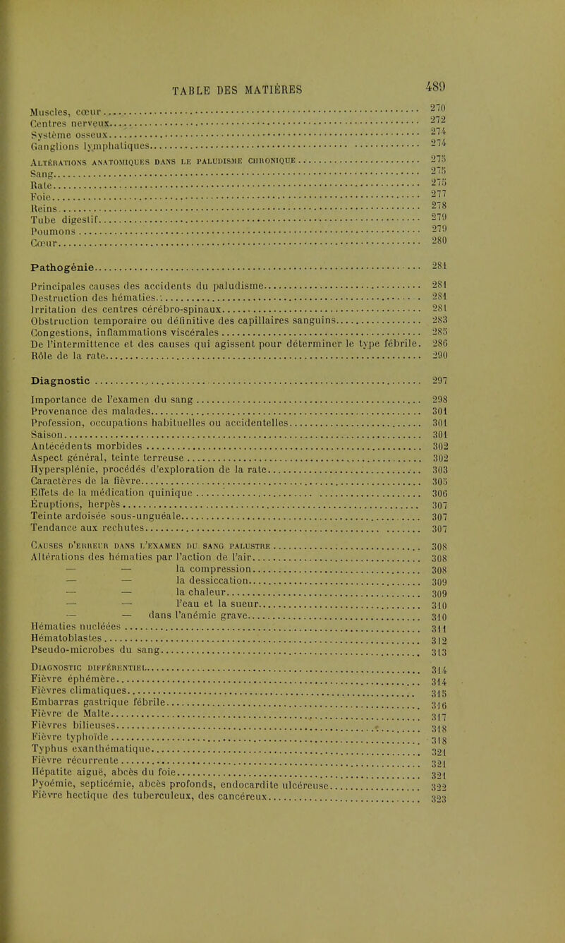 Muscles, cœur -70 Centres nerveux.... 272 Système osseux 274 Ganglions lymphatiques 274 Altérations anatomiques dans le paludisme chronique.. 27r. Sang 275 Rate 275 Foie 277 Reins 2,8 Tube digeslil 219 Poumons 279 Cœur 280 Pathogénie 281 Principales causes des accidents du paludisme 281 Destruction des hématies.'. • 2S1 Irritation des centres cérébro-spinaux 281 Obstruction temporaire ou définitive des capillaires sanguins 283 Congestions, inflammations viscérales 2S5 De l'intermittence et des causes qui agissent pour déterminer le type fébrile. 28G Rôle de la rate 290 Diagnostic 291 Importance de l'examen du sang 298 Provenance des malades 301 Profession, occupations habituelles ou accidentelles 301 Saison 301 Antécédents morbides 302 Aspect général, teinte terreuse 302 Hypersplénie, procédés d'exploration de la rate 303 Caractères de la fièvre 303 Effets de la médication quinique 306 Éruptions, herpès 301 Teinte, ardoisée sous-unguéale 301 Tendance aux rechutes 307 Causes d'erreur dans l'examen nu sang palustre 308 Altérations des hématies par l'action de l'air 308 — la compression 308 la dessiccation 309 — — la chaleur 309 — — l'eau et la sueur 310 — — dans l'anémie grave 310 Hématies nucléées 311 Hématoblastes 312 Pseudo-microbes du sang 3(3 Diagnostic différentiel 314 Fièvre éphémère 314 Fièvres climatiques 315 Embarras gastrique fébrile 34g Fièvre de Malte 317 Fièvres bilieuses 0 gjg Fièvre typhoïde 31 g Typhus exanthématique 39j Fièvre récurrente 3Ô1 Hépatite aiguë, abcès du foie Pyoémie, septicémie, abcès profonds, endocardite ulcéreuse 322 Fièvre hectique des tuberculeux, des cancéreux 323