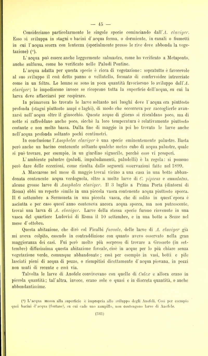 Consideriamo particolarmente le singole specie cominciando dair.4. claviger. Esso si sviluppa in stagni o bacini d' acqua ferma, o dormiente, in canali o fìumetti in cui r acqua scorra con lentezza (specialmente presso le rive dove abbonda la vege- tazione) (). L' acqua può essere anche leggermente salmastra, come ho verificato a Metaponto, anche sulfurea, come ho verificato nelle Paludi Pontine. L'acqua adatta per questa specie è ricca di vegetazione : sopratutto è favorevole al suo sviluppo il così detto panno o vellutello, formato di confervoidee intrecciate come in un feltro. Le lemne se sono in poca quantità favoriscono lo sviluppo dell'yl. claviger; lo impediscono invece se ricoprono tutta la superficie dell'acqua, su cui la larva deve aifacciarsi per respirare. In primavera ho trovato le larve soltanto nei luoghi dove l'acqua era piuttosto profonda (stagni piuttosto ampi e laghi), di modo che occorreva per raccoglierle avan- zarsi neir acqua oltre il ginocchio. Queste acque di giorno si riscaldano poco, ma di notte si raffreddano anche poco, sicché la loro temperatura è relativamente piuttosto costante e non molto bassa. Dalla fine di maggio in poi ho trovato le larve anche nell'acqua profonda soltanto pochi centimetri. In conclusione VAnophcles claviger è una specie eminentemente palustre. Basta però anche un bacino contenente soltanto qualche metro cubo di acqua palustre, quale si può trovare, per esempio, in un giardino signorile, perchè esso vi prosperi. L' ambiente palustre (paludi, impaludamenti, paludelli) è la regola : si possono però dare delle eccezioni, come risulta dalle seguenti osservazioni fatte nel 1899. A Maccarese nel mese di maggio trovai vicino a una casa in una botte abban- donata contenente acqua verdognola, oltre a molte larve di C. pipiens e annulatus, alcune grosse larve di Anopheles claviger. II 3 luglio a Prima Porta (dintorni di Koma) ebbi un reperto simile in una piccola vasca contenente acqua piuttosto sporca. Il 6 settembre a Sermoueta in una piccola vasca, che di solito in quest' epoca è asciutta e per caso quest' anno conteneva ancora acqua sporca, ma non putrescente, trovai una larva di A. claviger. Larve della stessa specie furono rinvenute in una vasca del quartiere Ludovisi di Roma il 10 settembre, e in una botte a Sozze nel mese d' ottobre. Questa abitazione, che dirò col Picalbi foveale, delle larve di A. claviger già mi aveva colpito, essendo in contraddizione con quanto avevo osservato nella gran maggioranza dei casi. Fui però molto più sorpreso di trovare a Grosseto (in set- tembre) diffusissima questa abitazione foveale, cioè in acque per lo più chiare senza vegetazione verde, comunque abbandonate ; così per esempio in vasi, botti e pile lasciati pieni di acqua di pozzo, o riempitisi direttamente d' acqua piovana, in pozzi non usati di recente e così via. Talvolta le larve di Anofele convivevano con quelle di Culex e allora erano in piccola quantità ; tal' altra, invece, orano sole o quasi e in discreta quantità, o anche abbondantissime. {} L'acqua mossa alla superfìcie è impropria allo sviluppo degli Anofeli. Cosi per esempio ijuci bacini d'acqua (fontane), su cui cade uno zampillo, non contengono larve di Anofele.