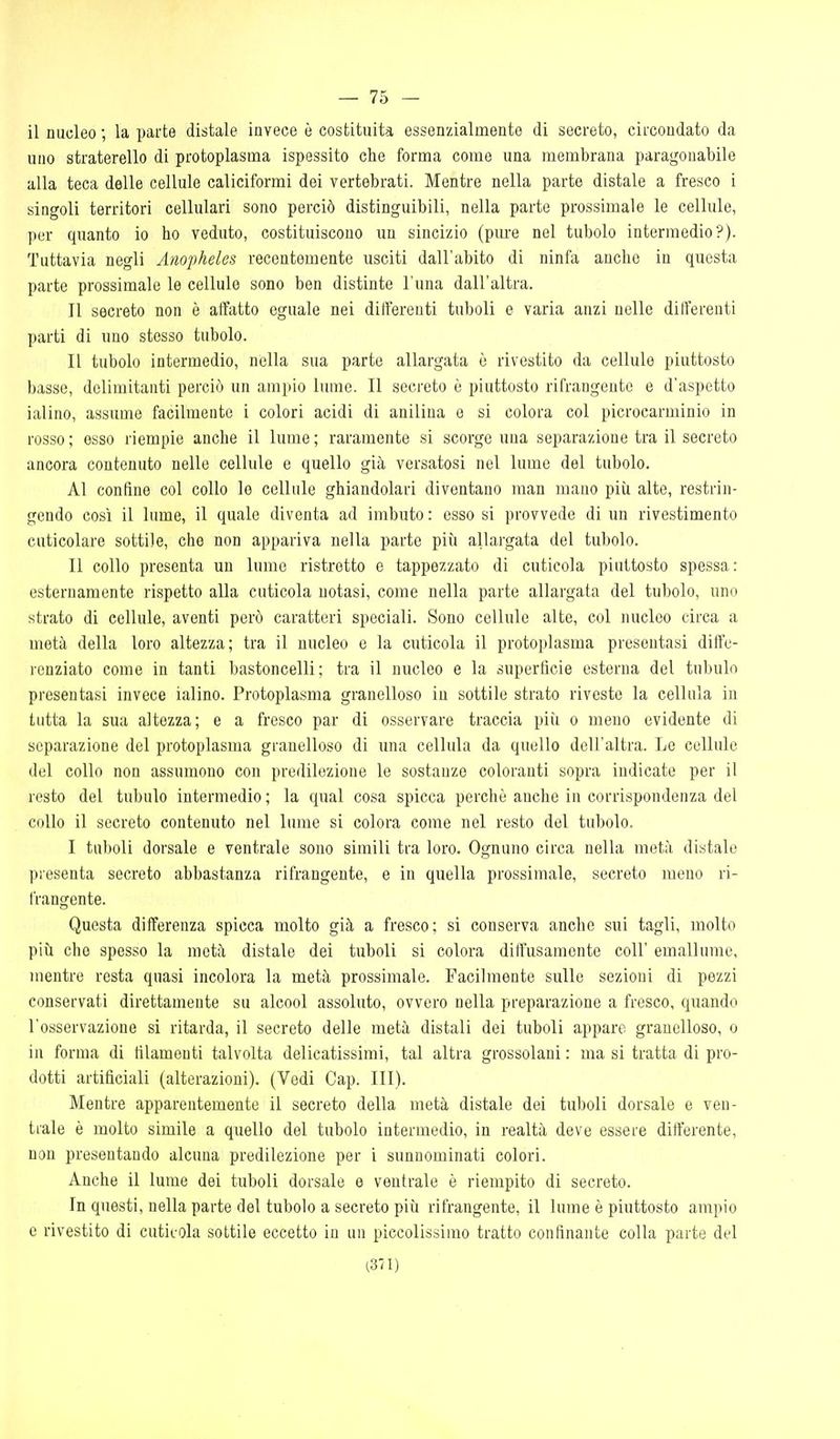 il nucleo ; la parte distale invece è costituita essenzialmente di secreto, circondato da uno straterello di protoplasma ispessito che forma come una membrana paragonabile alla teca delle cellule caliciformi dei vertebrati. Mentre nella parte distale a fresco i singoli territori cellulari sono perciò distinguibili, nella parte prossimale le cellule, per quanto io ho veduto, costituiscono un sincizio (pm-e nel tubolo intermedio?). Tuttavia negli Anopheles recentemente usciti dall'abito di ninfa anche in questa parte prossimale le cellule sono ben distinte l'una dall'altra. Il secreto non è affatto eguale nei differenti tuboli e varia anzi nelle differenti parti di uno stesso tubolo. Il tubolo intermedio, nella sua parte allargata è rivestito da cellule piuttosto basse, delimitanti perciò un ampio lume. Il secreto è piuttosto rifrangente e d'aspetto ialino, assume facilmente i colori acidi di anilina e si colora col picrocarminio in rosso ; esso riempie anche il lume ; raramente si scorge una separazione tra il secreto ancora contenuto nelle cellule e quello già versatosi nel lume del tubolo. Al confine col collo le cellule ghiandolari diventano man mano più alte, restrin- gendo così il lume, il quale diventa ad imbuto : esso si provvede di un rivestimento cuticolare sottile, che non appariva nella parte più allargata del tubolo. Il collo presenta un lume ristretto e tappezzato di cuticola piuttosto spessa: esternamente rispetto alla cuticola notasi, come nella parte allargata del tubolo, uno strato di cellule, aventi però caratteri speciali. Sono cellule alte, col nucleo circa a metà della loro altezza; tra il nucleo e la cuticola il protoplasma presentasi diffe- renziato come in tanti bastoncelli; tra il nucleo e la superficie esterna del tubulo presentasi invece ialino. Protoplasma granelloso in sottile strato riveste la cellula in tutta la sua altezza; e a fresco par di osservare traccia più o meno evidente di separazione del protoplasma granelloso di una cellula da quello dell'altra. Le cellule del collo non assumono con predilezione le sostanze coloranti sopra indicate per il resto del tubulo intermedio ; la qual cosa spicca perchè anche in corrispondenza del collo il secreto contenuto nel lume si colora come nel resto del tubolo. I tuboli dorsale e ventrale sono simili tra loro. Ognuno circa nella metà distale presenta secreto abbastanza rifrangente, e in quella prossimale, secreto meno ri- frangente. Questa differenza spicca molto già a fresco; si conserva anche sui tagli, molto più che spesso la metà distale dei tuboli si colora diffusamente coli' emallume, mentre resta quasi incolora la metà prossimale. Facilmente sulle sezioni di pezzi conservati direttamente su alcool assoluto, ovvero nella preparazione a fresco, quando l'osservazione si ritarda, il secreto delle metà distali dei tuboli appare granelloso, o in forma di filamenti talvolta delicatissimi, tal altra grossolani : ma si tratta di pro- dotti artificiali (alterazioni). (Vedi Gap. III). Mentre apparentemente il secreto della metà distale dei tuboli dorsale e ven- trale è molto simile a quello del tubolo intermedio, in realtà deve essere differente, non presentando alcuna predilezione per i sunnominati colori. Anche il lume dei tuboli dorsale e ventrale è riempito di secreto. In questi, nella parte del tubolo a secreto più rifrangente, il lume è piuttosto ampio e rivestito di cuticola sottile eccetto in un piccolissimo tratto confinante colla parte del