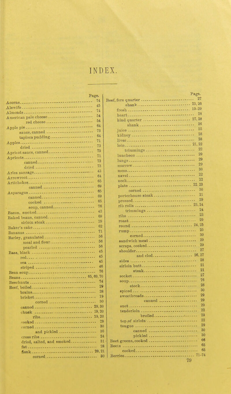 INDEX. Page. 74 Acorns Alewjfe Almonda American pale cheese red cheese Apple pie ^* sauce, canned '^^ tapioca pudding ^ Apples l\ dried Apricot sauce, canned Apricots 71 canned ''^ dried '^^ 43 64 65 Beef, fore quarter .. shanV — fresh heart hind quarter shank.. Aries sausage Arrowroot Artichokes canned Asparagus canned cooked ^ soup, canned '8 Bacon, smoked Baked beans, canned 69 sirloin steak 29 Baker's cake 62 Bananas Barley, granulated — 56 meal and flour 56 pearled 56 Bass, black ^5 red 45 sea *5 striped *6 Bean soup ''6 Beans 65,69,70 Beechnuts Beef, boiled 29 brains 28 brisket 18 corned 30 canned - 29,30 chuck 19> 20 ribs 19,20 cooked 29 corned 30 and pickled 30 cross ribs 24 dried, salted, and smoked 31 fat 28 flank 20,21 corned 80 juice kidney liver loin trimmings luncheon lungs marrow mess navel neck plate • corned porterhouse steak pressed— rib rolls trimmings ribs roast round rump corned — sandwich meat scraps, cooked shoulder and clod sides sirloin butt steak socket soup stock spiced sweetbreads canned anet tenderloin broiled top,of sirloin tongue canned, pickled Beet greens, cooked Beets cooked Berries