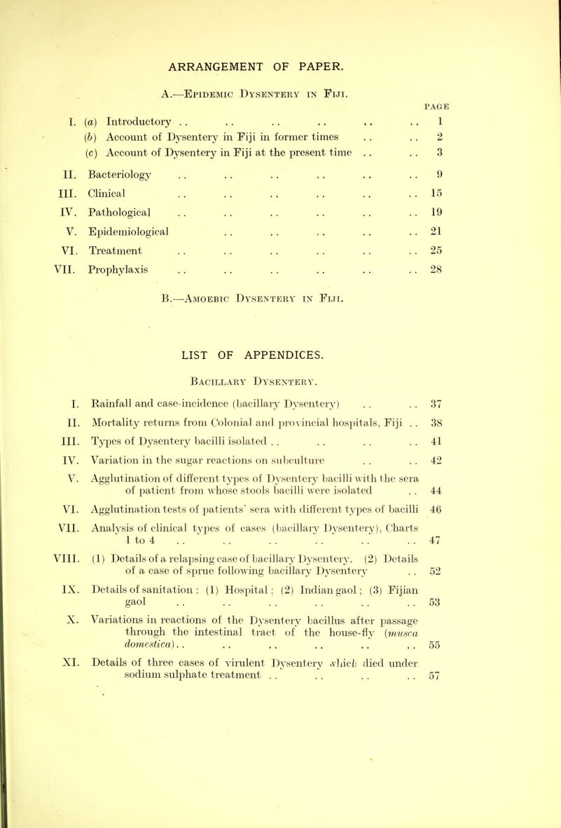 ARRANGEMENT OF PAPER. A.—Epidemic Dysentery in Fiji. page I. (a) Introductory . . .. .. .. .. 1 (b) Account of Dysentery in Fiji in former times . . . . 2 (c) Account of Dysentery in Fiji at the present time . . . . 3 II. Bacteriology . . . . . . . . . . 9 III. Clinical . . . . . . . . .. . . 15 IV. Pathological . . . . . . . . .. . . 19 V. Epidemiological . . . . . . .. 21 VI. Treatment . . . . . . . . . . . . 25 VII. Prophylaxis . . . . . . . . .. . . 28 B.—Amoebic Dysentery in Fiji. LIST OF APPENDICES. Bacillary Dysentery. I. Rainfall and case-incidence (bacillary Dysentery) . . 37 II. Mortality returns from Colonial and provincial hospitals, Fiji . . 38 III. Types of Dysentery bacilli isolated . . . . . . 41 IV. Variation in the sugar reactions on subculture . . 42 V. Agglutination of different types of Dysentery bacilli with the sera of patient from whose stools bacilli were isolated . . 44 VI. Agglutination tests of patients' sera with different types of bacilli 46 VII. Analysis of clinical types of cases (bacillary Dysentery), Charts 1 to 4 . . .. . . . . . . . . 47 VIII. (1) Details of a relapsing case of bacillary Dysentery. (2) Details of a case of sprue following bacillary Dysentery . . 52 IX. Details of sanitation : (1) Hospital; (2) Indian gaol; (3) Fijian gaol . . .. .. .. . . . . 53 X. Variations in reactions of the Dysentery bacillus after passage through the intestinal tract of the house-fly (musca domestica). . . . .. .. .. .. 55 XI. Details of three cases of virulent Dysentery wldch died under sodium sulphate treatment . . . . . . 57