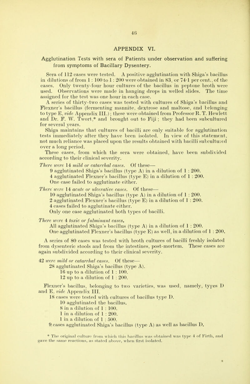 48 APPENDIX VI. Agglutination Tests with sera of Patients under observation and suffering from symptoms of Bacillary Dysentery. Sera of 112 cases were tested. A positive agglutination with Shiga's bacillus in dilutions of from 1 : 100 to 1: 200 were obtained in 83, or 74-1 per cent., of the cases. Only twenty-four hour cultures of the bacillus in peptone broth were used. Observations were made in hanging drops in welled slides. The time assigned for the test was one hour in each case. A series of thirty-two cases was tested with cultures of Shiga's bacillus and Flexner's bacillus (fermenting mannite, dextrose and maltose, and belonging to type E, vide Appendix III.); these were obtained from Professor R. T. Hewlett and Dr. F. W. Twort,* and brought out to Fiji; they had been subcultured for several years. Shiga maintains that cultures of bacilli are only suitable for agglutination tests immediately after they have been isolated. In view of this statement, not much reliance was placed upon the results obtained with bacilli subcultuied over a long period. These cases, from which the sera were obtained, have been subdivided according to their clinical severity. There were 14 mild or catarrhal cases. Of these— 9 agglutinated Shiga's bacillus (type A) in a dilution of 1 : 200. 4 agglutinated Flexner's bacillus (type E) in a dilution of 1 : 200. One case failed to agglutinate either. There were 14 acute or ulcerative cases. Of these— 10 agglutinated Shiga's bacillus (type A) in a dilution of 1 : 200. 2 agglutinated Flexner's bacillus (type E) in a dilution of 1 : 200. 4 cases failed to agglutinate either. Only one case agglutinated both types of bacilli. There were 4 toxic or fulminant cases. All agglutinated Shiga's bacillus (type A) in a dilution of 1 : 200. One agglutinated Flexner's bacillus (type E) as well, in a dilution of 1 : 200. A series of 80 cases was tested with broth cultures of bacilli freshly isolated from dysenteric stools and from the intestines, post-mortem. These cases are again subdivided according to their clinical severity. 42 were mild or catarrhal cases. Of these— 28 agglutinated Shiga's bacillus (type A). 16 up to a dilution of 1 : 100. 12 up to a dilution of 1 : 200. Flexner's bacillus, belonging to two varieties, was used, namely, types D and E, vide Appendix III. 18 cases were tested with cultures of bacillus type D. 10 agglutinated the bacillus. 8 in a dilution of 1 : 100. 1 in a dilution of 1 : 200. 1 in a dilution of 1 : 500. 9 cases agglutinated Shiga's bacillus (type A) as well as bacillus D. * The original culture from which this bacillus was obtained was type 4 of Firth, and gave the same reactions, as stated above, when first isolated. -