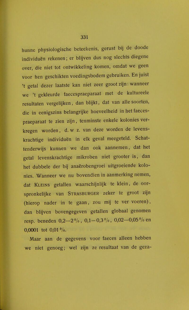 hunne physiologische beteekenis, gerust bij de doode individuen rekenen; er blijven dus nog slechts diegene over, die niet tot ontwikkeling komen, omdat we geen voor hen geschikten voedingsbodem gebruiken. En juist 't getal dezer laatste kan niet zeer groot zijn: wanneer we 't gekleurde faecespraeparaat met de kultureele resultaten vergelijken, dan blijkt, dat van alle soorten, die in eenigszins belangrijke hoeveelheid in het faeces- praeparaat te zien zijn, tenminste enkele kolonies ver- kregen worden, d. w z. van deze worden de levens- krachtige individuen in elk geval meegeteld. Schat- tenderwijs kunnen we dan ook aannemen, dat het getal levenskrachtige mikroben niet grooter is, dan het dubbele der bij anaërobengroei uitgroeiende kolo- nies. Wanneer we nu bovendien in aanmerking nemen, dat Kleins getallen waarschijnlijk te klein, de oor- spronkelijke van Strasburger zeker te groot zijn (hierop nader in te gaan, zou mij te ver voeren), dan blijven bovengegeven getallen globaal genomen resp. beneden 0,2—2%, 0,1-0,3%, 0,02-0,05% en 0,0001 tot 0,01 %. Maar aan de gegevens voor faeces alleen hebben we niet genoeg; wel zijn ze resultaat van de geza-