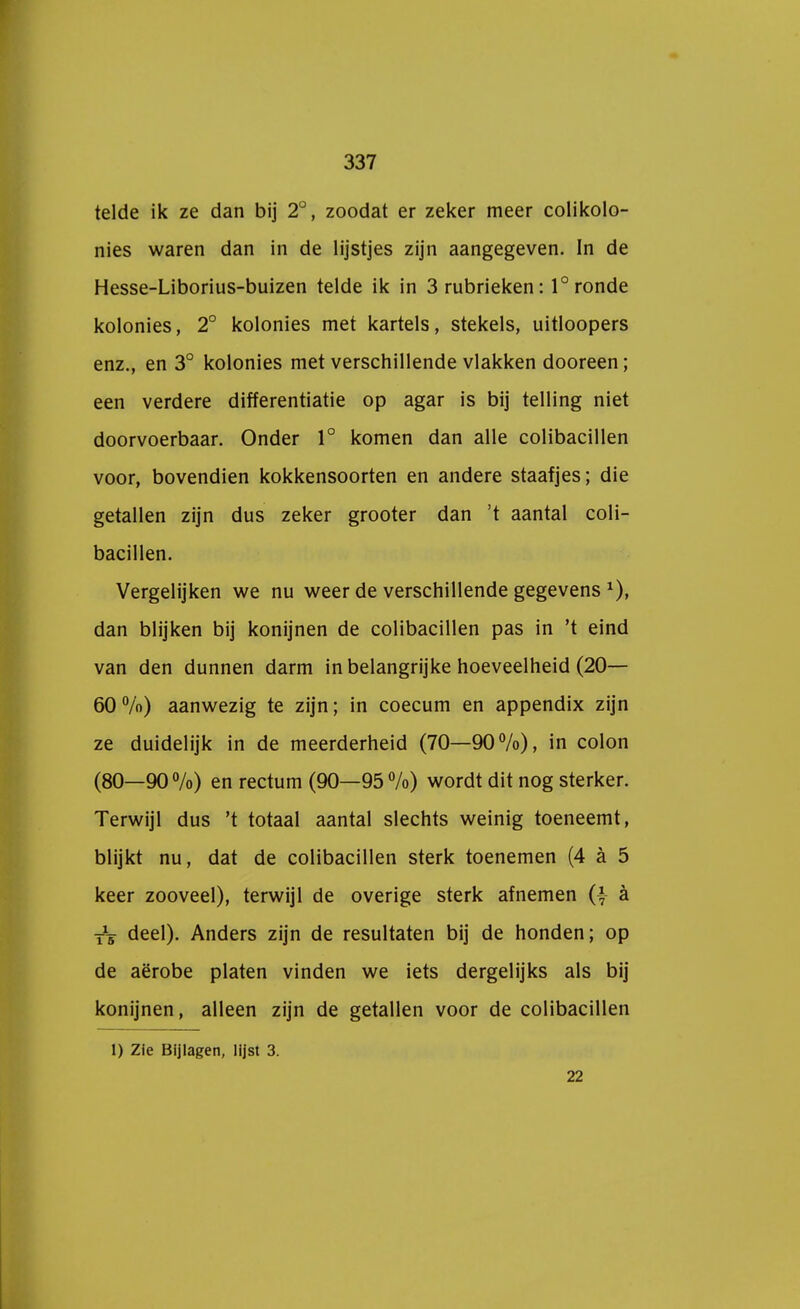 telde ik ze dan bij 2°, zoodat er zeker meer colikolo- nies waren dan in de lijstjes zijn aangegeven. In de Hesse-Liborius-buizen telde ik in 3 rubrieken: 1°ronde kolonies, 2° kolonies met kartels, stekels, uitloopers enz., en 3° kolonies met verschillende vlakken dooreen; een verdere differentiatie op agar is bij telling niet doorvoerbaar. Onder 1° komen dan alle colibacillen voor, bovendien kokkensoorten en andere staafjes; die getallen zijn dus zeker grooter dan 't aantal coli- bacillen. Vergelijken we nu weer de verschillende gegevens1), dan blijken bij konijnen de colibacillen pas in 't eind van den dunnen darm in belangrijke hoeveelheid (20— 60%) aanwezig te zijn; in coecum en appendix zijn ze duidelijk in de meerderheid (70—90%), in colon (80—90%) en rectum (90—95 %) wordt dit nog sterker. Terwijl dus 't totaal aantal slechts weinig toeneemt, blijkt nu, dat de colibacillen sterk toenemen (4 a 5 keer zooveel), terwijl de overige sterk afnemen (-* a deel). Anders zijn de resultaten bij de honden; op de aërobe platen vinden we iets dergelijks als bij konijnen, alleen zijn de getallen voor de colibacillen 1) Zie Bijlagen, lijst 3. 22
