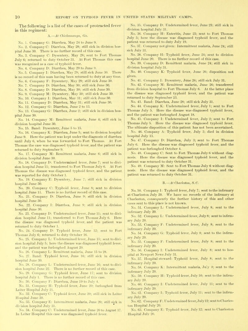 The following- is a list of the cases of protracted fever in this regiment: A.—At Chickamauga, Ga. No. 1. Company G: Diarrhea, May 24 to June 9. No. 2. Company C: Diarrhea, May 28; still sick in division hos- pital June 30. There is no further record of this case. No. 3. Company C: Dysentery, May 28; sent to Fort Thomas July 6; returned to duty October 31. At Fort Thomas this case was recognized as a case of typhoid fever. No. 4. Company D: Diarrhea, May 29 to June 9. No. 5. Company I: Diarrhea, May 29; still sick June 30. There is no record of this man having been returned to duty at any time. No. 6. Company F: Dysentery, May 29; still sick June 30. No. 7. Company D; Diarrhea, May .30; still sick June 30. No. 8. Company D: Diarrhea, May 30; still sick June 30. No. 9. Company M: Dysentery, May 30; still sick June 30. No. 10. Company I: Diarrhea, May 31; still sick June 30. No. 11. Company D: Diarrhea, May 31; still sick June 30. No. 12. Company G: Diarrhea, June 2 to 13. No. 13. Company G: Diarrhea, June 2; still sick in division hos- pital June 30. No. 14. Company M: Remittent malaria, June 4; still sick in division hospital June 30. No. 15. Band: Dysentery, June 5 to 15. No. 16. Company K: Diarrhea, June 5; sent to division hospital June 9. Here the patient was kept under the diagnosis of diarrhea until July 6, when he was forwarded to Fort Thomas. At Fort Thomas the case was diagnosed typhoid fever, and the patient was returned to duty September 9. No. 17. Company M: Remittent malaria, June 6; still sick in division hospital June 30. No. 18. Company D: Undetermined fever, June 7; sent to divi- sion hospital June 11; transferred to Fort Thomas July 6. At Fort Thomas the disease was diagnosed typhoid fever, and the patient, was reported for duty October 1. No. 19. Company E: Dysentery, June 7; still sick in division hospital June 30. No. 20. Company C: Typhoid fever, June 8; sent to division hospital June 11. There is no further record of this case. No. 21. Company D: Diarrhea, June 9; still sick in division hospital June 30. No. 22. Company I: Diarrhea, June 9; still sick in division hospital June 30. No. 23. Company D: Undetermined fever, June 11; sent to divi- sion hospital June 11; transferred to Fort Thomas July 6. Here the disease was diagnosed typhoid fever, and the patient was returned to duty October 1. No. 24. Company D: Typhoid fever, June 12; sent to Fort Thomas July 6; returned to duty October 16. No. 25. Company L: Undetermined fever, June 15; sent to divi- sion hospital July 5; here the disease was diagnosed typhoid fever, and the patient was furloughed August 20. No. 26. Company L: Remittent malaria, June 15 to 28. No. 27. Band: Typhoid fever, June 16; still sick in division hospital June 30. No. 28. Company L: Undetermined fever, June 16; sent to divi- sion hospital June 22. There is no further record of this case. No. 29. Company G: Typhoid fever, June 17; sent to division hospital July 1. There is no further record of this case. No. 30. Company F: Diarrhea, June 19 to July 4. No. 31. Company H: Typhoid fever, June 20; furloughed from Leiter Hospital July 21. No. 32. Company C: Typhoid fever, June 20; still sick in Leiter Hospital June 30. No. 33. Company E: Intermittent malaria, June 20; still sick in division hospital July 31. No. 34. Company C: Undetermined fever, June 20 to August 17. In Leiter Hospital this case was diagnosed typhoid fever. No. 35. Company D: Undetermined fever, June 23; still sick in division hospital July 31. No. 36. Company H: Enteritis, June 23; sent to Fort Thomas July 5; here the disease was diagnosed typhoid fever, and the patient was returned to duty July 19. No. 37. Company not given: Intermittent malaria, June 24; still sick July 31. No. 38. Company H: Typhoid fever, June 24; sent to division hospital June 20. There is no further record of this case. No. 39. Company D: Remittent malaria, June 24; still sick in division hospital July 31. No. 40. Company K: Typhoid fever, June 26; disposition not given. No. 41. Company I: Dysentery, June 26; still sick July 31. No. 42. Company M: Remittent malaria, June 26; transferred from division hospital to Fort Thomas July 6. At the latter place the disease was diagnosed typhoid fever, and the patient was returned to duty September 23. No. 43. Band: Diarrhea, June 28; still sick July 31. No. 44. Company K: Undetermined fever, July 1; sent to Fort Thomas July 5. Here the disease was diagnosed typhoid fever, and the patient was furloughed August 18. No. 45. Company I: Undetermined fever, July 2; sent to Fort Thomas July 5. Here the disease was diagnosed typhoid fever. The ultimate disposition of this patient has not been ascertained. No. 46. Company .4: Typhoid fever, July 3; died in division hospital July 13. No. 47. Company D: Diarrhea, July 3; sent to Fort Thomas July 6. Here the disease was diagnosed typhoid fever, and the patient was furloughed October 4. No. 48. Company C: Sent to Fort Thomas July 6 without diag- nosis. Here the disease was diagnosed typhoid fever, and the patient was returned to duty October 31. No. 49. Company M: Sent to Fort Thomas July 6 without diag- nosis. Here the disease was diagnosed typhoid. fever, and the patient was returned to duty October 31. B.—Al- Charleston, S. C. No. 50. Company I: Typhoid fever, July 7; sent to the infirmary at Charleston July 20. We have no records of the infirmary at Charleston, consequently the further history of this and other cases sent to this place is not known. No. 51. Company L: Undetermined fever, July 8; sent to the infirmary Julj' 20. No. 52. Company L: Undetermined fever, July 8; sent to infirm- ary July 20. No. 53. Company F: Undetermined fever, July 8; sent to the infirmary July 20. No. 54. Company G: Typhoid fever, July 8; sent to the infirm- ary July 20. No. 55. Company F: Undetermined fever, July 8; sent to the infirmary July 20. No. 56. Company I: Undetermined fever, July 8; sent to hos- pital at Newport News July 31. No. 57. Hospital steward: Typhoid fever, July 8; sent to the infirmary July 20. No. 58. Company K: Intermittent malaria, July 9; sent to the infirmary July 20. No. 59. Company H: Typhoid fever, July 10; sent to the infirm- ary July 20. No. 60. Company I: Undetermined fever, July 11; sent to the infirmary July 20. No. 61. Company I: Typhoid fever, July 11; sent to the infirm- ary July 20. No. 62. Company F: Undetermined fever, Julyl2; senttoCharies- ton Hospital July 20. No. 63. Company E: Typhoid fever, July 12; sent to Charleston Hospital July 20.