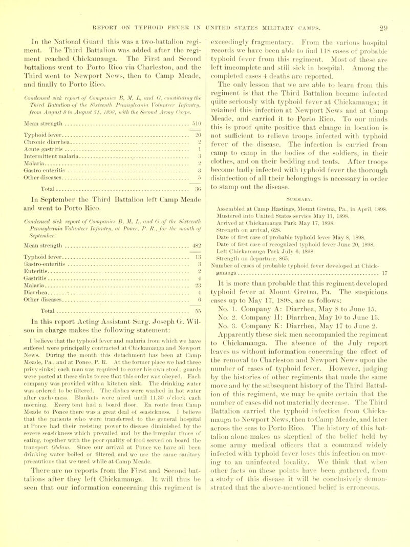 111 the National Guai'd this was a two-l:>attalion regi- ment. The Third Battalion was added after the regi- ment reached Chickamauga. The First and Second battalions went to Porto Rico via Charleston, and the Third went to Newport News, then to Camp Meade, and finally to Porto Rico. Condensed sick report of Companies B, M, L, and G', ronstitiiting the Third Battalion of the Sixteenth Pennsylvania Volunteer Infantri/, front August S to August SI, 1898, with the Seeo7id Armij Corps. Mean strength 510 Typhoid fever 20 Chronic diarrhea 2 Acute gastritis I Intermittent malaria _ .'i Malaria 2 Gastro-enteritis 3 Other diseases 5 Total 3fi In September the Third Battalion left Camp Meade and went to Porto Rico. Condensed sick report of Companies B, M, L, and <l of tin- Sixteenth Pennsylvania Volunteer Infantry, at Ponce, P. P., for the month of September. Mean strength 482 Typhoid fever 13 Gastro-enteritis 3 Enteritis 2 Gastritis 4 Malaria 23 Diarrhea i 4 Other diseases 6 Total 55 In this report Acting Assistant Surg. Joseph G. Wil- son in charge makes the following statement: I believe that the typhoid fever and malaria from which we have suffered were principally contracted at Chickamauga and Newiiort News. During the month this detachment has been at Camp Meade, Pa., and at Ponce, P. R. At the former place we had three privy sinks; each man was required to cover his own stool; guards were posted at these sinks to see that this order was obeyed. Each company was provided with a kitchen sink. The drinking water was ordered to be filtered. The dishes were washed in hot water after each«mess. Blankets were aired until 11.30 o'clock each miirning. Every tent had a board floor. En route from Camp Meade to Ponce there was a great deal of seasickness. I believe that the patients who were transferred to the general hospital at Ponce had their resisting power to disease diminished by the severe seasickness which prevailed and by the irregular times of eating, together with the poor quality of food served on board the transport Obdanu Since our arrival at Ponce we have all been drinking Avater boiled or filtered, and we use the same sanitary precautions that we used while at Camp Meade. There are no reports from the First and Second bat- talions after they left Chickamauga. It will thus be seen that our information concerning this regiment is exceedingly fragmentary. From the various hospital records we have been able to find 118 cases of probable typhoid fever from this regiment. Most of these are left imcomplete and still sick in hospital. Among the completed cases 1 deaths are reported. The only lesson that we are able to learn from this regiment is that the Third Battalion became infected quite seriously with typhoid fever at Chickamauga; it retained this infection at Newport News and at Camp Meade, and carried it to Porto Rico. To our minds this is proof quite positive that change in location is not sufHcient to relieve troops infected with typhoid fever of the disease. The infection is carried from camp to camp in the bodies of the soldiers, in their I clothes, and on their bedding and tents. After troops become ])adly infected witli typhoid fever the thorough disinfection of all their belongings is necessary in order to stamp out the disease. Summary. Assembled at Camp Hastings, Mount Gretna, Pa., in April, 1898. Mustered into United States service May 11, 1898. Arrived at Chickamauga Park May 17, 1898. Strength on arrival, 628. Date of first case of probable typhoid fever May 8, 1898. Date of first case of recognized typhoid fever .June 20, 1898. Left Chickamauga Park July 6, 1898. Sti'engtli on departure, 865. Number of cases of probable typhoid fever developed at Chick- amauga 17 It is more than proljable that this regiment developed i typhoid fever at Mount Gretna, Pa. The suspicious I cases up to Ma}' 17, 1898, are as follows: No. 1. Company A: Diarrhea, May 8 to June 15. No. 2. Company H: Diarrhea, May 10 to June 15. No. 3. Company K: Diarrhea, May 17 to June 2. Apparent]}' these sick men accompanied the regiment to Chickamauga. The absence of the July report leaves us without information concerning the etfect of the removtil to Charleston and Newport News upon the number of cases of typhoid fever. However, judging by the histories of other regiments that made the same move and by the subsequent histor}' of the Third Battal- ion of this regiment, we may be ([lute certain that the number of cases did not materially decrease. The Third Battalion carried the typhoid infection from Chicka- mauga to Newport News, then to Camp Meade, and later across the seas to Porto Rico. Tlie history of this Ixit- talion alone makes us skeptical of the belief held by some army medical otiicers that a command widely infected with typhoid fever loses this infection on mov- ing to an uninfected locality. We think that when other facts on these points have been gathered, fi'om a study of this disease it will be conclusively denion- i strated that the above-mentioned belief is erroneous.