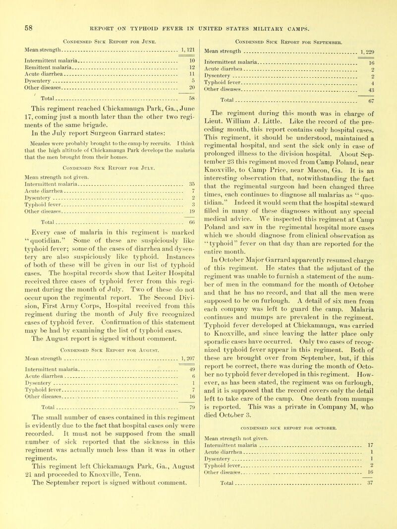 Condensed Sick Report for June. Mean strength 1,121 Intermittent malaria 10 Remittent malaria 12 Acute diarrhea 11 Dysentery 5 Other diseases 20 Total 58 This regiment reached Chickamauga Park, Ga., June 17, coming just a month later than the other two regi- ments of the same brigade. In the July report Surgeon Garrard states: Measles were probably brought to the camp by recruits. I think that the high altitude of Chickamauga Park develops the malaria that the men brought from their homes. Condensed Sick Report for July. Mean strength not given. Intermittent malaria 35 Acute diarrhea 7 Dysentery 2 Typhoid fever 3 Other diseases 19 Total 66 Every case of malaria in this regiment is marlved quotidian. Some of these are suspiciousl^y like tj^phoid fever; some of the cases of diarrhea and dysen- ter}^ are also suspiciously like typhoid. Instances of both of these will be given in our list of typhoid cases. The hospital records show that Leiter Hospital received three cases of tj'phoid fever from this regi- ment during the month of Jul}'. Two of these do not occur upon the regimental report. The Second Divi- sion, First Army Corps, Hospital received from this regiment during the month of Jidy five recognized cases of typhoid fever. Confirmation of this statement may be had by examining the list of typhoid cases. The August report is signed without comment. Condensed Sick Report for August. Mean strength 1, 207 Intermittent malaria 49 Acute diarrhea 6 Dysentery 1 Typhoid fever 7 Other diseases 16 Total 79 The small number of cases contained in this regiment is evidently due to the fact that hospital cases only were recorded. It must not be supposed from the small number of sick reported that the sickness in this regiment was actually much less than it was in other regiments. This regiment left Chickamauga Park, Ga., August 21 and proceeded to Knoxville, Tenn. Condensed Sick Report for September. Mean strength 1,229 Intermittent malaria 16 Acute diarrhea 2 Dysentery 2 Typhoid fever 4 Other diseases 43 Total 67 The regiment during this month was in charge of Lieut. Will iam J. Little. Like the I'ecord of the pre- ceding month, this report contains only hospital cases. This regiment, it should be understood, maintained a regimental hospital, and sent the sick only in case of prolonged illness to the division hospital. About Sep- tember 23 this regiment moved from Camp Poland, near Knoxville, to Camp Price, near Macon, Ga. It is an interesting observation that, notwithstanding the fact that the regimental surgeon had been changed three times, each continues to diagnose all malarias as  quo- tidian. Indeed it would seem that the hospital steward filled in many of these diagnoses without any special medical advice. We inspected this regiment at Camp Poland and saw in the regimental hospital more cases which we should diagnose from clinical observation as typhoid fever on that da}' than are reported for the entire month. In October Major Garrard apparently resumed charge of this regiment. He states that the adjutant of the regiment was unable to furnish a statement of the num- ber of men in the command for the month of October and that he has no record, and that all the men were supposed to be on furlough. A detail of six men from each company was left to guard the camp. Malaria continues and mumps are prevalent in the regiment. Typhoid fever developed at Chickamauga, was carried to Knoxville, and since leaving the latter place only sporadic cases have occuri'ed. Only two cases of recog- nized typhoid fever appear in this regiment. Both of these are brought over from September, but, if this report be correct, there was during the month of Octo- ber no typhoid fever developed in this regiment. How- ever, as has been stated, the I'egiment was on furlough, and it is supposed that the record covers only the detail left to take care of the camp. One death from mumps is reported. This was a private in Company M, who died October 3. condensed sick report for October. Mean strength not given. Intermittent inalaria 17 Acute diarrhea 1 Dysentery 1 Typhoid fever 2 Other diseases 16