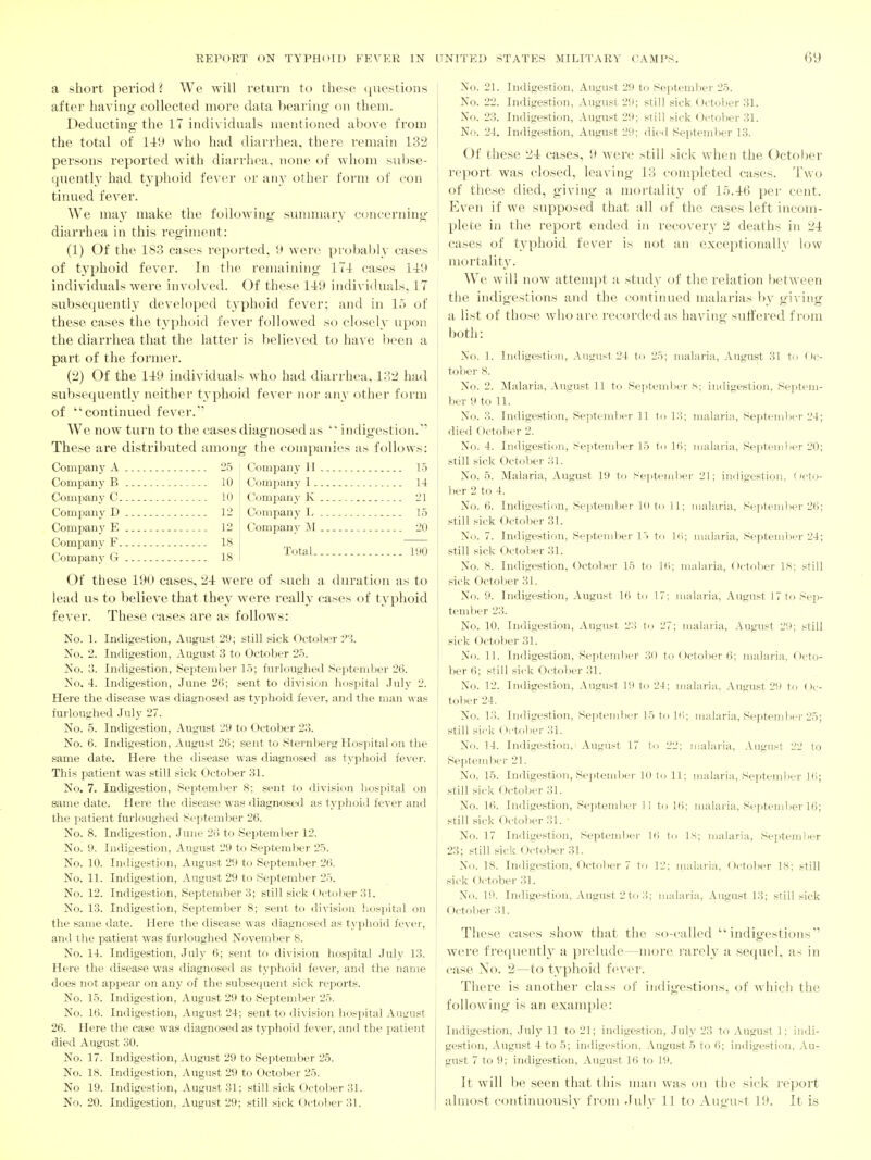 a short period? Wc will return to these ({uestions after having collected more data bearing on them. Deducting the IT indi\ iduals mentioned above from the total of liU who had diarrhea, there remain 132 persons reported with diai'rlioa, none of whom sul)se- quentlv had typhoid fever or any other form of con tinned fever. We may make the following sunnnary concerning diarrhea in this regiment: (1) Of the 183 cases reported, 9 were probably cases of typhoid fever. In the remaining 174 cases 1-19 individuals weie involved. Of these 119 individuals, 17 subsequently developed typhoid fever; and in 15 of these cases the typhoid fever followed so closely upon the diarrhea that the latter is believed to have been a part of the former. (2) Of the 119 individuals who had diarrhea, 132 had subsequently neither typhoid fever nor any other form of continued fever. We now turn to the cases diagnosed as indigestion/' These are distributed among the companies us follows: Company A 25 j Company 11 15 Company B 10 Company C 10 Comiiany D 12 Company E 12 Company F 18 Company G 18 Company 1 14 Company K 21 Company 1j 15 Company SI 20 Total 190 Of these 190 cases, 21 were of such a duration as to lead us to believe that they were really cases of typhoid fever. These cases are as follows; No. 1. Indigestion, August 29; still sick October No. 2. Indigestion, August 3 to October 25. No. o. Indigestion, SeptemVjer 15; furloughed September 26. No. 4. Indigestion, June 26; sent to division hospital July 2. Here the disease was diagnosed as typhoid fever, and the man was furloughed July 27. No. 5. Indigestion, August 29 to October 2:i. No. 6. Indigestion, August 26; sent to Stei'nberg Hospital on the same date. Here the disease was diagnosed as typhoid fever. This patient was still sick October .31. No. 7. Indigestion, September 8; sent to division liospital on same date. Here the disease was diagnoses! as typlKjid fever and the patient furloughed September 26. No. 8. Indigestion, June 26 to September 12. No. 9. Indigestion, August 29 to September 25. No. 10. Indigestion, August 29 to September 26. No. 11. Indigestion, August 29 to September 25. No. 12. Indigestion, September 3; still sick October 81. No. 13. Indigestion, September 8; sent to division hospital on the same date. Here the disease was diagnosed as typhoid fever, and the patient was furloughed November 8. No. 14. Indigestion, July 6; sent to division hospital July 13. Here the disease was diagnosed as t3'phoid fever, and the name does not appear on any of the subsequent sick reports. No. 15. Indigestion, August 29 to September 25. No. 16. Indigestion, August 24; sent to division hospital August 26. Here the case was diagnosed as typhoid fever, and the jiatient died August 30. No. 17. Indigestion, August 29 to September 25. No. 18. Indigestion, August 29 to October 25. No 19. Indigestion, August 31; still sick October 31. No. 20. Indigestion, August 29; still sick October 31. No. 21. Indigestion, August 29 to September 25. No. 22. Indigestion, August 29; still sick ()ctol)er 31. No. 23. Indigestion, August 29; still sick (;)ctober 31. N(i. 24. Indigestion, August 29; died Septeml>er 13. Of these 24 cases, 9 were still sick when the October report was closed, leaving 13 completed cases. Two of these died, giving a mortality of 15.46 per cent. Even if we supposed that all oi the cases left incom- plete in the report ended in recoverv 2 deaths in 24 cases of tvphoid fever is not an exceptionally low mortality. We will now attempt a study of the relation between the indigestions and the contiiuied malarias by giving a list of those who are recorded as having sutfei'ed from both: No. 1. Indigestion, August 24 to 25; malaria, August 31 to Oc- tol )er 8. No. 2. Malaria, August 11 to, Septem))er s; indigestion, Septem- ber 9 to 11. No. 3. Indigestion, Septenil)er 11 to IK; malaria, Septcnilii-r 24; died Octol)er 2. No. 4. Indigestifin, Seiiteniher 15 to 16; malaria, Seiiteuiller 20; still sick October 31. No. 5. Malaria, August 19 to September 21; indigestion. Octo- ber 2 to 4. No. 6. Indigestion, September 1(1 to 11; malaria, St-pteniber 26; still sick Octol)er 31. No. 7. Iniligestion, September 15 to Ki; malaria, Sejitembor 24; still sick October 31. No. 8. Indigestion, October 15 to Ki; malaria, Octolier IS; still sick October m. No. 9. Indige.stion, August 16 to 17; malaria, August 1 7 to Sep- tember 23. No. 10. In<ligestiou, August 23 to 27; malaria, August 29; still sick Octol ier 31. No. 11. Indigestion, Septeml)er 30 to <-)ctober 6; malaria, ()cto- ber 6; still sick October 31. No. 12. Indigestion, August 19 to 24; malaria, August 29 tfi Oc- tolier 24. No. 1.'!. Indigestion, September 15 to Kl; malaria, September 25; still sick ( K'tolier 31. No. 14. Indigestion, August 17 to 22; malaria, .Vngust 22 to September 21. No. 15. Indigestion, Sejitember 10 to 11; malaria, Septemlier 16; still sick October 31. No. 16. Indigestion, Septemlier 11 to 16; malai'ia, Scptemliei'16; still sick October 31. • No. 17 Indigestion, September Ki to ]S; malaria, Sejitember 23; still sick (Ictober 31. No. 18. Indigestion, October 7 to li'; malaria, Octolier 18; still sick October 31. No. 19. Indigestion, August 2 to 3; malaria, August 13; still sick October 31. These ca.ses show that the so-called indigestions' were frequently a prelude—more rarely a sequel, as in case No. 2—to typhoid fever. There is another class of indigestions, of which the following is an example: Indigestion, July 11 to 21; indigestion, July 23 to August 1; indi- gestion, August 4 to 5; indigestion, August 5 to 6; indigestion, .\u- gust 7 to 9; indigestion, August bi to 19. It will be seen that this man was on the sick report almost continuousiv from .Iidy 11 to Auynst 19. It is