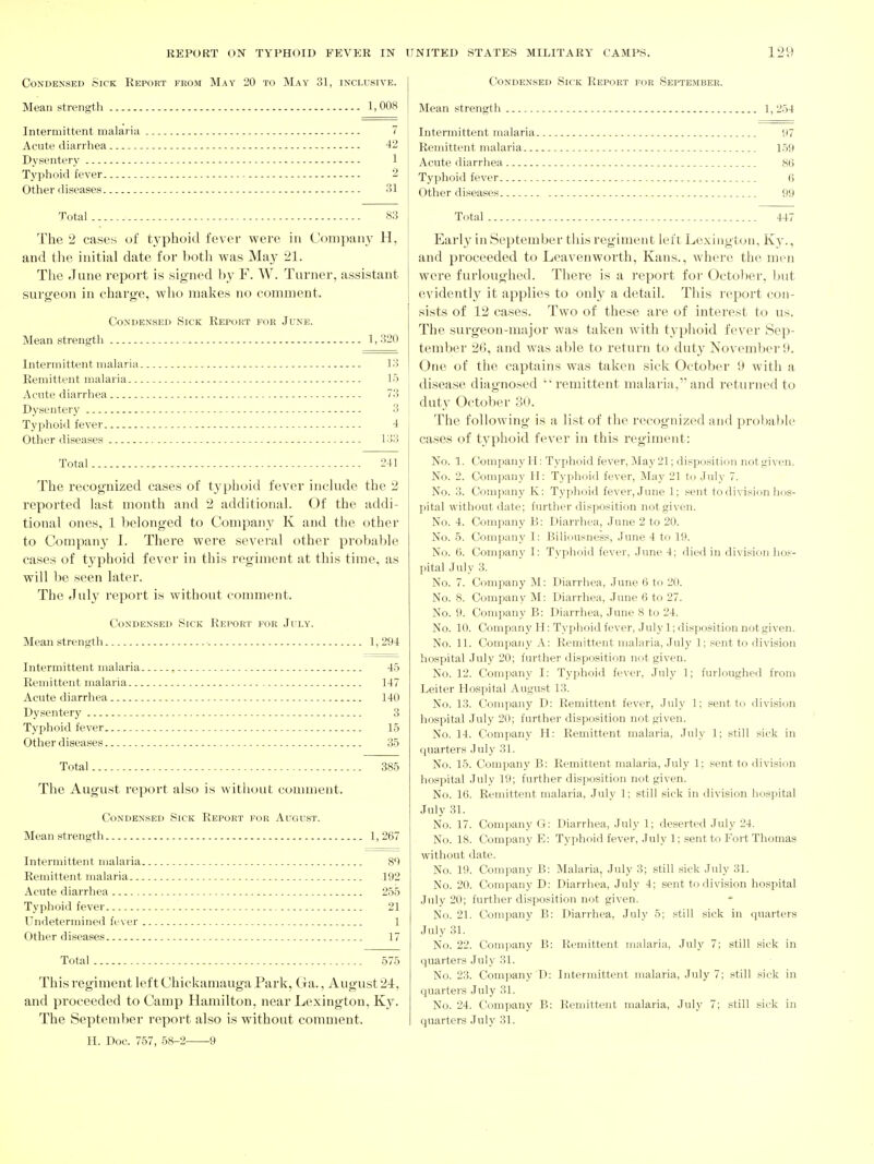 Condensed Sick Report from May 20 to May 31, inclusive. Mean strength 1, 008 Intermittent malaria 7 Acute diarrhea 42 Dysentery 1 Tyjjhoid fever 2 Other diseases 31 Total 83 The 2 cases of typhoid fever were in Company H, and the initial date for both was May 21. The June report is signed by F. W. Turner, assistant surgeon in charge, who nialves no comment. Condensed Sick Report for June. Mean strength 1,320 Intermittent malaria 13 Remittent malaria 15 Acute diarrhea 73 Dysentery 3 Typhoid fever 4 Other diseases 133 Total 241 The recognized cases of typhoid fever inchide the 2 reported last month and 2 additional. Of the addi- tional ones, 1 belonged to Company K and the other to Contpany 1. There were several other probable cases of typhoid fever in this regiment at this time, as will be seen later. The July report is without comment. Condensed Sick Report for July. Mean strength 1,294 Intermittent malaria 45 Remittent malaria 147 Acute diarrhea 140 Dysentery 3 Typhoid fever .- 15 Other diseases 35 Total - 385 The August report also is without coumient. Condensed Sick Report for August. Mean strength 1,267 Intermittent malaria 80 Remittent malaria ,192 Acute diarrhea 255 Typhoid fever _ 21 Undetermined fever 1 Other diseases 17 Total 575 This regiment left Chickamauga Park, Ga., August 24, and proceeded to Camp Hamilton, near Lexington, Ky. The September report also is without comment. H. Doc 757, 58-2 9 Condensed Sick Report for September. Mean strength 1,254 Intermittent malaria 97 Remittent malaria 159 Acute diarrhea 86 Typhoid fever 6 Other diseases 99 Total 447 Early in September this regiment left Lexington, Ky., and proceeded to Leavenworth, Kans., where the men were furloughed. There is a report for October, but evidently it applies to only a detail. This report con- sists of 12 cases. Two of these are of interest to us. The surgeon-major was taken with typhoid fever Sep- tember 26, and was able to return to duty November 9. One of the captains was taken sick October 9 with a disease diagnosed remittent malaria,and returned to duty October 30. The following is a list of the recognized and probable cases of typhoid fever in this regiment: No. 1. Company H: Typhoid fever, May 21; disposition not given. No. 2. Company II: Typhoid fever, May 21 ti) July 7. No. 3. Company K: Typhoid fever, June 1; sent to division hos- pital without date; further disposition not given. No. 4. Company B: Diarrhea, June 2 to 20. No. 5. Company I: Biliousness, June 4 to 19. No. 6. Company I: Typhoid fever, .June 4; ilied in division hos- pital July 3. No. 7. Company M: Diarrhea, June 6 to 20. No. 8. Company M: Diarrhea, June 6 to 27. No. 9. Company B: Diarrhea, June 8 to 24. No. 10. Company H: Typhoid fever, July 1; disposition not given. No. 11. Company A: Remittent malaria, July 1; sent to division hospital July 20; further disposition not given. No. 12. Company I: Typhoid fever, July 1; furloughed from Leiter Hospital August 13. No. 13. Company D: Remittent fever, July 1; sent to division hospital July 20; further disposition not given. No. 14. Company H: Remittent malaria, July 1; still sick in quarters July 31. No. 15. Company B: Remittent malaria, July 1; sent to division hospital July 19; further disposition not given. No. 16. Remittent malaria, July 1; still sick in division hospital July 31. No. 17. Company G: Diarrhea, July 1; deserted July 24. No. 18. Company E: Typhoid fever, July 1; sent to Fort Thomas without date. No. 19. Company B: Malaria, July 3; still sick July 31. No. 20. Company D: Diarrhea, July 4; sent to division hospital July 20; further disposition not given. No. 21. Company B: Diarrhea, July 5; still sick in quarters July 31. No. 22. Company B: Remittent malaria, July 7; still sick in quarters July 31. No. 23. Company D: Intermittent malaria, July 7; still sick in quarters July 31. No. 24. Company B: Remittent malaria, July 7; still sick in quarters July 31.