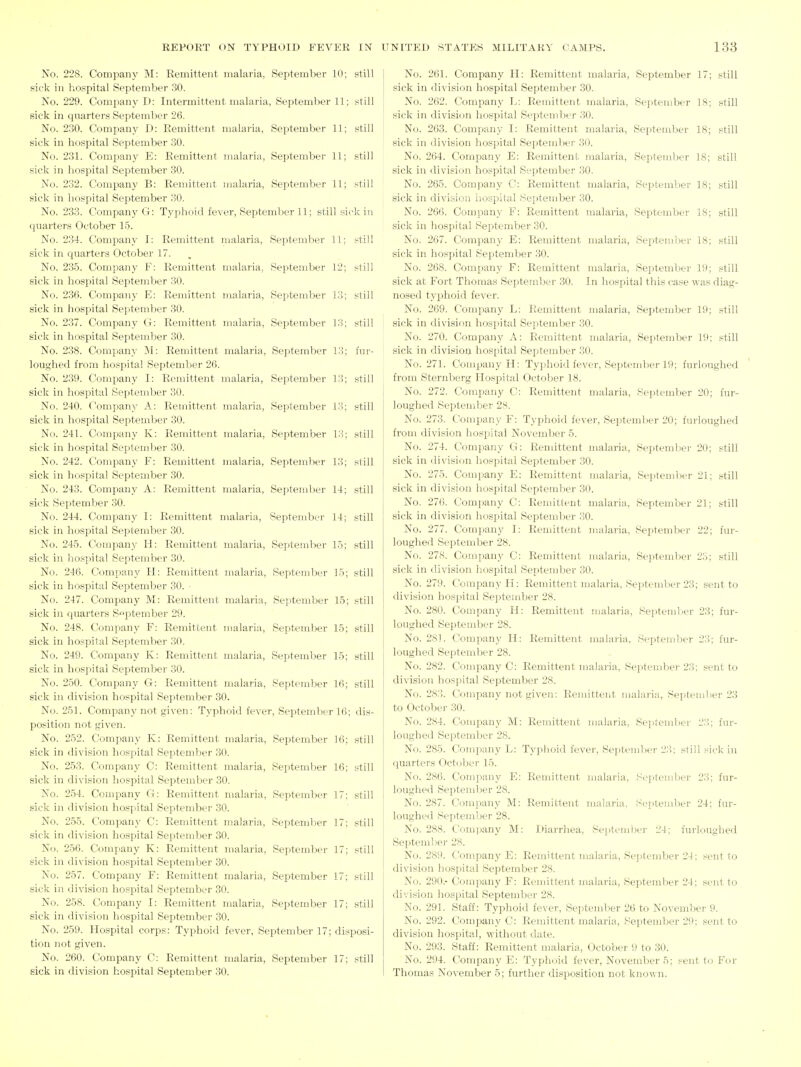 No. 228. Company M: Remittent malaria, September 10; still sick in hospital September .30. No. 229. Comj^any D: Intermittent malaria, September 11; still sick in quarters September 26. No. 230. Company D: Remittent malaria, September 11; still sick in hospital September 30. No. 231. Company E: Remittent malaria, September 11; still sick in hospital September 30. No. 232. Company B: Remittent malaria, September 11; still sick in hospital September oO. No. 233. Company G: Typhoid fever, Septemlier 11; still sick in quarters October 15. No. 234. Company I: Remittent malaria, SeiJtember 11; still sick in quarters October 17. No. 235. Company F: Remittent malaria, September 12; still sick in hospital September 30. No. 236. Company E: Remittent malaria, September 13; still sick in hospital September 30. No. 237. Company G: Remittent malaria, September 18; still sick in hospital September 30. No. 238. Company M: Remittent malaria, September 13; fur- loughed from hospital September 26. No. 239. Comj)any I: Remittent malaria, September 13; still sick in hospital September 30. No. 240. Company A: Remittent malaria, September 13; still sick in hospital September 30. No. 241. Company K: Remittent malaria, September 13; still sick in hospital September 30. No. 242. Company F: Remittent malaria, September 13; still sick in hospital September 30. No. 243. Company A: Remittent malaria, September 14; still sick September 30. No. 244. Company I: Remittent malaria, September 14; still sick in hospital September 30. No. 245. Company H: Remittent malaria, September 15; still sick in liospital September 30. No. 246. Company H: Remittent malaria, September 15; still sick in hospital September 30. ■ No. 247. Company M: Remittent malaria, September 15; still sick in quarters September 29. No. 248. Company F: Remittent malaria, September 15; still sick in hospital September 30. No. 249. Company K: Remittent malaria, September 15; still sick in hospital September 30. No. 250. Company G: Remittent malaria, September 16; still sick in division hospital September 30. No. 251. Company not given: Typhoid fever, September 16; dis- position not given. No. 252. Company K: Remittent malaria, September 16; still sick in division hospital September .30. No. 253. Company C: Remittent malaria, September 16; still sick in division hospital September 30. No. 254. Company G: Remittent malaria, September 17; still sick in division hospital September 30. No. 255. Company C: Remittent malaria, September 17; still sick in division hospital September 30. No. 256. Company K: Remittent malaria, September 17; still sick in division hospital September 30. No. 257. Company F: Remittent malaria, September 17; still sick in division hospital September 30. No. 258. Company I: Remittent malaria, September 17; still sick in division hospital September 30. No. 259. Hospital corps: Typhoid fever, September 17; disposi- tion not given. No. 260. Company C: Remittent malaria, September 17; still sick in division hospital September .30. No. 261. Company H: Remittent malaria, September 17; still sick in division hospital September 30. No. 262. Company L: Remittent malaria, September 18; still sick in division hospital September 30. No. 263. Company I: Remittent malaria, September 18; still sick in division hospital September 30. No. 264. Company E: Remittent malaria, September 18; still sick in division hosjiital September 30. No. 265. Company C: Remittent malaria, September 18; still sick in division hospital September 30. No. 266. Company F: Remittent malaria, September 18; still sick in hospital September 30. No. 267. Company E: Remittent malaria, Septemiier 18; still sick in hospital Sejatember 30. No. 268. Company F: Remittent malaria, Sei^tember 19; still sick at Fort Thomas September 30. In hospital this case was diag- nosed typhoid fever. No. 269. Company L: Remittent malaria, September 19; still sick in division hospital September 30. No. 270. Company A: Remittent malaria, September 19; still sick in division hospital September 30. No. 271. Company H: Typhoid fever, September 19; furloughed from Sternberg Hospital October 18. No. 272. Company C: Remittent malaria, September 20; fur- loughed September 28. No. 273. Company F: Typhoid fever, September 20; furloughed from division hospital November 5. No. 274. Company G: Remittent malaria, Septemiier 20; still sick in division hospital September 30. No. 275. Company E: Remittent malaria, Septemiier 21; .«till sick in division hospital September 30. No. 276. Company C: Remittent malaria, September 21; still sick in division hospital Septemiier 30. No. 277. Company I: Remittent malaria, September 22; fur- loughed September 28. No. 278. Company C: Remittent malaria, September 23; still sick in division hospital September 30. No. 279. Company H: Remittent malaria, Septemiier 23; sent to division hospital September 28. No. 280. Company H: Remittent malaria, September 23; fur- loughed September 28. No. 281. Company H: Remittent malaria, Septemiier 23; fur- loughed September 28. No. 282. Company C: Remittent malaria, Septembei- 23; sent to division hospital September 28. No. 2S,,. Company not given: Remittent malaria, Septemiier 23 to October 30. No. 284. Company M: Remittent malaria, Septemiier 23; fur- loughed September 28. No. 285. Company L: Typhoid fever, September 23; still sick in quarters October 15. No. 286. Comiiany E: Remittent malaria, Sepfeniber 23; fur- loughed September 28. No. 287. Company M: Remittent malaria, Septemiier 24: fur- loughed September 28. No. 288. Company M: Diarrhea, Septemiier 24; furloughed September 28. No. 289. Company E: Remittent malaria, September 24; sent to division hospital September 28. No. 290. Company F: Remittent malaria, September 24; sent to division hospital September 28. No. 291. Staff: Typhoid fever, September 26 to November 9. No. 292. Company C: Remittent malaria, September 29; sent to division hospital, vv'ithout date. No. 293. Staff: Remittent malaria, October 9 to 30. No. 294. Comi^any E: Typhoid fever, Novembers; sent to For Thomas November 5; further disposition not known.