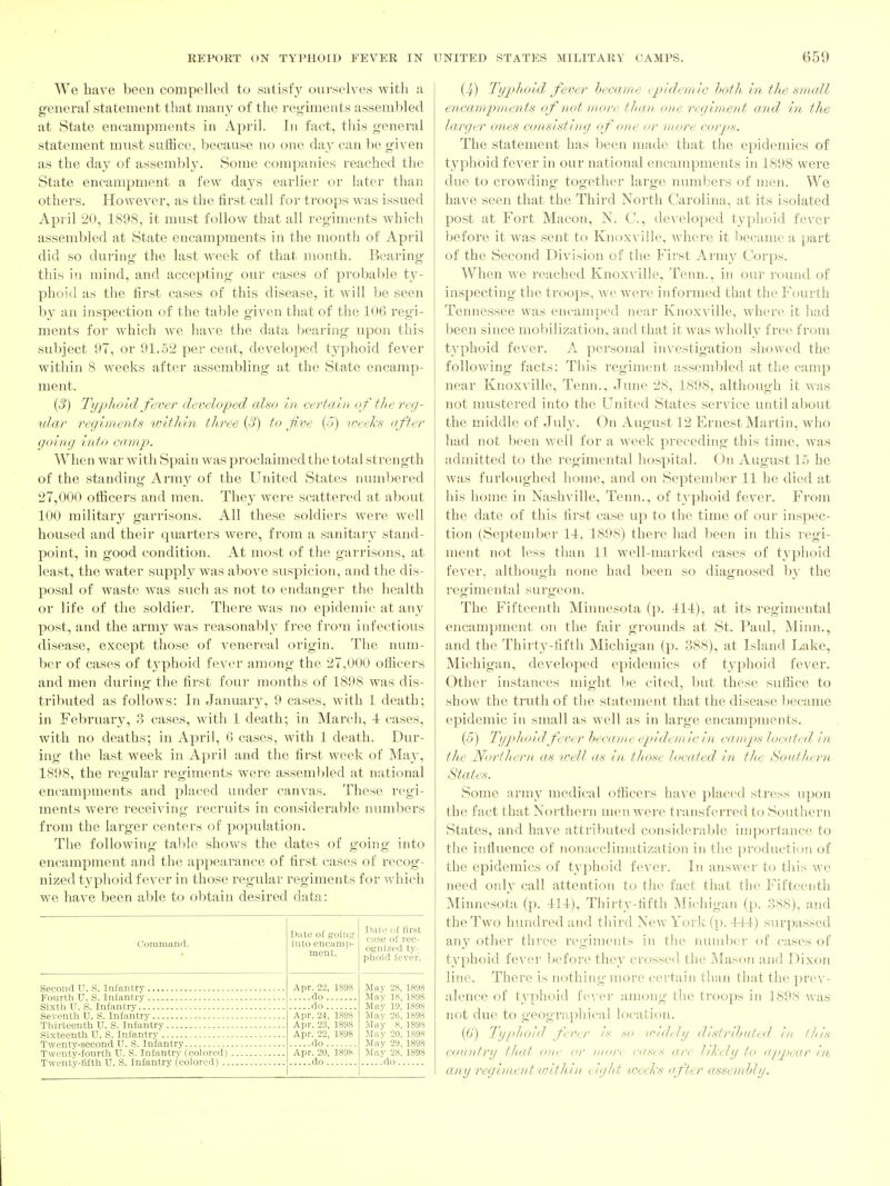 We have been compelled to satisfy ourselves with a general statement that many of the regiments assembled at State encampments in April. In fact, this general statement must suffice, because no one day can be given as the day of assembly. Some companies reached the State encampment a few days earlier or later than others. However, as the first call for troops was issued April 20, 1898, it must follow that all regiments which assembled at State encampments in the month of April did so during the last week of that month. Bearing this in mind, and accepting our cases of probable ty- phoid as the first cases of this disease, it will be seen by an inspection of the table given that of the 106 regi- ments for which we liave the data bearing upon this subject 97, or 91..52 per cent, developed t3^]jhoid fever within 8 weeks after assembling at the State encamp- ment. (3) Typhoid fever developed also in certain of thereg- ular regiments tnlthin three {3) to five (-?) v^eel:s after going into camp. When war with Spain was proclaimed the total strength of the standing Armj^ of the United States num])ered 27,000 officers and men. They were scattered at about 100 military garrisons. All these soldiers were well housed and their quarters were, from a sanitary stand- point, in g'ood condition. At most of the garrisons, at least, the water supply was above suspicion, and the dis- posal of waste was such as not to endanger the health or life of the soldier. There was no epidemic at any post, and the army was reasonably free from infectious disease, except those of venereal origin. The num- ber of cases of t3^phoid fever among the 27,000 officers and men during the first four months of 1898 was dis- tributed as follows: In January, 9 cases, with 1 death; in February, 3 cases, with 1 death; in March, 1 cases, with no deaths; in April, 6 cases, with 1 death. Dur- ing the last week in April and the first week of Ma}-, 1898, the regular regiments were assembled at national encampments and placed under canvas. These regi- ments Avere receiving recruits in considerable numbers from the larger centers of population. The following table shows the dates of going into encampment and the appearance of first cases of recog- nized typhoid fever in those regular regiments for which we have been able to obtain desired data: Command. Second U. S. Infantry Fourth U. S. Infantry Sixth U. S. Infantry Seventh U. S. Infantry ■ Thirteenth U. S. Infantry Sixteenth U. S. Infantry Twenty-second U. S. Infantry Twenty-fourth XJ. S. Infantry (colored) , Twenty-fifth U. S. Infantry (colored) .. Date of goins into encamp- ment. Apr. 22, 1S98 do do Apr. 24, 1898 Apr. 23, 1898 Apr. 22, 1898 do Apr. 20, 1898 do Dale of first case of rec- ognized ty- phoid fever. Mav 28, Mav 18, Mav 19, Mav 26, May 8, Mav 20, Mav 29, May 28, .....do .. 1898 1898 1898 1898 189S 1898 1898 1898 (4) Tijplioid fever became epidemic hoth in the small encampments of not more than one regiment and in the larger ones consisting (f one or more corps. The statement has 1)een made that the epidemics of typhoid fever in our national encampments in 1898 were due to crowding tog-ether large numbers of men. We have seen that the Third North Carolina, at its isolated post at Fort Macon, N. C, developed typhoid fever before it was sent to Knowille, where it became a part of the Second Division of the First Army Corps. When we reached Ivnoxville, Tenn., in our round of inspecting the troops, we were informed that the Fourth Tennessee was encamped near Knoxville, where it had been since mobilization, and that it was wholly free from typhoid fever. A personal investigation showed the following facts: This regiment assembled at the camp near Knoxville, Tenn., June 28, 1898, although it was not mustered into the United States service until aljout the middle of July. On August 12 Ernest Martin, who had not been well for a week preceding this time, was admitted to the regimental hospital. On August lU he was furloughed home, and on September 11 he died at his home in Nashville, Tenn., of typhoid fever. From the date of this first case up to the time of our inspec- tion (September 11, 1898) there had been in this regi- ment not less than 11 well-marked cases of typhoid fever, although none had been so diagnosed hy the regi men ta 1 s u r geo n. The Fifteenth Minnesota (p. Ill), at its regimental encampment on the fair grounds at St. Paul, Minn., and the Thirty-fifth Michigan (p. 388), at Island Lake, Michigan, developed epidemics of typhoid fever. Other instances might be cited, but these suffice to show the truth of the statement that the disease Ijccame epidemic in small as well as in large encampments. (5) Typhoid fever became epidem ic in camps loc(ded in the Northern as irell as in those located in the tSouthc/'n States. Some army medical officers have placed stress upon the fact that Northern men were transferred to Southern States, and have attributed considerable importance to the influence of nonacclimatization in the production of the epidemics of tvphoid fever. In answer to tliis we need only call attention to the fact that the Fifteenth Minnesota (p. 411), Thirty-fifth Michigan (p. 388), and the Two hundred and third New York (p.-1-il) surpassed any other three regiments in the number of cases of typhoid fever Ijefore the^^ crossed the Mason and Dixon line. There is nothing more certain than that the pnn'- alence of typhoid fever among tlie troops in 1898 was not due to geographical location. (6') Typhoid fei'er is so iridely distrihuteil in this couldry that one or more cases are li/icly to appjear in any regimod■antJiin ,:ight u:eeks after assendjly.