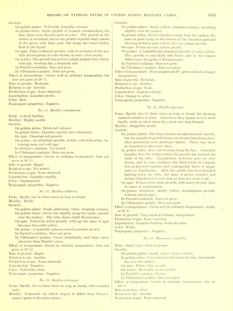 Growth: On gelatin plates: Yellowish, irregular colonies. In gelatin tubes: Slight growth of isolated colonies along the line; these soon become pink in color. The growth at the surface is al)undant, and as the gelatin liquefies large masses of the germ, with faint pink tint along the lower border, float in the liquid. On agar: Faint yellowish growth, with no evidence of the pos- sible development of color shown on some other media. On potato: The growth has at first a slight pinkish tint, which, with age, develops into a beautiful red. In Parietti's solution: Does not gi'ow. In Uffelmann's gelatin: Does not grow. Effect of temperature: Grows well at ordinary temperature, but does not grow at 38° C. Rate of growth: Moderate. Relation to air: Aerobic. Production of gas: None observed. Liquefaction: Liquefies slowly. Color: Red. Toxicogenic properties: Negative. No. 21. Bacillus cinnabareus. Form: A short bacillus. Motility: Highly motile. Growth: On gelatin plates: Brick-red colonies. In gelatin tubes: Liquefies rapidly and completely. On agar: Cinnabar-red growth. On potato: An abundant growth, at first yellowish-white, be- coming more red with age. In Parietti's solution: Not tested. In Uffelmann's gelatin: Does not grow. Effect of temperature: Grows at ordinary temperature; does not grow at 38° C. Rate of growth: Rapid. Relation to air: Not tested. Production of gas: None observed. Liquefaction: Liquefies rapidly. Color: Cinnabar-red. Toxicogenic properties: Negative. , No. 22. Bacillus .mbflavus. Form: Bacilli, two to three times as long as broad. Motility: Motile. Growth: On gelatin plates: Small, glistening, white, irregular colonies. On gelatin tubes: Grows but slightly along the track; spreads over the surface. The tube shows slight fluorescence. On agar: Yellowish-white growth; with age the mass of agar becomes brownish yellow. On potato: A beautiful salmon-colored granular growth. In Parietti's solution: Does not grow. In Uffelmann's gelatin: Grows abundantly, and stains more intensely than Eberth's germ. Effect of temperature: Grows at ordinary temperature; does not grow at 38° C. Rate of growth: Rapid. Relation to air: Aerobic. Production of gas: None observed. Liquefaction: Negative. Color: Yellowish white. Toxicogenic properties: Negative. No. 23. Bacillus ochracens. Form: Bacilli, two to three times as long as broad, with rounded ends. Motility: Nonmotile (in which respect it differs from Zinuner- mann's germ of the same name). Growth: On gelatin plates: Small, yellow, irregular colonies, spreading slightly over the surface. In gelatin tubes: Slowly liquefies evenly from the surface, the mass of germ lying on the bottom of the liquefied part and showing at first a pale-yellow, then an orange growth. On agar: Forms an even yellow growth. On potato: A beautiful and abundant growth of ocher yellow. This growth is very thick and heavy, and in this respect differs from the germ of Zimmermann. In Parietti's solution: Does not grow. In Uffelmann's gelatin: Does not grow. Effect of temperature: Does not grow at 38°; grows well at ordinary temperature. Rate of growth: Moderate. Relation to air: Aerobic. Production of gas: None. Liquefaction: Liquefies slowly. Color: Orange to ocher. Toxicogenic properties: Negative. No. 24- Bacillus Jigurans. Form: Bacilli, two to three times as long as broad, but showing marked variation in form. Sometimes they appear as very short bacilli, while at other times they grow into long threads. Motility: Sluggishly motile. Growth: On gelatin plates: The deep colonies are spherical and smooth, but the superficial growth forms curved and interlacing lines, often presenting most grotesque figures. Plates may show no liquefaction after some days. In gelatin tubes: Does not develop along the line. Generally liquefies from the surface before the growth has reached the walls of the tube. Liquefaction, however, goes on very slowly, and in some instances the fluid is lost by evapora- tion as fast as it liquefies, and consequently there is appar- ently no liquefaction. After the gelatin has been liquefied halfway down the tube, the mass of germs subsides, and further liquefaction is very slow or does not occur at all. On agar: Forms a thin white growth, with heavy deposit often in water of condensation. On potato: Abundant, faintly yellow, mucilaginous grow-th, without raised edges. In Parietti's solution: Does not grow. In Uffelmann's gelatin: Does not grow. Effect of temperature: Grows well at ordinary temperature; feebly at 38° C. Rate of growth: Very rapid at ordinary temperature. Production of gas: None ol)served. Liquefaction: Liquefies halfway down the tube. Color: White. Toxicogenic properties: Negative. No. 25. Micrococcus aquatilis. Form: Small cocci, often in groups. Growth: On gelatin plates: Small, round, white colonies. In gelatin tubes: Very feeble growth along the line, but spread- ing over the surface. On agar: White, thin growth. On potato: Brownish, moist growth. In Parietti's solution: Grows. In Uffelmann's gelatin: Does not grow. Effect of temperature: Grows at ordinary temperature, also at 38° C. Rate of growth: Slow. Relation to air: Aerobic. Production of gas: None observed.