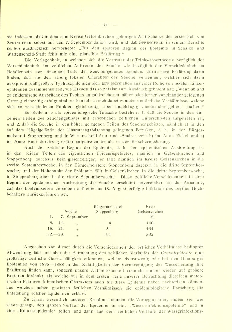 sie indessen, daß in dem zum Kreise Gelsenkirchen gehörigen Amt Schalke der erste Fall von Springfei.d selbst auf den 7. September datiert wird, und daß Springfhld in seinem Berichte (S. 56) ausdrücklich hervorhebt: „Für den späteren Beginn der Epidemie in Schalke und Wattenscheid-Stadt fehlt mir eine plausible Erklärung. Die Verlegenheit, in welcher sich die Vertreter der Trinkwassertheorie bezüglich der Verschiedenheit im zeitlichen Auftreten der Seuche wie bezüglich der Verschiedenheit im Befallensein der einzelnen Teile des Seuchengebietes befinden, dürfte ihre Erklärung darin finden, daß sie den streng lokalen Charakter der Seuche verkennen, welcher sich darin ausspricht, daß größere Typhusepidemien sich gewissermaßen aus einer Reihe von lokalen Einzel- epidemien zusammensetzen, wie Hirsch das so präzise zum Ausdruck gebracht hat: „Wenn ab und zu epidemische Ausbrüche des Typhus an zahlreicheren, näher oder ferner voneinander gelegenen Orten gleichzeitig erfolgt sind, so handelt es sich dabei zumeist um örtliche Verhältnisse, welche sich an verschiedenen Punkten gleichzeitig, aber unabhängig voneinander geltend machen. Es bleibt also als epidemiologische Tatsache bestehen: 1. daß die Seuche in den ein- zelnen Teilen des Seuchengebietes mit erheblichen zeitlichen Unterschieden aufgetreten ist, und 2. daß die Seuche in den höher gelegenen Teilen des Seuchengebietes, nämlich a) in den auf dem Hügelgelände der Haarstrangabdachung gelegenen Bezirken, d. h. in der Bürger- meisterei Stoppenberg und in Wattenscheid-Amt und -Stadt, sowie b) im Amte Eickel und c) im Amte Buer durchweg später aufgetreten ist als in der Emscherniederung. Auch der zeitliche Beginn der Epidemie, d. h. der epidemischen Ausbreitung ist in den beiden Teilen des eigentlichen Epidemiegebietes, nämlich in Gelsenkirchen und Stoppenberg, durchaus kein gleichzeitiger; er fällt nämlich im Kreise Gelsenkirchen in die zweite Septemberwoche, in der Bürgermeisterei Stoppenberg dagegen in die dritte September- woche, und der Höhepunkt der Epidemie fällt in Gelsenkirchen in die dritte Septemberwoche, in Stoppenberg aber in die vierte Septemberwoche. Diese zeitliche Verschiedenheit in dem Beginn der epidemischen Ausbreitung der Seuche erscheint unvereinbar mit der Annahme, daß das Epidemisieren derselben auf eine am 18. August erfolgte Infektion des Leyther Hoch- behälters zurückzuführen sei. Bürgermeisterei Kreis Woche Stoppenberg Gelsenkirchen 1.— 7. September — 16 8.—14. „ 6 140 15.—21. „ 51 464 22.-28. „ 91 332 Abgesehen von dieser durch die Verschiedenheit der örtlichen Verhältnisse bedingten Abweichung läßt uns aber die Betrachtung des zeitlichen Verlaufes der Gesamtepidemie eine großartige zeitliche Gesetzmäßigkeit erkennen, welche ebensowenig wie bei den Hamburger Epidemien von 1885—1888 in den Zufälligkeiten der Verunreinigung der Wasserleitung ihre Erklärung finden kann, sondern unsere Aufmerksamkeit vielmehr immer wieder auf größere Faktoren hinlenkt, als welche wir in dem ersten Teile unserer Betrachtung dieselben meteo- rischen Faktoren klimatischen Charakters auch für diese Epidemie haben nachweisen können, aus welchen neben gewissen örtlichen Verhältnissen die epidemiologische Forschung die Entstehung solcher Epidemien erklärt. Zu einem wesentlich anderen Resultat kommen die Vorbegutachter, indem sie, wie schon gesagt, den ganzen Verlauf der Epidemie in eine „Wasserinfektionsepidemie und in eine „Kontaktepidemie teilen und dann aus dem zeitlichen Verlaufe der Wasserinfektions-