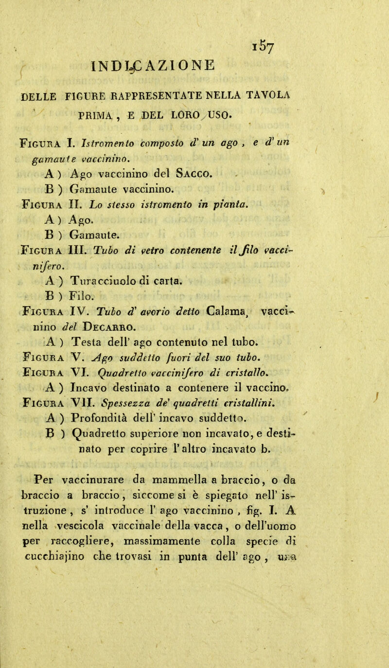 DELLE FIGURE RAPPRESENTATE NELLA TAVOLA PRIMA , E DEL LORO USO. FlGUUA I. Istromento composto d'un ago, e d'un gamaufe vaccinino. A) Ago vaccinino del Sacco. B ) Gamaute vaccinino. Figura II. Lo stesso istromento in pianta. A) Ago. B ) Gamaute. FiGUBA III. Tubo di vetro contenente iljilo vacci- nijero. A ) Turacciuolo di carta. B ) Filo. Figura IV. Tubo d' avorio detto Calama, vacci^ nino del Decarro. A ) Testa dell' ago contenuto nel tubo. Figura V. y4go suddetto fuori del suo tubo. Figura VI. Quadretto vaccinijero di cristallo^ A ) Incavo destinato a contenere il vaccino. Figura VII. Spessezza de' quadretti cristallini, A ) Profondità dell' incavo suddett». B ) Quadretto superiore non incavato, e desti- nato per coprire l'altro incavato b. Per vaccinurare da mammella a braccio, o da braccio a braccio, siccome si è spiegato nell'is- truzione , s' introduce 1' ago vaccinino , fìg. I. A nella vescicola vaccinale della vacca , o dell'uomo per raccogliere, massimamente colla specie di cucchiajino che trovasi in punta dell' ago ,