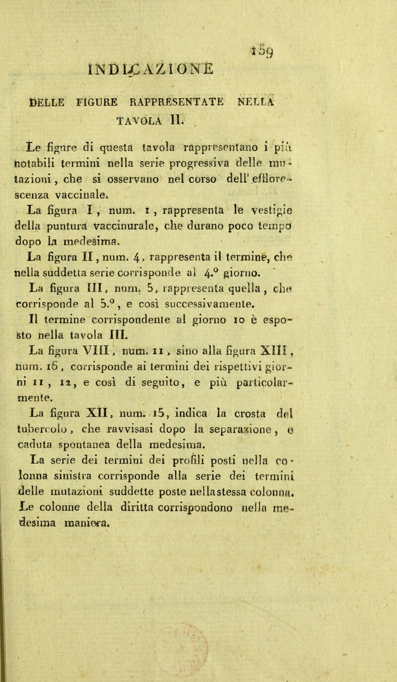 t)ELLE FIGURE RAPPRESENTATE NELLA TAVOLA IL Le figure di questa tavola rappresentano i più notabili termini nella serie progressiva delle mn- lazioni, che si osservano nel corso dell'efilore-* scenza vaccinale* La figura I , num. i , rappresenta le vestigie della puntura Vaccinurale, che durano poco tempo dopo La medesima. La figura II, num. 4> rappresenta il termine, che nella suddetta serie corrisponde ai 4»^ giorno. La figura IH, num. 5, rappresenta quella , cìw corrisponde al 5.*^, e così successivamente. Il termine corrispondente al giorno io è espo- sto nella tavola IlL La figura Vili, num. ii , sino alla figura XIII, hum. i6 , corrisponde ai termini dei rispettivi gior- ni ii , 12, e cosi di seguito, e più particolar- mente. La figura XII, num. i5, indica la crosta dfil tubercolo, che ravvisasi dopo la separagliene ^ © caduta spontanea della medesima. La serie dei termini dei profili posti nella co' lonna sinistra corrisponde alla serie dei termini delle mutazioni suddette poste nel la stessa colonna. Le colonne della diritta corrispondono nella me- desima maniera.